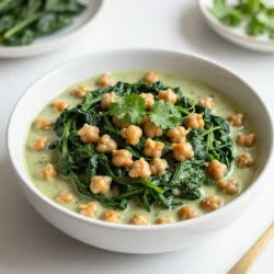 - 1 can (15 oz) chickpeas, drained and rinsed - 2 cups fresh spinach, washed and chopped - 1 can (14 oz) coconut milk Chickpeas are the star here. They provide protein and a nice texture. Spinach adds color and nutrition. Coconut milk gives the dish a creamy, rich taste. - 1 medium onion, finely chopped - 3 cloves garlic, minced - 1 tablespoon ginger, grated Onions add sweetness and depth. Garlic brings strong flavor, while ginger adds warmth. These aromatics form a tasty base for our curry. - 1 tablespoon olive oil - 1 tablespoon curry powder - 1 teaspoon turmeric powder - 1 teaspoon cumin seeds - Salt and pepper to taste Olive oil helps to cook and meld the flavors. Curry powder and turmeric give the dish its warm color and earthiness. Cumin seeds add a nutty taste, while salt and pepper round everything out. These ingredients work together to create a cozy, flavorful dish. Each one plays an important role in making this Chickpea Spinach Coconut Curry a hit. {{ingredient_image_1}} To start, I heat olive oil in a large pan over medium heat. I add cumin seeds and sautΓ© them for 1-2 minutes. This makes the seeds fragrant. Next, I add the finely chopped onion. I cook it for 5-7 minutes until it turns soft and translucent. After that, I stir in minced garlic and grated ginger. I cook these for another 1-2 minutes until they release their rich aroma. Now, itβs time to toast the spices. I sprinkle in curry powder and turmeric powder. I stir constantly for about 1 minute to bring out their flavors. Now, I pour in the can of coconut milk. I bring the mixture to a gentle simmer. This step creates a creamy base for my curry. Next, I add the drained chickpeas. I season with salt and pepper, letting it simmer for 10 minutes. This allows all the flavors to blend together beautifully. To finish, I stir in the washed and chopped spinach. I cook it for another 2-3 minutes until the spinach wilts. It adds a lovely green color and nutrients. After that, I taste the curry and adjust the seasoning if needed. Once Iβm satisfied with the flavors, I remove the pan from heat. Now, itβs time to serve hot, garnished with fresh cilantro on top. Balance Flavors To make a great curry, you must balance sweet and savory. The coconut milk adds creaminess and mild sweetness. Adjust the salt to bring out the flavors. Always taste as you cook. If it feels flat, add a pinch of salt. If itβs too salty, add a squeeze of lime or lemon. Ideal Cooking Temperature Keep the heat medium when cooking. Too high can burn the spices. Too low may not bring out their full flavor. You want the curry to simmer gently. This helps the chickpeas soak up all the tasty spices. Pairing with Rice or Naan This curry shines when served with rice or naan. The rice absorbs the sauce, making each bite delightful. Naan is perfect for dipping and scooping up every bit. Try basmati rice for a fragrant touch. Garnishing Options Garnish your curry with fresh cilantro. It adds a pop of color and fresh flavor. You can also add a dollop of yogurt for creaminess. A sprinkle of red pepper flakes adds a nice kick. Modifying Ingredient Amounts To make your curry spicier, increase the curry powder. You can also add more cumin seeds. Start with small amounts, tasting as you go. This helps you find the right heat for your taste. Adding Heat For extra heat, add fresh chili peppers or red pepper flakes. You can add them while toasting the spices. Another option is to stir in some chili paste at the end. This gives a nice punch without overwhelming the dish. Pro Tips Use Fresh Spinach: Fresh spinach adds a vibrant color and better flavor compared to frozen spinach. Make sure to wash and chop it right before adding it to the curry. Adjust Spice Levels: If you prefer a spicier dish, consider adding a pinch of red chili flakes or a diced chili pepper along with the garlic and ginger. Garnish with Lime: A squeeze of fresh lime juice just before serving can elevate the flavors and add a refreshing zing to the dish. Make it a Meal: Serve this curry with steamed rice or quinoa for a complete meal, packed with protein and nutrients. {{image_2}} You can easily switch up the protein in this curry. Tofu works great. It soaks up flavors well. Just press it first to remove excess water. Then, cut it into cubes and sautΓ© before adding it to the curry. You can also try other legumes. Beans like black beans or lentils can add a tasty twist. Just make sure to adjust the cooking time. Canned beans are quick, but dried beans need soaking and cooking. Adding more veggies makes this dish even better. Bell peppers can add color and crunch. Slice them into strips and toss them in with the onions. Carrots are another option. They add sweetness and texture. Chop them into small pieces and cook them with the onions. You can also mix in other greens like kale for extra nutrients. Don't be afraid to play with spices. Different spices can give your curry a new taste. Try adding garam masala for warmth. You could also experiment with curry blends from different regions. Herbs can also change the flavor. Fresh basil or mint can brighten the dish. Add them just before serving for the best taste. This way, you can make your curry unique every time. To store your Chickpea Spinach Coconut Curry, let it cool first. Transfer leftovers to an airtight container. The curry stays fresh for about 3 to 4 days in the fridge. Make sure to seal the container well to keep out air and moisture. You can freeze this curry for later use. First, let it cool completely. Place the curry in a freezer-safe container. Leave some space at the top for expansion. It will last up to 3 months in the freezer. Label the container with the date for easy tracking. Reheating the curry is easy. You can use the stove or microwave. For the stove, pour the curry into a pan and heat over low. Stir often to avoid burning. For the microwave, place the curry in a microwave-safe bowl. Heat in short bursts, stirring in between. Always check the temperature before serving to ensure it is hot throughout. You can use canned spinach, but fresh is better. Fresh spinach has more flavor and nutrients. Canned spinach often has added salt and a mushy texture. If you use canned, rinse it well to reduce salt. This way, you keep more taste and health benefits in your dish. Yes, this recipe is vegan-friendly. All the ingredients are plant-based. The chickpeas give protein, and coconut milk adds creaminess. You can enjoy this dish without any animal products. Itβs a great choice for vegans and anyone who loves plants. This recipe is already gluten-free! All the ingredients are safe for a gluten-free diet. If you serve it with rice, use gluten-free rice. Always check for gluten in any packaged items. This way, you enjoy the curry without worry. This blog post shows you how to make a tasty chickpea curry. You learned about the main ingredients, spices, and cooking steps. I shared tips to perfect your dish and suggested tasty variations. Plus, I provided storage and reheating advice. Curry is fun to make and easy to customize. You can adjust flavors and try new ingredients. I hope you enjoy cooking and eating your delicious chickpea curry!