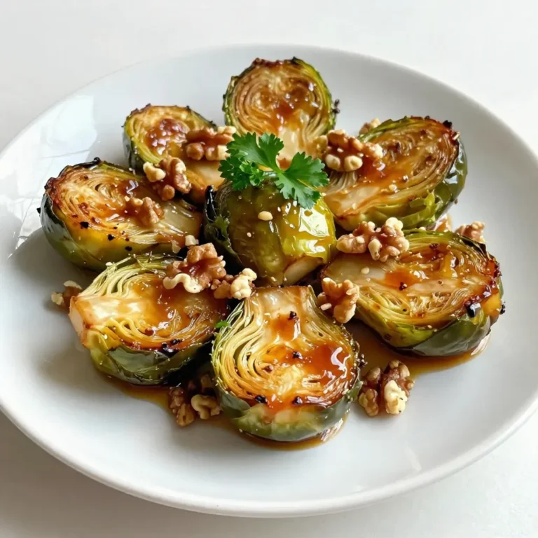Here’s what you need to make Maple Dijon Brussels Sprouts: - 1 lb Brussels sprouts, trimmed and halved - 2 tablespoons olive oil - 2 tablespoons pure maple syrup - 1 tablespoon Dijon mustard - 1 teaspoon garlic powder - Salt and pepper to taste - Optional: 1/4 cup walnuts, chopped - Optional: Fresh parsley, chopped for garnish Each ingredient plays a key role. The Brussels sprouts provide a hearty base. The olive oil helps with roasting, giving them a nice crisp. Maple syrup adds a sweet touch while the Dijon mustard adds tang. Garlic powder enhances the flavor, and salt and pepper bring balance. If you want some crunch, toss in walnuts. For a fresh finish, sprinkle parsley on top. These ingredients create a dish that is both tasty and fun! {{ingredient_image_1}} First, we need to preheat the oven. Set it to 400°F (200°C). This heat will help our Brussels sprouts become nice and crispy. Next, we prepare the Brussels sprouts. Trim the ends and cut them in half. This helps them cook evenly and absorb all the flavors. In a large mixing bowl, add the halved Brussels sprouts. Pour in 2 tablespoons of olive oil. Then, add 2 tablespoons of pure maple syrup and 1 tablespoon of Dijon mustard. Sprinkle in 1 teaspoon of garlic powder, along with salt and pepper to taste. Now, mix everything well. You want the sprouts to be fully coated in this tasty mixture. Take a baking sheet and spread the Brussels sprouts in a single layer. If you like a little crunch, add 1/4 cup of chopped walnuts on top. Now, place the baking sheet in the oven. Roast for 25-30 minutes. Halfway through, give the pan a good shake. This ensures even cooking. Your Brussels sprouts should turn golden brown and have crispy edges. Once done, take them out and let them cool for a few minutes. You can garnish with fresh parsley if you want before serving. Enjoy! To get those Brussels sprouts nice and crispy, start by cutting them in half. This helps them cook evenly. Make sure to space them out on the baking sheet. If they are too close, they will steam instead of roast. For even browning, shake the pan halfway through cooking. This flips them around and helps them crisp up. Place the baking sheet in the middle of the oven. This position allows hot air to circulate around the sprouts, giving them a nice golden color. You can play with the seasonings to find what you love. Try adding a pinch of cayenne pepper for heat. Smoked paprika gives a nice, rich flavor too. For a zestier touch, consider adding lemon zest or a splash of balsamic vinegar. Both add a burst of taste that pairs well with the sweetness of maple syrup. Garnishing can make your dish pop. Fresh parsley adds a lovely green touch and a hint of freshness. Try sprinkling some toasted nuts on top for crunch. If you want to impress, serve the Brussels sprouts in a beautiful bowl. The vibrant colors will catch everyone’s eye, making the dish even more inviting. Pro Tips Choose Fresh Brussels Sprouts: Look for bright green sprouts that are firm and tightly packed. Avoid any that are yellowing or have blemishes for the best flavor and texture. Don't Overcrowd the Baking Sheet: Make sure the Brussels sprouts are in a single layer with some space between them. This allows for proper roasting and helps them get crispy. Experiment with Flavor: Feel free to add other spices or ingredients like red pepper flakes for heat or balsamic vinegar for tanginess. This recipe is versatile! Serve Immediately: For the best texture, serve the Brussels sprouts right after roasting. They are most crispy and delicious when fresh out of the oven. {{image_2}} If you want to skip the walnuts, that’s easy. Just leave them out. You can still enjoy great texture. Try adding sunflower seeds or pumpkin seeds instead. These seeds give a nice crunch without nuts. To keep this recipe vegan, check your maple syrup and Dijon mustard. Most brands are vegan-friendly. Make sure there are no hidden animal products. This way, you can enjoy the dish without worry. Brussels sprouts are great, but you can add other veggies too! Try carrots or sweet potatoes in the mix. They add color and taste. You can also use kale or butternut squash for a fall twist. Just chop them up and roast them with the sprouts. Enjoy the changing flavors of the season! Store your leftover Maple Dijon Brussels sprouts in an airtight container. This keeps them fresh. Place them in the fridge. They should stay good for 3 to 4 days. If you want to add a twist, save some of the maple syrup mixture for drizzling later. This can boost the flavor when you eat them again. To reheat, use the oven if you want crispness. Preheat it to 350°F (175°C). Spread the sprouts on a baking sheet. Bake for about 10 to 15 minutes. This helps regain their crispy edges. If you are in a hurry, use the microwave. Just remember, they may not be as crispy. Heat them in short bursts, checking often. You can freeze Maple Dijon Brussels sprouts for later use. First, cool them completely. Place them in a freezer bag. Remove as much air as you can before sealing. They will stay fresh for up to 3 months. When you are ready to eat them, thaw them in the fridge overnight. Reheat as noted above. Enjoy the flavor even after freezing! Yes, you can use frozen Brussels sprouts. However, they may not taste as fresh. Frozen sprouts often lose some crunch. When thawed, they may become mushy. If you use frozen, roast them longer to help regain some texture. Just keep an eye on them to avoid overcooking. You can prep the Brussels sprouts ahead of time. Trim and halve the sprouts a day before. Store them in an airtight container in the fridge. You can mix the olive oil, maple syrup, Dijon mustard, garlic powder, salt, and pepper in another bowl. Combine them when you're ready to cook. This saves time and keeps your meal fresh. Maple Dijon Brussels sprouts work well with many dishes. They are great with roasted chicken or grilled salmon. You can also serve them alongside quinoa or a hearty grain salad. For a vegetarian meal, pair them with a sweet potato dish. The flavors blend nicely and make for a colorful plate. This article covered everything you need to make Maple Dijon Brussels sprouts. You learned the ingredients, step-by-step instructions, and useful tips. I shared ways to enhance flavors and options for variations. Proper storage and reheating methods ensure your leftovers stay tasty. Remember, cooking is about fun and creativity, so feel free to adjust the recipe to match your taste. Enjoy making this dish and sharing it with friends and family!