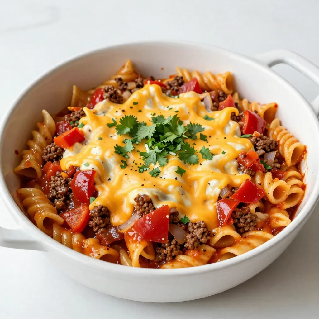 - Pasta and Protein Choices - 8 oz rotini pasta - 1 lb ground beef (or turkey for a leaner option) - Vegetables and Seasoning - 1 packet taco seasoning - 1 can (15 oz) diced tomatoes with green chilies - 1 cup beef broth (or vegetable broth) - 1 cup frozen corn - 1/2 cup red bell pepper, diced - 1/2 cup onion, diced - 2 cloves garlic, minced - Salt and pepper to taste - Dairy Components - 1 cup shredded cheddar cheese - 1 cup shredded pepper jack cheese - 2 tablespoons olive oil This recipe uses rotini pasta, which holds sauce well. Ground beef gives a rich taste, but turkey works too. The taco seasoning adds great flavor. Diced tomatoes with green chilies bring heat and tang. Beef broth keeps it moist. Frozen corn adds sweetness and color. Diced red bell pepper and onion add crunch. Garlic gives it depth. For cheese, I love a mix of cheddar and pepper jack. Cheddar melts well, while pepper jack adds a kick. Olive oil helps sauté the veggies, adding richness. Don't forget salt and pepper for balance. Each ingredient plays a vital role in making this dish flavorful and satisfying. {{ingredient_image_1}} Boiling and Draining the Pasta Start by bringing a large pot of salted water to a boil. Once it bubbles, add 8 ounces of rotini pasta. Cook it according to the package instructions until it is al dente, which usually takes about 8-10 minutes. After that, drain the pasta in a colander and set it aside. Timing for Optimal Texture Timing is key for great pasta. Al dente means the pasta is firm but not hard. This helps prevent it from getting mushy when you mix in the sauce later. Preparing the Skillet In a large skillet, heat 2 tablespoons of olive oil over medium heat. This oil will add flavor and help cook the veggies. Proper Cooking Times Add 1/2 cup of diced onion, 1/2 cup of diced red bell pepper, and 2 minced garlic cloves. Sauté these for about 3-4 minutes until they soften. Stir them often to avoid burning. Food Safety Tips Add 1 pound of ground beef or turkey to the skillet. Make sure the meat is cooked to at least 165°F to keep it safe. Achieving the Best Texture Cook the meat for about 5-7 minutes. Break it into small pieces with a wooden spoon. This helps it brown evenly and mix well with the vegetables. Mixing in Taco Seasoning Once the meat is browned, stir in 1 packet of taco seasoning, 1 can (15 oz) of diced tomatoes with green chilies, and 1 cup of beef or vegetable broth. Simmering for Depth of Flavor Let everything simmer for about 3 minutes. This step melds the flavors and makes the dish tasty. Incorporating Corn and Pasta Now, add 1 cup of frozen corn and the cooked pasta back into the skillet. Ensuring Even Distribution Gently stir everything together. Make sure the pasta and corn are evenly mixed with the meat and sauce. Cook it for an additional 2-3 minutes until everything is heated through. Techniques for Perfect Cheese Melt Reduce the heat to low. Sprinkle 1 cup of shredded cheddar cheese and 1 cup of shredded pepper jack cheese over the top. Final Cooking Tips Cover the skillet with a lid and let it sit for about 2-3 minutes. This step melts the cheese and makes it all gooey and delightful. Adjusting Spice Levels You can change the spice level to fit your taste. If you like it hot, add chili powder or diced jalapeños. For a milder dish, use less taco seasoning or choose a mild version. Always taste as you go. This helps you find the right balance. Adding Extra Vegetables Boost nutrition by adding more veggies. Try diced zucchini, spinach, or mushrooms. You can also mix in black beans for extra protein. Adding vegetables not only enhances flavor but also makes the dish colorful. How to Serve from the Skillet Serving the Cheesy Taco Pasta from the skillet keeps it warm and inviting. Use a large spoon to scoop portions directly onto plates. This casual style makes it feel homey and fun. Plus, it saves on dishes! Garnishing Ideas for Visual Appeal Garnish with fresh cilantro for a pop of green. You can also add sliced jalapeños for color and heat. A sprinkle of extra cheese on top makes it look extra delicious. Use a lime wedge on the side for a zesty touch. These small details make your meal visually stunning. Pro Tips Use a Pasta with Texture: Opt for rotini or another pasta shape that can hold onto the sauce and cheese, enhancing every bite. Experiment with Proteins: Try using ground chicken, pork, or even a meat substitute for a vegetarian option to customize the dish to your taste. Spice it Up: Add diced jalapeños or a dash of hot sauce for an extra kick if you enjoy a bit of heat in your meals. Make Ahead: Prepare the dish in advance and store it in the fridge. Reheat it in a skillet, adding a splash of broth if it gets too thick. {{image_2}} You can make a meatless version of Cheesy Taco Pasta Skillet. One easy way is to use high-protein alternatives like beans or lentils. These options add great flavor and texture. You can replace the ground beef with one can of black beans or one cup of cooked lentils. Both work well with taco seasoning. For cheese, you can mix it up too. Try using mozzarella or a spicy cheese blend. Both will melt nicely and give a great taste. If you want to switch up the pasta, there are many options. You can use penne, fusilli, or even whole wheat pasta. Each type brings its own fun twist. Just remember that cooking times may change based on the shape. For example, penne takes about 11-13 minutes to cook. Fusilli cooks in about 8-10 minutes. Always check the package for timing, so your pasta is al dente. You can also adapt this recipe for a slow cooker. Start by cooking the meat and veggies in a skillet. This adds flavor before you transfer them to the slow cooker. Once in the slow cooker, add the cooked pasta, tomatoes, corn, and broth. Set it to low for 4-6 hours. This way, all the flavors meld together nicely. Just add the cheese in the last 30 minutes. This helps it melt perfectly. Best Storage Practices After enjoying your Cheesy Taco Pasta Skillet, let it cool down. Store it in an airtight container. This keeps the flavors fresh and prevents spills. If you have a big batch, divide it into smaller containers for easy access. Shelf Life of Leftover Dish You can store your leftovers in the fridge for up to three days. If you want to keep it longer, consider freezing it. Frozen portions can last up to three months. Just remember to label the containers with the date. Methods for Reheating Pasta Dishes Reheating can be simple. Use the microwave or the stovetop. For the microwave, heat in short bursts. Stir after each burst to heat evenly. On the stovetop, add a splash of broth or water to help it warm up without drying out. Tips for Maintaining Creaminess To keep that cheesy goodness, stir in a bit of extra cheese or a splash of cream while reheating. This helps revive the creamy texture. Avoid high heat, as it can make the cheese clump together. Yes, you can. To make this dish gluten-free, choose gluten-free pasta. There are many brands available. Look for options made from rice, quinoa, or lentils. These alternatives cook well and taste great. If you like heat, add some spicy ingredients. Try diced jalapeños or red pepper flakes. You can also use spicy taco seasoning. Adjust the amount to your taste. Start with a little, then add more if you want. You have great options for lean proteins. Ground turkey works well as a substitute. You can also use ground chicken or plant-based meat. These choices keep the dish healthy while still being tasty. Check the pasta for doneness by tasting it. It should be firm but tender, known as al dente. Look for a slight bite in the center. This texture keeps the pasta from becoming mushy. Yes, you can freeze this meal. Let it cool completely before packing it. Use an airtight container or freezer bag. It stays good for about three months. To reheat, thaw in the fridge and warm it on the stove. In this post, we explored making Cheesy Taco Pasta Skillet. We covered essential ingredients, step-by-step cooking, and tips for customization. You can create your own dish by adjusting spices or adding veggies. Don't forget the storage tips for leftovers and reheating. Remember, cooking is fun and allows for creativity. Enjoy every bite of your delicious meal!