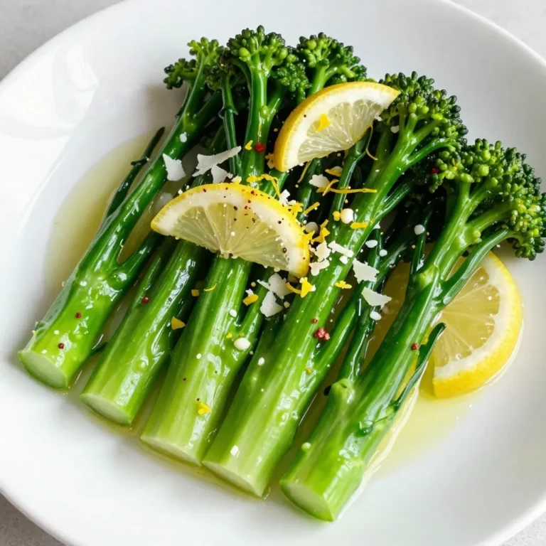 To create a vibrant Lemon Garlic Broccolini, you need fresh, quality ingredients. Here’s what you will need: - 1 pound broccolini, trimmed - 3 tablespoons olive oil - 4 cloves garlic, minced - Zest of 1 lemon - Juice of 1 lemon - 1 teaspoon red pepper flakes (optional) - Salt and pepper to taste - 2 tablespoons grated Parmesan cheese (or nutritional yeast for a vegan option) - Lemon slices for garnish Using fresh broccolini is key. Look for bright green, firm stems. The olive oil adds richness, while garlic brings a savory punch. Lemon zest and juice will brighten the dish with fresh flavor. If you like a little heat, add red pepper flakes. The cheese adds creaminess, but you can skip it for a vegan twist. When you gather these ingredients, you set the stage for a healthy and tasty side dish. {{ingredient_image_1}} 1. First, fill a large pot with water and add salt. Bring it to a boil. 2. When the water is boiling, add 1 pound of trimmed broccolini. Blanch it for 2 minutes. This keeps it bright green and crisp. 3. After 2 minutes, drain the broccolini. Then, place it in an ice bath. This stops the cooking and helps it stay crunchy. 4. Once the broccolini is cool, drain it again and set it aside. 1. In a large skillet, pour in 3 tablespoons of olive oil. Heat it over medium heat. 2. Add 4 cloves of minced garlic and, if you like spice, 1 teaspoon of red pepper flakes. Sauté for about 1 minute until the garlic smells good. Be careful not to burn it. 3. Now, add the blanched broccolini to the skillet. Toss it well to coat it with the garlic oil. Sauté for an extra 3-4 minutes until it’s heated through. 1. Remove the skillet from heat. Stir in the zest and juice of 1 lemon for a fresh taste. Season with salt and pepper to your liking. 2. Transfer the broccolini to a serving platter. Sprinkle 2 tablespoons of grated Parmesan cheese on top or use nutritional yeast for a vegan option. 3. Garnish with lemon slices for a lovely finish. Enjoy this bright and tasty side dish! When selecting broccolini, look for bright green stems. They should feel firm but not hard. The florets should be tight and not wilted. Avoid any yellowing or browning. Fresh broccolini has a crisp texture and vibrant color. This indicates it's at its best. One common mistake is overcooking broccolini. This can make it mushy and dull. Always blanch it for just two minutes. Immediately place it in an ice bath to stop cooking. This keeps the bright green color and crispness. Another mistake is burning garlic. Garlic cooks fast and can turn bitter. Sauté it on medium heat and watch it closely. Stir often to prevent burning. This keeps the flavor fresh and tasty. Lemon garlic broccolini pairs well with many dishes. Try it alongside grilled chicken or fish. It also complements pasta and rice dishes nicely. For a simple meal, serve it with quinoa. Top with extra lemon slices for a burst of flavor. Enjoy this vibrant side dish! Pro Tips Blanching Is Key: Blanching the broccolini in salted water helps to preserve its vibrant color and crisp texture, making it more appealing on the plate. Garlic Timing: To prevent burning, add garlic to the skillet after the oil is hot but not smoking; sauté it just until fragrant. Adjusting Heat: If you prefer a spicier dish, feel free to increase the amount of red pepper flakes or add a pinch of cayenne pepper. Cheese Alternatives: For a vegan option, nutritional yeast not only adds a cheesy flavor but is also a great source of B vitamins. {{image_2}} If you want a vegan dish, you can skip the Parmesan. Instead, use nutritional yeast. It gives a cheesy taste without any dairy. Just sprinkle a few tablespoons on the broccolini before serving. You still get flavor, and it keeps the dish plant-based. You can also try adding more flavor to your broccolini. Fresh herbs like thyme or basil work great. You might also want to add a pinch of cumin or smoked paprika. These spices give the dish a warm, earthy taste. Experiment and find what you love best! Grilling or roasting broccolini can change the taste and texture. For grilling, just toss the broccolini with oil and spices. Then place it on a hot grill for about 5-7 minutes. This adds a nice smoky flavor. Roasting is easy too. Spread it on a sheet pan and roast in the oven at 425°F for about 15 minutes. Both methods give you a delicious twist on this healthy side dish. To store leftover Lemon Garlic Broccolini, let it cool first. Place it in an airtight container. This helps keep it fresh. Broccolini stays good for about 3 to 4 days. You can also cover it tightly with plastic wrap. Just make sure to push out any air. To reheat broccolini, I recommend using a skillet. Heat it on medium and add a splash of olive oil. This helps maintain its texture. Sauté for about 2 to 3 minutes until warmed through. You can also use a microwave. Just cover it lightly and heat in short bursts, checking often. If you want to freeze broccolini, blanch it first. This keeps its bright color and crispness. After cooling in an ice bath, drain well. Place the broccolini in a freezer bag. Try to remove as much air as possible. It can last for up to 3 months in the freezer. When ready to use, thaw in the fridge overnight. Broccolini cooks quickly. It usually takes about 5 to 6 minutes in total. First, I blanch it for 2 minutes. This keeps it bright and crisp. After that, I sauté it for 3 to 4 minutes. This gives it a nice flavor from the garlic and lemon. Yes, you can use regular broccoli. However, it needs different cooking times. Broccoli takes longer to cook than broccolini. You should steam or blanch it for about 4 to 5 minutes. The flavor is also different. Broccolini is sweeter and more tender. Adjust your seasoning and cooking time for the best taste. Broccolini is very healthy. It is low in calories and high in vitamins. Here are some key benefits: - Vitamins: It contains vitamins A, C, and K. These help your skin and boost your immune system. - Minerals: Broccolini offers calcium and iron, which are good for bones and blood. - Fiber: It has fiber that helps digestion. Eating broccolini can support your overall health. It is a great choice for a side dish! In this post, we explored how to prepare and enjoy broccolini. We discussed essential ingredients, like garlic and lemon, plus cooking and storage tips. Remember to avoid overcooking to keep its vibrant color. You can even try grilling for a different flavor. Broccolini is versatile and packed with nutrients, making it a great choice for meals. I hope you feel inspired to try these tips and recipes in your kitchen. Enjoy every bite!
