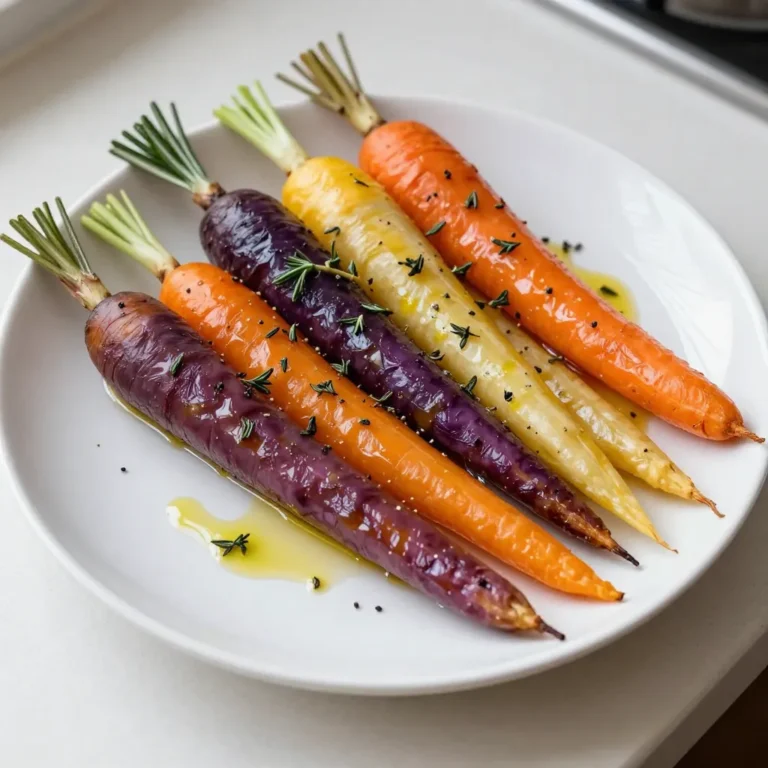 - Rainbow carrots (1 lb, varied colors: purple, orange, yellow, white) - Olive oil (3 tablespoons) - Garlic (2 cloves, minced) - Fresh rosemary (1 tablespoon, finely chopped) - Fresh thyme (1 tablespoon, finely chopped) - Honey (1 teaspoon) - Lemon zest (from 1 lemon) - Salt and pepper (to taste) To make herb roasted rainbow carrots, you need fresh and vibrant ingredients. Rainbow carrots bring color and sweetness to your dish. Rainbow carrots are not just pretty; they have good taste and nutrients. You can find them in stores or farmers' markets. Choose a mix of colors for a fun look. Olive oil adds a rich flavor. It helps the carrots roast evenly and brings out their natural sweetness. Use good quality olive oil for the best taste. Garlic enhances the dish. It gives a warm, savory taste. Mince the garlic finely so it blends well with the other flavors. Fresh herbs like rosemary and thyme add depth. They provide earthy notes that work well with the sweetness of the carrots. Chop them finely to release their oils and aroma. Honey adds a touch of sweetness. It balances the flavors and helps the carrots caramelize in the oven. If you want to make it vegan, use maple syrup instead. Lemon zest brightens the dish. It adds a fresh, citrusy aroma and cuts through the sweetness of the carrots. Salt and pepper are key for flavor. They enhance all the other ingredients. Adjust them to your taste. Gather these ingredients, and you're ready to make a delicious side dish. {{ingredient_image_1}} Start by peeling the rainbow carrots. Use a sharp peeler to remove the skin. Next, cut the carrots into sticks. Aim for even pieces. This helps them cook uniformly. Now, let’s prepare the garlic and herbs. Take two cloves of garlic and mince them finely. Then, chop one tablespoon each of fresh rosemary and thyme. The fresh herbs will add great flavor. In a large bowl, combine the olive oil, minced garlic, and chopped herbs. Add one teaspoon of honey for a touch of sweetness. Then, include the zest of one lemon. This gives a bright flavor. Finally, season it with salt and pepper to taste. Mix well to create a smooth marinade. Toss the carrot sticks in the herb marinade. Make sure each piece is well coated. Next, spread the carrots in a single layer on a baking sheet. Line it with parchment paper to prevent sticking. Preheat your oven to 425°F (220°C). Roast the carrots for 25 to 30 minutes. Stir them halfway through for even cooking. You want them tender and slightly caramelized. When done, let them cool for a few minutes before serving. Enjoy the colorful, tasty side dish! To get evenly roasted carrots, spread them out on the baking sheet. Leave space between each piece. If they touch, they will steam instead of roast. For cooking times, smaller carrots need about 20 to 25 minutes. Larger ones may take 30 to 35 minutes. Always check for tenderness by poking with a fork. You can add more herbs for a twist. Try dill or parsley for a fresh taste. Spices like cumin or paprika can also add warmth. Using flavored olive oils can make a big difference. Garlic-infused oil boosts taste, while lemon oil adds brightness. Drizzle it on before serving for extra flavor. Pro Tips Choose Fresh Carrots: Look for firm carrots with vibrant colors. Fresh carrots will have a sweeter flavor and better texture when roasted. Uniform Cutting: Ensure the carrot sticks are of similar size for even cooking. This prevents some pieces from becoming overcooked while others remain crunchy. Marinate Longer: For enhanced flavor, consider marinating the carrots for at least 30 minutes before roasting. This allows the herbs and spices to penetrate the carrots. Experiment with Spices: Add a pinch of cayenne pepper or smoked paprika to the marinade for a unique twist on flavor. It adds complexity and a hint of heat. {{image_2}} You can cook herb roasted rainbow carrots in different ways. Each method gives a unique taste. - Air fryer option for quicker preparation: The air fryer is a great choice. It cooks the carrots fast and gives them a nice crisp. Set your air fryer to 400°F (200°C). Toss the carrots in the herb marinade and place them in the basket. Cook for 15 to 20 minutes. Shake the basket halfway through for even cooking. - Grilling the carrots for a smoky flavor: Grilling adds a beautiful smoky taste. Preheat your grill on medium heat. Toss the carrots in the marinade and place them on the grill. Cook for about 10 to 15 minutes, turning often. You want them tender and with grill marks. You can also adapt this recipe to fit different diets. It’s easy to make simple swaps. - Vegan adaptations by substituting honey: If you want a vegan dish, replace honey with maple syrup or agave. This keeps the sweetness without using animal products. - Gluten-free considerations: The recipe is already gluten-free. Just ensure all your ingredients are gluten-free. Most herbs and oils work well without gluten. These variations make herb roasted rainbow carrots fun and flexible for any meal. To store roasted rainbow carrots, let them cool first. Place them in a container. Use an airtight container to keep them fresh. You can store them in the fridge for about three to five days. If you want to keep them longer, consider freezing. They can last up to three months in the freezer. Just make sure to label the container with the date. When reheating, avoid the microwave if you can. The oven works best to keep the carrots crisp. Preheat your oven to 350°F (175°C). Spread the carrots on a baking sheet. Heat them for about 10 to 15 minutes until warm. If you have leftover carrots, you can add them to salads or grain bowls. They also work well in stir-fries or mixed with pasta. This way, you get to enjoy their great flavor again! Can I use regular carrots instead of rainbow carrots? Yes, you can use regular carrots. They will taste great, but rainbow carrots look more colorful and fun. They add a nice touch to your plate. What are the best herbs to pair with roasted carrots? Rosemary and thyme work well with carrots. You can also try dill or parsley for a fresh taste. Each herb adds its unique flavor, so feel free to mix! How can I make this recipe ahead of time? You can prepare the carrots and the marinade a day ahead. Just store them in the fridge. When you’re ready, roast them for a tasty side. Are herb roasted carrots healthy? Yes, herb roasted carrots are healthy. They are low in calories and high in vitamins. Carrots are great for your eyes and skin, making this dish a smart choice. Caloric content and nutritional benefits of rainbow carrots One pound of rainbow carrots has about 140 calories. They are rich in fiber, vitamin A, and antioxidants. Eating colorful veggies boosts your health and adds nutrients to your diet. In this post, we explored how to make delicious herb-roasted rainbow carrots. We covered the ingredients needed, simple steps to prepare them, and tips to enhance their flavor. You learned different cooking methods, dietary modifications, and how to store and reheat leftovers. Roasting rainbow carrots brings out their natural sweetness and color. Don’t hesitate to experiment with flavors and cooking methods. Enjoy your tasty, healthy dish made just for you!