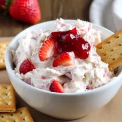 To make the best Strawberry Cheesecake Dip, you need a few simple ingredients. Here’s what you’ll need: - 1 cup cream cheese, softened - 1/2 cup powdered sugar - 1 teaspoon vanilla extract - 1/2 cup sour cream - 1 cup fresh strawberries, hulled and chopped - 1/4 cup strawberry preserves - Graham crackers, for dipping Each ingredient plays a special role. Cream cheese gives the dip its rich and creamy base. Powdered sugar adds sweetness, while vanilla extract brings a lovely flavor. Sour cream adds a slight tang, balancing the sweetness. Fresh strawberries provide juicy bursts of flavor. Strawberry preserves enhance the strawberry taste even more. Finally, graham crackers make for perfect dippers. Make sure your cream cheese is soft. It will mix more easily with the other ingredients. Fresh strawberries are key for the best flavor. You can also use other berries if you like. Enjoy experimenting with this dip! {{ingredient_image_1}} - Mixing the cream cheese Start with a bowl. Add 1 cup of softened cream cheese. Use an electric mixer to beat it. Mix until it is smooth and creamy. This is the base of your dip. - Incorporating the powdered sugar Gradually add in 1/2 cup of powdered sugar. Keep mixing until it is fully blended. This adds sweetness and makes the dip fluffy. - Adding vanilla and sour cream Next, stir in 1 teaspoon of vanilla extract and 1/2 cup of sour cream. Mix well until everything is combined. This gives your dip a rich flavor. - Folding in strawberries and preserves Now, gently fold in 1 cup of chopped fresh strawberries and 1/4 cup of strawberry preserves. Use a spatula to ensure even mixing. This adds texture and fruity goodness to your dip. - Chilling the dip Transfer the dip to a serving dish. Smooth the top with a spatula. Chill it in the fridge for at least 30 minutes. This helps all the flavors blend well. - Serving suggestions Serve the Strawberry Cheesecake Dip with graham crackers on the side. You can also add whole strawberries or mint leaves on top for a nice touch. Enjoy your sweet creation! - Achieving the right consistency: To get that smooth dip, make sure the cream cheese is soft. Beat it well until it is creamy. If it feels too thick, add a bit more sour cream to loosen it up. - Choosing fresh strawberries: Always pick ripe, juicy strawberries. Look for bright red berries without any soft spots. They should smell sweet and fresh. Wash them gently and hull them before chopping. - Best way to chill the dip: After mixing, cover the dip with plastic wrap and place it in the fridge. This helps the flavors mix well. Chill it for at least 30 minutes for the best taste. - Presentation advice: Serve your dip in a nice bowl. Add a few whole strawberries or mint leaves on top for color. You can also place graham crackers around the bowl for an inviting look. Pro Tips Use Full-Fat Cream Cheese: For a richer and creamier dip, opt for full-fat cream cheese instead of low-fat varieties. Chill for Best Flavor: Allow the dip to chill in the refrigerator for at least 30 minutes to enhance the flavors and achieve a thicker texture. Fresh Strawberries Matter: Use fresh, ripe strawberries for the best flavor and texture; avoid frozen strawberries as they may make the dip watery. Experiment with Dippers: While graham crackers are classic, try pairing the dip with vanilla wafers, pretzels, or apple slices for a fun twist. {{image_2}} You can make this dip even more fun! Think about adding chocolate. Swirl in melted chocolate, and you get a rich twist. You can also mix in other berries. Try raspberries or blueberries for a fruity change. Using whipped cream can give the dip a light and fluffy feel. Fold in some whipped cream gently. This makes the dip airy and adds a nice texture. Adjust the sweetness to your taste. If you want it sweeter, add more powdered sugar. If you like it less sweet, cut back on the sugar. This way, you get a dip that fits your style. If you need a gluten-free version, use gluten-free graham crackers. Many brands make these. You can still enjoy the crunch! For a dairy-free option, switch out the cream cheese. Use a dairy-free cream cheese made from nuts or soy. Alternative sweeteners like maple syrup or agave can replace powdered sugar. This keeps the dip sweet and tasty without using regular sugar. These options make the dip friendly for many diets. To keep your Strawberry Cheesecake Dip fresh, place it in the fridge. Use an airtight container. This helps keep the dip from drying out. Make sure the lid fits tightly. If you don’t have one, wrap the dip with plastic wrap. Press it down to remove air. This keeps your dip creamy and tasty. The dip can last about 3 to 5 days in the fridge. Always check for signs of spoilage. If it has an off smell or changes color, it’s time to toss it. If the dip separates, stir it well. However, if it doesn't come back together, it’s best to discard it. Enjoy your dip while it’s fresh for the best taste! Can I make this dip ahead of time? Yes, you can make this dip ahead of time. Just prepare it and store it in the fridge. It tastes even better after chilling for a few hours. This helps the flavors mix well, making each bite a treat. How do I thicken the dip? To thicken the dip, add more cream cheese. You can also use less sour cream. This will create a denser dip that holds its shape better. Just mix it well after adding. Can I use frozen strawberries? Yes, you can use frozen strawberries. Just thaw them first and drain any excess liquid. This prevents the dip from getting too watery. Chopped frozen strawberries will still taste great. What can I serve with the dip besides graham crackers? You can serve this dip with many fun options. Try fresh fruit like apple slices or banana pieces. You can also use pretzels for a salty twist. Even vanilla wafers work well. Each choice adds a nice flavor. This article walked you through making a delicious strawberry cheesecake dip. We covered every ingredient you need and detailed step-by-step instructions. I also shared expert tips to ensure the dip turns out perfectly. You can explore fun variations and learn how to store leftovers properly. Strawberry cheesecake dip is a simple treat that everyone will love. Enjoy making this dip, and feel free to get creative with your ingredients!