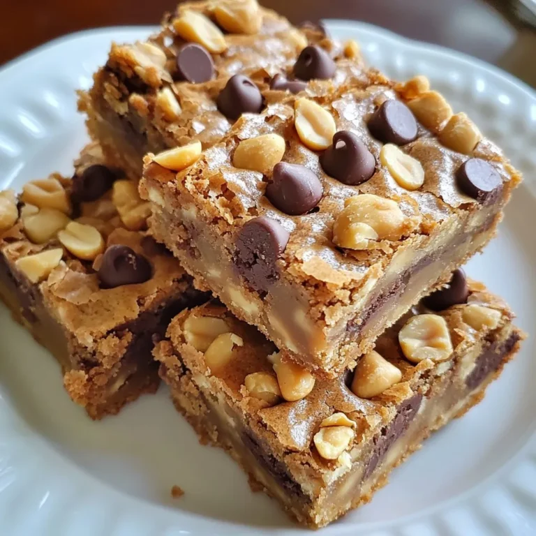 To make these delicious peanut butter chocolate chip blondies, gather these key ingredients: - 1 cup creamy peanut butter - 1/2 cup brown sugar, packed - 1/4 cup granulated sugar - 1 large egg - 1 teaspoon vanilla extract - 1/4 teaspoon baking powder - 1/4 teaspoon baking soda - 1/4 teaspoon salt - 1 cup all-purpose flour - 1/2 cup chocolate chips (semi-sweet or dark) - 1/4 cup crushed peanuts (optional, for added crunch) Each ingredient plays a vital role. The peanut butter adds a rich and creamy base. The sugars create a lovely sweetness and a chewy texture. The egg binds everything, while the flour gives structure. You can elevate your blondies even more with some fun add-ins: - Types of chocolate chips: Semi-sweet chocolate chips offer a classic taste, while dark chocolate chips provide a richer flavor. Choose what you love best! - Crushed peanuts: Adding crushed peanuts gives a nice crunch. They also enhance the peanut flavor and add a bit of texture. If you have dietary needs, here are some great swaps: - Gluten-free flour alternatives: You can use almond flour or a gluten-free blend. This keeps your blondies tasty without gluten. - Dairy-free options: For a dairy-free treat, use a dairy-free chocolate chip brand. You can also swap the egg for flaxseed or a chia seed mixture to keep it vegan. Experimenting with these ingredients helps you create a blondie that suits your taste and dietary needs! {{ingredient_image_1}} First, preheat your oven to 350°F (175°C). This step warms the oven for even baking. Next, prepare your 8x8-inch baking pan. You can grease it with a little oil or butter. Alternatively, line it with parchment paper. This makes it easy to lift the blondies out later. In a large bowl, combine 1 cup of creamy peanut butter, 1/2 cup of brown sugar, and 1/4 cup of granulated sugar. Mix these until they are smooth and creamy. Then, add in 1 large egg and 1 teaspoon of vanilla extract. Stir until everything is mixed well. In another bowl, whisk together 1 cup of all-purpose flour, 1/4 teaspoon of baking powder, 1/4 teaspoon of baking soda, and 1/4 teaspoon of salt. This helps to blend them evenly. When you mix the dry ingredients with the wet ones, do not overmix. You want it just combined, so it stays soft. Now, fold in 1/2 cup of chocolate chips and, if you like, 1/4 cup of crushed peanuts. Pour the batter into your prepared pan. Use a spatula to smooth it evenly. Bake in the oven for 20-25 minutes. Check for doneness by inserting a toothpick. It should come out clean or with a few crumbs. Once baked, let the blondies cool in the pan for about 15 minutes. This helps them set. Then, transfer them to a wire rack to cool completely. When they are cool, cut them into squares. They are now ready to serve and enjoy! To achieve the right texture in your blondies, focus on mixing. You want a smooth batter but avoid overmixing. This can lead to tough blondies. Mix just until all ingredients blend together. Another key is baking time. Check them early. The blondies should be golden at the edges. A toothpick inserted in the center should come out clean or with a few moist crumbs. If they bake too long, they may dry out. Common baking mistakes often include not measuring ingredients correctly. Use measuring cups and spoons for accuracy. Also, make sure your oven is fully preheated before baking. This helps the blondies rise well. You can boost flavor by adding spices. A dash of cinnamon or nutmeg can elevate your blondies. These spices mix well with peanut butter and chocolate. Extracts also work great. Try adding a bit of almond extract. This adds a nice twist to the classic taste. For toppings, consider drizzling melted chocolate or caramel sauce over the baked blondies. You can also sprinkle sea salt on top for a sweet and salty flavor that delights. Having the right tools makes baking easier. A good mixing bowl is essential. I recommend a large, sturdy one for mixing. You’ll also need a spatula for spreading the batter. Use an 8x8-inch baking pan. This size helps the blondies bake evenly. Don’t forget parchment paper for easy removal. A whisk is important for mixing dry ingredients. It helps break up clumps in the flour and baking powder. A toothpick is handy for checking doneness, too. These tools make the process smooth and fun, helping you create the perfect peanut butter chocolate chip blondies! Pro Tips Use Room Temperature Ingredients: Ensuring your peanut butter and egg are at room temperature helps the batter mix more smoothly, resulting in a better texture. Don’t Overmix: Mixing the batter just until combined prevents the blondies from becoming tough. A few lumps are okay! Check for Doneness: Oven temperatures can vary. Start checking your blondies at 20 minutes to avoid overbaking; they should be golden on the edges and slightly soft in the center. Add Extra Flavor: Consider mixing in a pinch of cinnamon or a splash of maple syrup for an added depth of flavor to your blondies. {{image_2}} You can easily adapt this recipe to fit your diet. For gluten-free blondies, use gluten-free flour. This swap keeps the texture just right. It’s a simple fix for those avoiding gluten. If you want vegan options, swap the egg for flaxseed meal. Mix one tablespoon of flaxseed with three tablespoons of water. Let it sit for a few minutes to thicken. This mix works great and keeps the blondies moist. Feel free to explore different nut butters. Almond or cashew butter can add unique flavors. Each nut butter brings its own twist to the taste. You can even mix them for a fun blend. Other mix-ins can elevate your blondies too. Consider adding chopped nuts like walnuts or pecans. Dried fruit like cranberries or raisins gives a sweet touch. You can also try different types of chocolate chips for more variety. Get creative with seasonal themes! For holidays, add spices like cinnamon or nutmeg. These spices warm up the flavors and make them festive. You can also decorate them with icing or colored sprinkles. In the summer, think about fresh fruits. You can fold in blueberries or raspberries. These fruits add brightness and a refreshing taste. Each season offers a chance for new fun flavors in your blondies! To keep your peanut butter chocolate chip blondies fresh, store them in an airtight container. This helps prevent them from drying out. You can keep them at room temperature for up to three days. If you live in a warm area, consider refrigeration. Just remember, cold blondies may lose some taste. - Airtight Container: Use one that seals well. This keeps moisture in and air out. - Room Temperature: Ideal for short-term storage. They stay soft and chewy. - Refrigeration: Helps them last longer, but can change the texture. Freezing blondies is easy. First, let them cool completely. Then, cut them into squares. Wrap each square tightly in plastic wrap. Place the wrapped blondies in a freezer-safe bag. Make sure to remove as much air as possible. This helps avoid freezer burn. - Steps for Freezing: 1. Cool completely. 2. Cut into squares. 3. Wrap in plastic wrap. 4. Place in a freezer bag. To thaw, take out the desired number of blondies. Leave them in the fridge overnight or on the counter for a few hours. They will taste fresh again! Properly stored, blondies stay fresh for about a week at room temperature. In the fridge, they can last up to two weeks. If you freeze them, they can last up to three months. - Signs of Spoilage: - Dry texture: If they feel hard, they are past their prime. - Off smell: A sour or unusual smell means they are no longer good. - Mold: If you see any mold, throw them away immediately. Following these tips helps ensure that your blondies stay delicious for as long as possible. Enjoy every bite! To check if the blondies are done, use a toothpick. Stick it into the center of the blondies. If it comes out clean or with a few moist crumbs, they are ready. The edges should be golden brown. If the toothpick has wet batter, bake for a few more minutes. Keep an eye on them, as overbaking can make them dry. Yes, you can use almond or cashew butter instead of peanut butter. The taste and texture will change slightly. Almond butter gives a nuttier flavor, while cashew butter is creamier. Both will still work well in the recipe. Your blondies will still be delicious, just with a new twist! Blondies and brownies differ mainly in flavor and texture. Brownies have cocoa powder, giving them a rich chocolate flavor. Blondies are made with brown sugar and peanut butter, which gives them a sweet, caramel-like taste. Blondies are often denser and chewier than brownies. Both are yummy, but they offer different treats! To make these blondies healthier, you can reduce the sugar. Try using less brown sugar or granulated sugar. You can also swap all-purpose flour for whole wheat flour. This increases fiber and nutrients. Another option is to use natural peanut butter without added sugar. These changes will keep your blondies tasty and a bit better for you! In summary, this guide covers all you need for making delicious blondies. You learned about the key ingredients, optional add-ins, and how to customize for dietary needs. I shared clear steps from prepping to serving, plus tips for perfect texture and flavor. Remember, you can adapt these blondies for any season or occasion. Enjoy experimenting and sharing your treats. Happy baking!