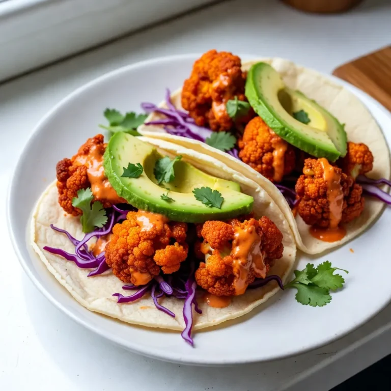 - 1 medium head of cauliflower, cut into bite-sized florets - 1 cup all-purpose flour - 1 cup water - 1 teaspoon garlic powder - 1 teaspoon onion powder - 1 teaspoon smoked paprika - 1 teaspoon salt - 1 cup buffalo sauce (store-bought or homemade) - 8 small corn tortillas - 1 avocado, sliced - 1 cup shredded red cabbage - 1/2 cup vegan ranch dressing - Fresh cilantro, for garnish Each serving of these Buffalo Cauliflower Tacos offers a good blend of nutrients. You get: - Calories: Approximately 320 - Protein: About 6 grams - Fat: Roughly 15 grams - Carbohydrates: Around 38 grams - Fiber: 7 grams - Sugars: 2 grams This meal is plant-based and offers a good balance of nutrients, making it a great choice for lunch or dinner. Do you have dietary needs? Here are some easy swaps: - Gluten-Free: Use gluten-free flour instead of all-purpose flour. - Nut-Free: The recipe is nut-free as is, but check your ranch dressing. - Dairy-Free: The vegan ranch dressing is dairy-free. - Spicy: Add more buffalo sauce or sliced jalapeños for a kick. - Vegetable Alternatives: Swap red cabbage for green or use lettuce instead. These substitutions make the recipe more flexible and enjoyable for everyone. {{ingredient_image_1}} First, I preheat the oven to 425°F (220°C). This step is key for getting crispy cauliflower. Next, I take a medium head of cauliflower and cut it into bite-sized florets. Make sure all pieces are similar in size. This helps them cook evenly. I line a baking sheet with parchment paper to avoid sticking. This also makes cleaning up easier. In a mixing bowl, I whisk together 1 cup of all-purpose flour and 1 cup of water. Then, I add in 1 teaspoon each of garlic powder, onion powder, smoked paprika, and salt. I mix until smooth to create the batter. Each cauliflower floret gets dipped into the batter. I ensure they are well-coated before placing them on the baking sheet in a single layer. I bake them for 25-30 minutes, flipping halfway through. This helps them become golden brown and crispy. Once they’re baked, I remove them from the oven and toss them in a large bowl with 1 cup of buffalo sauce. I make sure every piece is evenly coated in that spicy goodness. While the cauliflower cools, I warm 8 small corn tortillas on a skillet. I heat them for about 30 seconds on each side. This makes them soft and easy to fold. To assemble, I place a generous amount of buffalo cauliflower in the center of each tortilla. Next, I add sliced avocado and shredded red cabbage on top. To finish, I drizzle some vegan ranch dressing over everything. Fresh cilantro adds a nice touch of color and flavor. Serve these tacos warm for the best taste. Enjoy the spicy, crunchy goodness! To make your cauliflower extra crispy, follow a few simple steps. First, ensure you cut the cauliflower into even bite-sized florets. This helps them cook evenly. Second, make sure your batter is smooth. A smooth batter clings well and creates a great crunch. Bake your coated florets at a high temperature of 425°F (220°C). This heat helps them get that perfect golden brown color. Flip them halfway through baking for even crispiness. Finally, toss the baked cauliflower in buffalo sauce right after baking. This keeps them crispy while adding flavor. When it comes to wrapping your tacos, use warm corn tortillas. Warm tortillas are soft and easy to fold. Heat them in a skillet for about 30 seconds on each side. This makes them pliable and tasty. For filling, place a generous amount of buffalo cauliflower in the center. Add your toppings, like avocado and cabbage, but don’t overfill. This helps keep your tacos neat and tidy. Fold the sides of the tortilla over the filling, then wrap the bottom up. This method helps keep everything inside. You can boost the flavor of your Buffalo Cauliflower Tacos with some extra seasonings. Try adding a pinch of cumin or chili powder to the batter for a warm spice. You can also sprinkle some lime juice over your tacos for a zesty kick. Fresh herbs like cilantro or parsley add brightness too. If you want more heat, drizzle extra buffalo sauce on top. These little tweaks can make your tacos even more delicious! Pro Tips Coat Evenly: Ensure each cauliflower floret is thoroughly coated in the batter for a uniform crispy texture. Spice It Up: Adjust the amount of buffalo sauce to your heat preference—add more for extra heat or less for a milder flavor. Make It Vegan: To keep it completely plant-based, use a vegan ranch dressing or make your own using cashews or tofu. Prep Ahead: You can prepare the cauliflower batter and cut the vegetables in advance to save time during meal prep. {{image_2}} You can make these tacos vegan easily. The recipe already uses plant-based ingredients. The batter has no eggs or dairy. For the ranch dressing, choose a vegan brand or make your own. Use cashews or tofu for a creamy base. This keeps the dish light and flavorful. If you love heat, add more spice! You can mix in cayenne pepper or hot sauce into the buffalo sauce. This gives the tacos a kick. You could also sprinkle some sliced jalapeños on top. For a smoky flavor, try adding chipotle powder to the batter. These tweaks will excite your taste buds! Making these tacos gluten-free is simple. Swap the all-purpose flour for a gluten-free blend. Look for one that works well for frying. You can also use corn flour if you want a different texture. Just ensure your buffalo sauce is gluten-free. This way, everyone can enjoy these tasty tacos! To store leftover tacos, place them in an airtight container. This keeps them fresh. Make sure to separate the toppings from the cauliflower. The tortillas can get soggy if they sit with the sauce. Store the cauliflower and tortillas in the fridge for up to three days. For the best taste, reheat the cauliflower in the oven. Preheat your oven to 350°F (175°C). Place the cauliflower on a baking sheet. Heat for about 10-15 minutes until warm and crispy. If you prefer a microwave, you can use it, but the texture won't be as nice. Warm the tortillas on a skillet for about 30 seconds before serving. You can freeze the cauliflower before tossing it in buffalo sauce. Lay the cooked cauliflower on a baking sheet in a single layer. Freeze until solid, then transfer to a freezer bag. It will stay good for up to three months. When you’re ready to eat, bake it from frozen at 425°F (220°C) for about 20-25 minutes. Then, toss it in the sauce and enjoy! Yes, you can use frozen cauliflower. It is easy and quick. Just thaw the cauliflower first. Pat it dry with a towel to remove extra moisture. This helps the batter stick well. Keep in mind that frozen cauliflower may be softer. So, cook it for a shorter time. Aim for about 20 minutes in the oven. Check until it gets crispy. The best buffalo sauce is a personal choice. I prefer a sauce with a good balance of heat and flavor. Look for sauces that are rich and tangy. Some popular brands are Frank's RedHot or Tapatío. You can also make your own. Mix hot sauce with melted vegan butter. This gives you control over the heat level and flavor. Making homemade vegan ranch is simple and tasty. Here’s a quick recipe: - 1 cup of vegan mayo - 1 tablespoon of apple cider vinegar - 1 teaspoon of garlic powder - 1 teaspoon of onion powder - 1 teaspoon of dried dill - Salt and pepper to taste Mix these ingredients in a bowl. Taste and adjust as needed. This creamy ranch pairs perfectly with your buffalo cauliflower tacos. Buffalo cauliflower tacos are a tasty way to enjoy plant-based food. We covered the ingredients, instructions, and tips to make them crispy and flavorful. You learned about variations and smart storage methods. My final thought? These tacos are simple to make and full of flavor. Try them with your favorite toppings and enjoy!