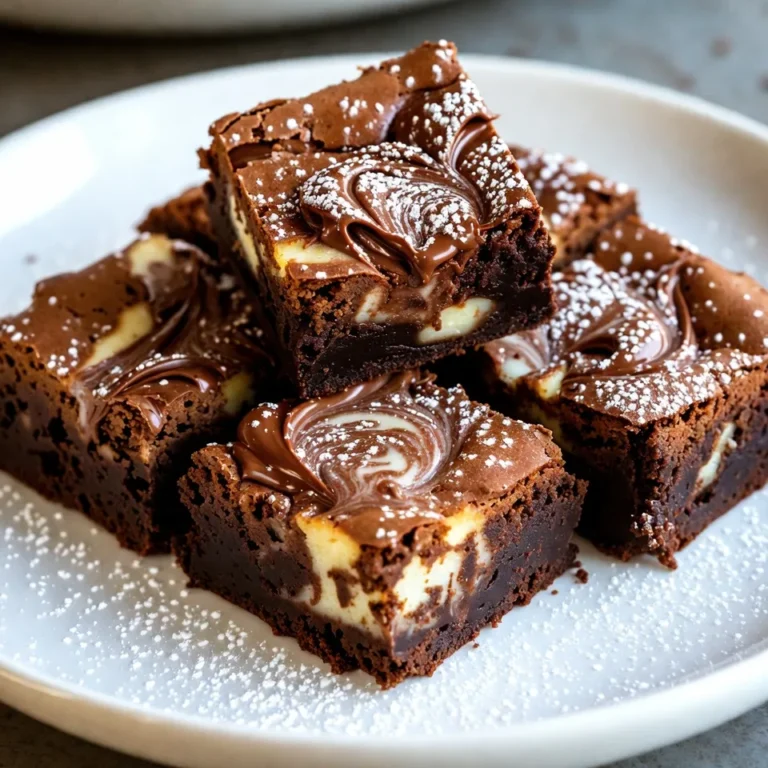 For the Nutella Swirl Cheesecake Brownies, you need some key items. Key ingredients for brownies: - 1/2 cup unsalted butter, melted - 1 cup granulated sugar - 2 large eggs - 1 teaspoon vanilla extract - 1/3 cup unsweetened cocoa powder - 1/2 cup all-purpose flour - 1/4 teaspoon salt - 1/4 teaspoon baking powder Key ingredients for cheesecake swirl: - 1 cup cream cheese, softened - 1/4 cup powdered sugar - 1/4 cup Nutella (plus extra for swirling) - 1 teaspoon milk Optional toppings and garnishes: - Extra Nutella for drizzling - Powdered sugar for dusting - Fresh berries or a scoop of vanilla ice cream Each ingredient plays a role in making these brownies rich and creamy. The melted butter brings moisture, while the cocoa powder gives that classic chocolate flavor. Cheesecake adds a smooth layer, and Nutella gives a sweet, hazelnut twist. You can customize with toppings to make them even more special. {{ingredient_image_1}} 1. Preheat the Oven and Prepare the Baking Pan Set your oven to 350°F (175°C). Grease or line an 8x8 inch baking pan with parchment paper. This helps in easy removal later. 2. Mixing the Brownie Batter In a medium bowl, whisk together 1/2 cup melted unsalted butter and 1 cup granulated sugar. Mix until it looks smooth. Add 2 large eggs one at a time, stirring well after each. Then, stir in 1 teaspoon vanilla extract. 3. Creating the Cheesecake Filling In a separate bowl, beat together 1 cup softened cream cheese, 1/4 cup powdered sugar, 1/4 cup Nutella, and 1 teaspoon milk. Mix until the filling is smooth and creamy. 1. Layering the Brownie and Cheesecake Mixtures Pour half of the brownie batter into the greased pan. Spread it evenly. Spoon dollops of the cheesecake filling over the brownie layer. Then, add the rest of the brownie batter on top. 2. Swirling Technique for the Marbled Effect Spoon dollops of Nutella on top of the brownie layer. Use a knife or toothpick to gently swirl the cheesecake and Nutella into the brownie batter. This creates a beautiful marbled look. 3. Baking Time and Doneness Check Bake in the preheated oven for 25-30 minutes. Check for doneness by inserting a toothpick into the center. It should come out with a few moist crumbs. Let the brownies cool in the pan for about 10 minutes before removing them. - How to avoid overmixing the batter: When mixing the brownie batter, stir until just combined. Overmixing can make the brownies tough. Stop mixing as soon as you no longer see dry flour. - Checking for doneness accurately: Use a toothpick to check if the brownies are done. Insert it in the center and pull it out. It should have a few moist crumbs, not wet batter. - Tips for achieving the perfect swirl: To create a lovely swirl, drop dollops of the cheesecake and Nutella mixture randomly on top of the brownie batter. Use a knife to gently swirl without mixing too much. - How to serve and present the brownies attractively: Place the brownies on a nice platter. Cut them into squares for even serving. - Suggestions for garnishes and serving options: Drizzle extra Nutella over the top for a rich look. Dust with powdered sugar for a sweet touch. Add fresh berries or a scoop of vanilla ice cream for a colorful contrast. Pro Tips Use Room Temperature Ingredients: Ensure your cream cheese and eggs are at room temperature for a smoother batter that incorporates better. Don’t Overmix the Brownie Batter: Mix until just combined to maintain the fudgy texture that brownies are known for. Swirl with Care: When swirling the Nutella and cheesecake, use gentle motions to create beautiful marbling without overmixing. Let Them Cool Completely: For cleaner cuts and better texture, allow the brownies to cool completely before slicing into squares. {{image_2}} You can have fun with flavors in these brownies. Here are two ideas: - Adding different nut butters: Try peanut butter or almond butter instead of Nutella. The nutty taste adds a new twist. Just swirl it in like you do with Nutella. - Using flavored extracts: You can use almond or mint extract for a unique flavor. Just add a teaspoon to the brownie mix or cheesecake mix for a bold taste. If you have dietary needs, you can still enjoy these brownies: - Gluten-free options: Use gluten-free flour instead of all-purpose flour. This swap keeps the texture right while making it safe for gluten-free diets. - Vegan adaptations: To make these vegan, use coconut oil instead of butter. Replace eggs with flax eggs or applesauce. For the cream cheese, use a vegan cream cheese. This way, everyone can enjoy these treats! To keep your Nutella swirl cheesecake brownies fresh, store them at room temperature. Place them in an airtight container. This helps maintain their soft texture. You can also cover them tightly with plastic wrap. Avoid keeping them in the fridge, as it can make them dry. To keep the brownies fresh, eat them within five days. If you notice any crust forming, it’s time to enjoy them! For longer storage, freezing is the best option. Cut the brownies into squares before freezing. Wrap each square in plastic wrap, then place them in a freezer bag. This helps prevent freezer burn and keeps them tasty. When you want to enjoy a brownie, remove it from the freezer. Let it thaw in the fridge overnight or at room temperature for a few hours. For the best flavor, warm them in the oven for a few minutes. Enjoy the rich taste! Yes, you can change the chocolate. Try dark chocolate or milk chocolate. They will give a nice twist to the flavor. Just keep the same amount as the cocoa powder in the recipe. Store your brownies in an airtight container. This keeps them fresh. You can also wrap them in plastic wrap. Make sure they cool completely before storing. These brownies last about 3 to 4 days at room temperature. If you store them in the fridge, they can last up to a week. Just remember to keep them in a tight container. Yes, you can make these brownies ahead of time. Bake them a day or two before you need them. Just store them properly and let them cool before you cover them. This way, they will taste great when you serve them! In this post, we covered how to make delicious brownie cheesecake swirls. We discussed key ingredients, step-by-step instructions, and important tips to achieve the perfect dessert. You learned about flavor variations and storage options to keep your brownies fresh. Remember, baking is fun, and you can get creative. Enjoy making these treats and sharing them with others. With practice, you’ll master this dessert and impress your friends!
