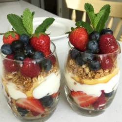 - 2 cups Greek yogurt - 1 cup mixed berries (strawberries, blueberries, raspberries) - 1/4 cup honey - 1/2 cup granola (choose your favorite) - 1 teaspoon vanilla extract - Fresh mint leaves for garnish Greek yogurt is creamy and packed with protein. It gives the parfait a rich texture. Mixed berries add color and sweetness. They also provide vitamins and antioxidants. Honey adds natural sweetness. It makes the dish taste more vibrant. Granola adds crunch and texture. It contrasts well with the smooth yogurt. Vanilla extract enhances the flavor. It brings warmth and depth. Fresh mint leaves finish the parfait. They add a bright, fresh touch. - Alternate sweeteners - Seasonal fruits - Different yogurt types You can swap honey for maple syrup or agave. This lets you adjust sweetness to your liking. Use seasonal fruits for variety. Peaches or apples can change the taste. You can also try different yogurt types. Non-dairy or low-fat yogurts work just as well. These options help you make the parfait your own. {{ingredient_image_1}} - Mixing the yogurt and vanilla Start by taking a medium mixing bowl. Add 2 cups of Greek yogurt. Pour in 1 teaspoon of vanilla extract. Stir the yogurt and vanilla together until the mix is smooth and creamy. This base will add flavor to your parfait. - Preparing the honey-infused berries Next, grab another bowl. Add 1 cup of mixed berries, like strawberries, blueberries, and raspberries. Pour in half of the 1/4 cup of honey. Gently toss the berries with the honey. This step makes the berries taste sweeter and adds a nice shine. - Layering the parfaits Now, get your clear glasses or dessert cups. Begin with a big spoonful of the yogurt mix at the bottom. Then, add a layer of your honey-infused berries on top. After that, sprinkle a layer of granola over the berries. Repeat these layers until the glasses are full. Make sure to end with a layer of berries at the top. - Detailed layering guide For each parfait, aim for three layers. Start with yogurt, then berries, and finally granola. This helps create a nice blend of flavors and textures. - Tips for perfect presentations Use clear glasses to show off the pretty layers. Add a sprig of fresh mint leaves on top for a nice touch. This adds color and freshness to your dish. - Drizzling honey on top Finally, take the remaining honey and drizzle it over the top layer. This adds sweetness and makes the parfaits look even more appealing. Enjoy your delightful creation! You can easily change this recipe to suit your taste. Here are some ideas: - Substituting Ingredients: Use any yogurt type you like. Try coconut yogurt for a twist. If you want, swap honey for maple syrup or agave. - Vegan or Dairy-Free Alternatives: For a vegan parfait, choose plant-based yogurt. Almond or coconut yogurt works well. Use maple syrup instead of honey. - Adjusting Sweetness Levels: If you want less sweetness, cut back on honey. Taste the berries first; they can be sweet enough on their own. Making these parfaits ahead saves time. Here are some tips: - Preparing in Advance: You can mix the yogurt and vanilla a day before. Store it in the fridge for easy use. - Best Practices for Storage: Keep the yogurt and berries in separate containers. This prevents the granola from getting soggy. - Timing for Serving: Assemble the parfaits just before serving. This keeps all the layers fresh and crunchy. If you prepare ahead, layer them no more than two hours before serving. Pro Tips Use Fresh Berries: For the best flavor and texture, opt for fresh, ripe berries. They add a natural sweetness and vibrant color to your parfaits. Layer Smartly: To create a visually appealing parfait, alternate layers of yogurt, berries, and granola. This way, each spoonful will have a little bit of everything. Customize Your Granola: Choose a granola that complements your flavor preferences—whether it’s nutty, fruity, or chocolatey, it can enhance the overall taste of your parfait. Chill Before Serving: For a refreshing treat, chill your parfaits in the refrigerator for 30 minutes before serving. This allows the flavors to meld together beautifully. {{image_2}} Tropical Honey Berry Parfait This parfait takes you to a sunny beach. Use tropical fruits like mango and pineapple. Swap the mixed berries for these fruits. Add coconut flakes for extra flavor. Drizzle honey over the top to tie it all together. Chocolate Honey Berry Parfait For chocolate lovers, add cocoa powder to your yogurt. You can also layer in chocolate granola. Use chocolate-covered berries for a sweet twist. This mix of flavors will excite your taste buds. Nutty Honey Berry Parfait Add your favorite nuts for a crunchy texture. Almonds, walnuts, or pecans work great. Mix them into the yogurt or sprinkle them on top. This adds health benefits while enhancing the taste. Using different fruits by season Change your fruit choices with the seasons. In spring, try fresh peaches or cherries. Summer is perfect for berries. Fall brings apples and pears. Winter offers citrus fruits like oranges and grapefruits. Each season brings a new flavor. Holiday-themed parfait ideas For the holidays, get creative with colors and flavors. Use red and green fruits for Christmas. Add spices like cinnamon or nutmeg for warmth. For Thanksgiving, consider pumpkin puree mixed into the yogurt. These ideas make your parfait festive and fun. To keep your Honey Berry Yogurt Parfaits fresh, use clear, airtight containers. Glass jars work well for this. They show off the pretty layers and keep everything sealed tight. If you store them this way, they stay fresh for up to three days. After that, the yogurt can start to separate, and the berries might lose their texture. Can you freeze parfaits? Yes, but it's best to freeze the yogurt and granola separately. Freezing mixed parfaits can make the yogurt watery and the granola soggy. To thaw properly, move the yogurt and berries to the fridge a day before you want to eat them. This way, you keep the flavors and textures. Enjoy your delicious treat! Honey Berry Yogurt Parfaits stay fresh for about three days in the fridge. Store them in airtight containers to keep them from drying out. If you make them ahead of time, add the granola just before serving. This helps keep it crunchy. Yes, you can use frozen berries! Frozen berries work well and save time. Just thaw them before use. This can make the parfaits a bit more watery, so be careful. You may want to drain excess juice after thawing. If you don't have granola, try using nuts, seeds, or oats. They all add crunch and taste. You can even use crushed cookies for a sweeter treat. Just choose what you like best for your parfait. Yes, you can make a vegan version! Use plant-based yogurt instead of Greek yogurt. Swap honey for maple syrup or agave nectar for sweetness. These changes keep the flavor while fitting a vegan diet. You learned how to make delicious Honey Berry Yogurt Parfaits. We explored the main ingredients like Greek yogurt and mixed berries. I shared tips for making these parfaits your own with optional sweeteners and fruits. You can prepare, assemble, and store them with ease. Variations bring new flavors for every season. Enjoying these treats is simple and fun. Now, get creative and make your parfaits just how you like them.