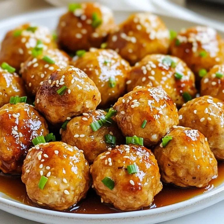 To make these tasty meatballs, you need the following main ingredients: - 1 pound ground chicken - 1/4 cup breadcrumbs - 1/4 cup grated Parmesan cheese - 1/4 cup minced green onions - 2 cloves garlic, minced - 1 large egg - 1 teaspoon salt - 1/2 teaspoon black pepper These ingredients come together to create a juicy and flavorful base for your meatballs. You can add some optional ingredients to enhance the flavor: - 1/4 teaspoon red pepper flakes (for heat) - Sesame seeds (for garnish) - Additional green onions (for garnish) These extras can give your dish a nice kick and a beautiful look. If you have dietary needs, here are some easy substitutions: - Use ground turkey instead of chicken for a leaner option. - Swap breadcrumbs for gluten-free breadcrumbs to make it gluten-free. - Replace Parmesan with nutritional yeast for a vegan option. These swaps keep the dish tasty while catering to different diets. {{ingredient_image_1}} Start by preheating your oven to 400°F (200°C). Line a baking sheet with parchment paper. In a large mixing bowl, combine the ground chicken, breadcrumbs, grated Parmesan cheese, minced green onions, and garlic. Add the egg, salt, pepper, and red pepper flakes if you like heat. Mix everything until it is well combined. Now, shape the mixture into meatballs, about 1 inch in size. Place the meatballs on the prepared baking sheet. While the meatballs bake, let’s make the honey garlic sauce. In a small saucepan, add the honey, soy sauce, apple cider vinegar, and sesame oil. Heat this mixture over medium heat. Once it starts to simmer, cook it for about 5 minutes. You want the sauce to thicken a bit. Bake the meatballs in the oven for 20-25 minutes. They should turn golden brown and be fully cooked. Check that their internal temperature reaches 165°F (74°C). Once done, move the meatballs to a large bowl. Pour the honey garlic sauce over them and gently toss to coat. Let them sit for a few minutes so they soak up the flavors. Serve them hot, topped with sesame seeds and extra green onions for a fresh look. When mixing meatballs, use your hands for the best results. This helps blend the chicken with the other ingredients. Combine ground chicken, breadcrumbs, cheese, green onions, garlic, egg, salt, pepper, and red pepper flakes well. Don't overmix; just mix until everything is well blended. For shaping, wet your hands with water to prevent sticking. Form meatballs about 1 inch in size for even cooking. To get a great texture, keep the mixture moist. The egg helps bind the ingredients. Using breadcrumbs adds lightness. If the mixture feels too wet, add a bit more breadcrumbs. If it feels too dry, try adding a little water or more egg. Bake the meatballs until they are golden and firm. This will help them stay juicy inside. If your meatballs fall apart, they may need more binding. Add an extra egg or more breadcrumbs. If they come out too dry, check your baking time. Baking them too long can dry them out. For flavor, make sure to coat them well in the honey garlic sauce after baking. If you find the sauce too thick, add a splash of water to thin it out. Pro Tips Use Fresh Ingredients: Fresh garlic and green onions will enhance the flavor of your meatballs significantly. Opt for organic produce if possible. Experiment with Spices: Feel free to adjust the amount of red pepper flakes or add other spices like ginger or coriander for an extra kick. Check for Doneness: Use a meat thermometer to ensure your meatballs reach an internal temperature of 165°F (74°C) for safe consumption. Let Them Rest: Allow the meatballs to sit for a few minutes after coating them in sauce. This helps the flavors meld together beautifully. {{image_2}} To give your honey garlic chicken meatballs a kick, you can add heat. Mix in extra red pepper flakes or diced jalapeños for spice. You can also add sriracha to the honey garlic sauce for a zesty touch. If you prefer a smoky flavor, try adding smoked paprika. These changes can make your dish bold and exciting! Experimenting with ingredients can add unique tastes. For a twist, use ground turkey instead of chicken. It keeps the meatballs light and tasty. You can also swap the breadcrumbs for crushed cornflakes for a crunchier texture. Using fresh herbs like cilantro or basil can elevate the flavor, too. Always feel free to adjust to your taste! Honey garlic chicken meatballs pair well with many sides. Serve them over rice or noodles for a filling meal. You can also offer a fresh salad to balance the sweetness. For dips, try a creamy garlic sauce or a spicy chili sauce. These add layers of flavor and enhance your dining experience! To keep your leftover meatballs fresh, place them in an airtight container. This helps to lock in moisture and flavor. Make sure they cool down before sealing the container. You can store them in the fridge for up to three days. If you want to enjoy them later, consider freezing. For reheating, the oven works best. Preheat your oven to 350°F (175°C). Place the meatballs on a baking sheet and cover them with foil. Heat for about 15 minutes. This method keeps them moist and tasty. You can also use the microwave, but they may dry out. If you use the microwave, cover the meatballs with a damp paper towel to help retain moisture. To freeze the meatballs, first, let them cool completely. Arrange them in a single layer on a baking sheet. Freeze until firm, then transfer them to a freezer bag. Remove as much air as possible to prevent freezer burn. These meatballs can last for up to three months in the freezer. For best results, reheat them straight from the freezer, adding a few extra minutes to the cooking time. Yes, you can use ground turkey. It tastes great and keeps the dish light. Turkey has less fat than chicken. This makes it a healthier option. Just remember to adjust the cooking time if needed. Ground turkey may take a bit longer to cook through. Always check that it reaches 165°F (74°C). You can serve these meatballs in many fun ways. They work well over rice or noodles. You can also serve them in a sandwich. Just add some fresh veggies and your favorite sauce. For a quick appetizer, serve them with toothpicks. Garnish with sesame seeds and green onions for a nice touch. To make this dish gluten-free, swap the breadcrumbs. You can use gluten-free breadcrumbs or crushed gluten-free crackers. Make sure your soy sauce is gluten-free too. Look for tamari or other gluten-free options. This way, you can enjoy tasty meatballs without gluten. You learned about making honey garlic chicken meatballs from start to finish. We covered key ingredients and helpful tips for perfecting the recipe. You also found tasty variations and how to store leftovers properly. Remember, cooking is fun and allows for creativity. Don’t be afraid to make changes to suit your taste. Enjoy your cooking and impress your friends and family with this dish!