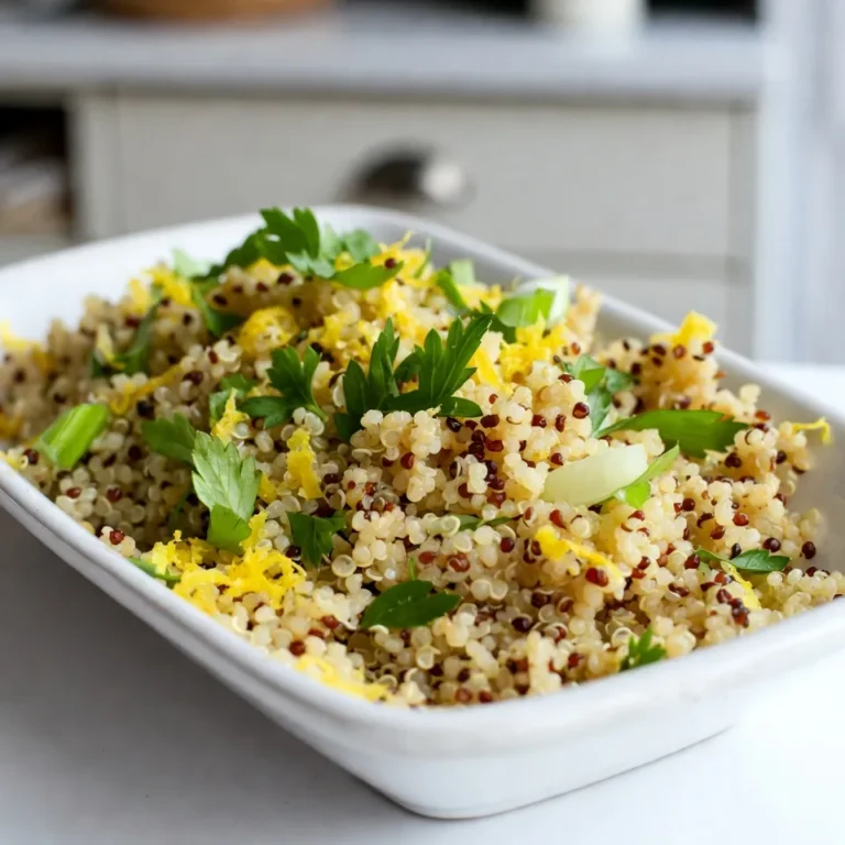 - 1 cup quinoa (rinsed) - 2 cups vegetable broth - 2 tablespoons olive oil - 3 cloves garlic, minced - Zest of 1 lemon - Juice of 1 lemon - 1 teaspoon salt - ½ teaspoon black pepper - ½ teaspoon red pepper flakes (optional) - ¼ cup fresh parsley, chopped - ¼ cup green onions, sliced To make Zesty Lemon Garlic Quinoa, you need simple and fresh ingredients. First, start with quinoa. Rinsing it removes bitter flavors. Next, use vegetable broth for a tasty base. Olive oil adds a rich flavor, while garlic gives it a warm aroma. The zest and juice of one lemon bring a bright, fresh taste. Salt and pepper enhance the flavors. If you like heat, add red pepper flakes. Finally, fresh parsley and green onions give color and a nice crunch. These ingredients come together to create a dish that is both healthy and delicious. You can prepare it quickly, making it great for busy days or special meals. {{ingredient_image_1}} 1. First, take a medium saucepan. Pour in 2 cups of vegetable broth. 2. Heat the broth on high until it boils. 3. Next, add 1 cup of rinsed quinoa to the boiling broth. 4. Lower the heat to a simmer. 5. Cover the pot and cook for about 15 minutes. 6. When done, the quinoa should absorb all the liquid and be fluffy. 1. While the quinoa cooks, grab a large skillet. 2. Pour in 2 tablespoons of olive oil. 3. Heat the oil over medium heat. 4. Add 3 cloves of minced garlic. 5. Sauté for 1-2 minutes. 6. The garlic should smell great but not brown. 1. Once the quinoa is ready, add it to the skillet with the garlic. 2. Mix in the zest and juice of 1 lemon. 3. Add 1 teaspoon of salt, ½ teaspoon of black pepper, and ½ teaspoon of red pepper flakes for heat. 4. Toss everything well. 5. Make sure the quinoa is evenly coated with the seasonings. 6. Finally, remove the skillet from heat. 7. Stir in ¼ cup of chopped parsley and ¼ cup of sliced green onions. Rinsing quinoa makes a big difference. It removes the saponins that can taste bitter. Rinse it under cold water in a fine mesh strainer. This simple step boosts flavor. Check quinoa for doneness by looking for tiny spirals. These show the quinoa is fluffy and ready. If it’s still crunchy, cook it a bit longer. Adjust salt and spices to fit your taste. Start with the recipe's amounts, then add more if needed. This makes your dish just right for you. You can add ingredients like feta cheese or chopped veggies for extra flavor. Try roasted bell peppers or sun-dried tomatoes for a tasty twist. These choices make the dish even more fun. Serve the quinoa on a large platter for a beautiful spread. Garnish with extra parsley and lemon wedges. This adds color and freshness to your meal. Use an herb sprig or a sprinkle of red pepper flakes on top. These small touches make the dish look appealing and invite everyone to dig in. Pro Tips Rinse Your Quinoa: Rinsing quinoa before cooking removes its natural coating, called saponin, which can make it taste bitter. Make sure to give it a good rinse under cold water for the best flavor. Boost Flavor with Broth: Using vegetable broth instead of water to cook quinoa adds an extra layer of flavor. Choose a low-sodium broth for a healthier option. Customize Your Herbs: Feel free to substitute parsley and green onions with other fresh herbs like cilantro, basil, or dill according to your preference to create different flavor profiles. Perfect Texture Tips: If you find your quinoa is too mushy, reduce the cooking time slightly. Conversely, if it’s too firm, add a splash more broth and let it steam covered for a few extra minutes. {{image_2}} You can easily boost the protein in your Zesty Lemon Garlic Quinoa. Adding chickpeas or beans creates a hearty dish. These options are simple and pack a great punch of flavor. You can also include grilled chicken or shrimp for a tasty twist. Both options add protein and make the meal more filling. Incorporating seasonal vegetables makes your dish colorful and fresh. Think of adding bell peppers, zucchini, or spinach. These veggies not only taste great but also add important nutrients. If you want convenience, use frozen veggies. They are quick to use and keep well in your freezer. Just toss them in during the last few minutes of cooking. If you need gluten-free options, this recipe is already safe for you. Quinoa is a gluten-free grain, so you can enjoy it without worry. For vegan-friendly tips, skip any animal protein. Instead, focus on adding extra veggies or a plant-based protein like tofu. This way, you keep the dish tasty and healthy. To keep Zesty Lemon Garlic Quinoa fresh, store it in an airtight container. This helps maintain its flavor and texture. Place it in the fridge right after it cools down. You can safely eat the leftovers for about three to five days. If you see any signs of spoilage, like an off smell or change in color, throw it away. If you want to store quinoa for a longer time, freezing is a great option. First, let the quinoa cool completely. Next, scoop it into freezer-safe bags. Remove as much air as possible to avoid freezer burn. It can stay fresh for about three months. When you're ready to eat, thaw it overnight in the fridge. To reheat, simply warm it in a pan or microwave until hot. If you're cooking for a crowd, you can easily adjust ingredient amounts. For double the servings, use two cups of quinoa and four cups of broth. Just keep the other ingredients in the same ratio. This dish is great for meal prep. You can make a big batch and enjoy it throughout the week. Just remember to store it properly, so it stays tasty! To cook quinoa perfectly, rinse it first. This removes the bitter coating called saponin. A common mistake is using too little or too much liquid. The best ratio is 1 cup quinoa to 2 cups broth or water. Bring the broth to a boil, add the rinsed quinoa, then cover and simmer. Cook for about 15 minutes until it absorbs all the liquid. Fluff it with a fork after cooking. Yes, you can use water instead of broth. However, this may dull the flavor. Broth adds depth and a savory taste. If you choose water, consider adding herbs or spices. This can enhance the flavor. You might also add a splash of lemon juice or olive oil for richness. Zesty Lemon Garlic Quinoa pairs well with many dishes. Try it with grilled chicken or fish for protein. You can also serve it alongside roasted vegetables for a colorful plate. For a quick meal, add black beans or chickpeas. This makes it hearty and nutritious. Use it as a base for a salad with greens and a light dressing. This blog post covered how to make Zesty Lemon Garlic Quinoa. We talked about ingredients, cooking steps, and tips for the best results. You learned how to store leftovers and even adjust the recipe for your needs. Quinoa is versatile, tasty, and easy to make. It fits many diets and can be paired with various dishes. Enjoy experimenting with this simple, healthy recipe. Your meals can be fun and full of flavor!
