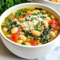 - 1 tablespoon olive oil - 1 medium onion, diced - 2 cloves garlic, minced - 2 carrots, diced - 2 celery stalks, diced - 1 teaspoon dried rosemary - 1 teaspoon dried thyme - 1 can (15 oz) cannellini beans, drained and rinsed - 4 cups vegetable broth - 1 can (14 oz) diced tomatoes, undrained - 2 cups kale, chopped - Salt and pepper to taste - Fresh parsley, chopped (for garnish) - Grated Parmesan cheese (optional, for serving) This soup needs simple yet tasty ingredients. The base starts with olive oil, onion, and garlic. These create a rich flavor. Carrots and celery add sweetness and crunch. Dried herbs like rosemary and thyme bring warmth to each bite. Cannellini beans make the soup hearty and filling. Vegetable broth adds depth, while diced tomatoes provide acidity. Kale offers a nutritional boost and a lovely green color. You can season your soup with salt and pepper to fit your taste. For a touch of freshness, top it with parsley. If you like cheese, grate some Parmesan on top for added flavor. Each ingredient works together to create a comforting dish. When you gather these items, you prepare for a delicious meal that warms the heart. {{ingredient_image_1}} 1. Sautéing the onion and garlic: Start by heating 1 tablespoon of olive oil in a large pot over medium heat. Add the diced onion and cook for about 5 minutes. You want the onion to turn soft and translucent. Then, stir in 2 cloves of minced garlic. Cook this mixture for 1 more minute. This step brings out the sweet flavors of onion and garlic. 2. Adding vegetables (carrots, celery): Next, add 2 diced carrots and 2 diced celery stalks to the pot. Cook these vegetables for another 5 minutes. They should soften and blend with the onion and garlic. This adds depth to your soup. 3. Incorporating dried herbs: Now, add 1 teaspoon of dried rosemary and 1 teaspoon of dried thyme. Stir well to mix. Cook for 1 minute. This helps release the aroma of the herbs, making your kitchen smell wonderful. 1. Adding the beans, broth, and tomatoes: It’s time to incorporate the main ingredients. Add 1 can of drained and rinsed cannellini beans, 4 cups of vegetable broth, and 1 can of undrained diced tomatoes. Bring this mixture to a boil. 2. Simmering the soup: Once boiling, reduce the heat to a simmer. Let the soup cook for about 20 minutes. This allows the flavors to meld nicely together. 3. Adding kale and seasoning: After 20 minutes, add 2 cups of chopped kale to the pot. Let it cook for another 5 minutes until the kale is tender. Season with salt and pepper to taste. This adds a fresh and vibrant touch to your soup. 1. Garnishing the soup: Once ready, ladle the soup into bowls. Garnish with some fresh chopped parsley. If you like, add a sprinkle of grated Parmesan cheese on top. This adds a nice creaminess. 2. Serving temperature tips: Serve the soup hot. It warms you up and brings out the best flavor. Enjoy it with some crusty bread for a complete meal. How do you sauté vegetables perfectly? Start by heating the olive oil in a large pot over medium heat. Add the onion first. Cook it for about five minutes until it’s soft and clear. Then, add the garlic, carrots, and celery. Stir them well and cook for another five minutes. This method helps bring out the sweet flavors in the veggies. What are the best techniques for seasoning? Always season in layers. Add salt and pepper when you sauté the veggies. This helps the flavors mix well. After adding the broth and beans, taste the soup. Adjust the seasoning if needed. Remember, you can always add more, but you can't take it out! What are some substitutions for canned beans? If you don't have cannellini beans, you can use navy beans or great northern beans. They have similar textures and flavors. If you want to use dried beans, soak them overnight and cook them until soft before adding them to the soup. How do you choose the right broth? For a rich flavor, use a high-quality vegetable broth. Look for low-sodium options to control the salt. If you like, you can make your own broth from leftover veggies. It adds a nice touch and is very fresh! What spices can you add for extra flavor? You can add a pinch of red pepper flakes for heat or a dash of smoked paprika for depth. Fresh herbs like basil or parsley can also brighten the soup. Just stir them in at the end of cooking for the best taste. What are some suggestions for homemade croutons? Homemade croutons are easy! Use stale bread, cut it into cubes, and toss it with olive oil, salt, and garlic powder. Bake them at 400°F until they’re golden and crunchy. They make a great topping for the soup! Pro Tips Use Fresh Herbs: Whenever possible, opt for fresh rosemary and thyme instead of dried. They provide a more vibrant flavor to the soup. Customize Your Greens: While kale is a great choice, feel free to substitute with Swiss chard or spinach for a different texture and taste. Make It Creamy: For a creamier consistency, blend a portion of the soup and then stir it back into the pot before serving. Serve with Bread: Pair the soup with crusty bread or a side salad for a complete meal that complements the flavors beautifully. {{image_2}} You can change the beans in this soup. Try using navy beans or great northern beans. Each type gives a different taste. You can also mix beans for a fun twist. Adding proteins is another great option. For a heartier meal, add cooked chicken or sausage. Cook the meat first, then add it when you combine the beans and broth. This adds flavor and makes the soup more filling. If you want a vegan or vegetarian soup, leave out any meat. The base is already full of flavor. Use vegetable broth instead of chicken broth, and you are set! For gluten-free options, make sure your broth is gluten-free. Most vegetable broths are, but check the label. You can also serve the soup with gluten-free bread. Want a spicier soup? Add red pepper flakes while you cook. This gives the soup a nice kick. You can also play with herbs and spices. Mix in some basil or oregano for a new flavor. A squeeze of lemon juice can brighten the taste too. Don't be afraid to experiment! To store leftovers, let the soup cool first. Place it in an airtight container. Glass or plastic containers work well. Ensure you keep the soup in the fridge. It can stay fresh for a few days. To freeze soup, use freezer-safe containers. Leave some space at the top for expansion. This soup can freeze well for up to three months. When ready to eat, thaw it in the fridge overnight. You can also use the microwave on the defrost setting. Reheat on the stove over low heat until hot. Tuscan White Bean Soup lasts about three to four days in the fridge. Always check for signs of spoilage. If you notice any off smells or mold, throw it away. Fresh soup should smell savory and inviting. Enjoying it within a few days keeps it tasting great. What is Tuscan White Bean Soup typically served with? Tuscan White Bean Soup pairs well with crusty bread. You can also serve it with a fresh salad. A sprinkle of grated Parmesan adds a nice touch too. Can I make this soup in a slow cooker? Yes, you can use a slow cooker. Add all ingredients and cook on low for 6-8 hours. This method will make the flavors richer. How to enhance the nutritional value of the soup? Add more veggies like spinach or zucchini. You can also toss in some quinoa or lentils for extra protein. Can I use fresh herbs instead of dried? Absolutely! Use about three times more fresh herbs than dried. Fresh rosemary and thyme will add great flavor. What type of vegetable broth is best for the soup? A low-sodium vegetable broth works best. This lets you control the salt in your recipe. How do I make the soup thicker? To thicken the soup, mash some beans with a fork. You can also add a bit of cornstarch mixed with water. What are the best storage practices for homemade soups? Store the soup in airtight containers. Let it cool before sealing. It keeps well in the fridge for up to 4 days. This blog post outlined the key ingredients and steps to create Tuscan White Bean Soup. We discussed preparation, cooking methods, and serving tips. I also shared tips for storing and enhancing the flavor of your soup. Try different beans or add proteins for variety, or customize to fit your diet. Remember, this soup is easy to make and delicious. Enjoy your cooking adventure, and savor every warm bowl!