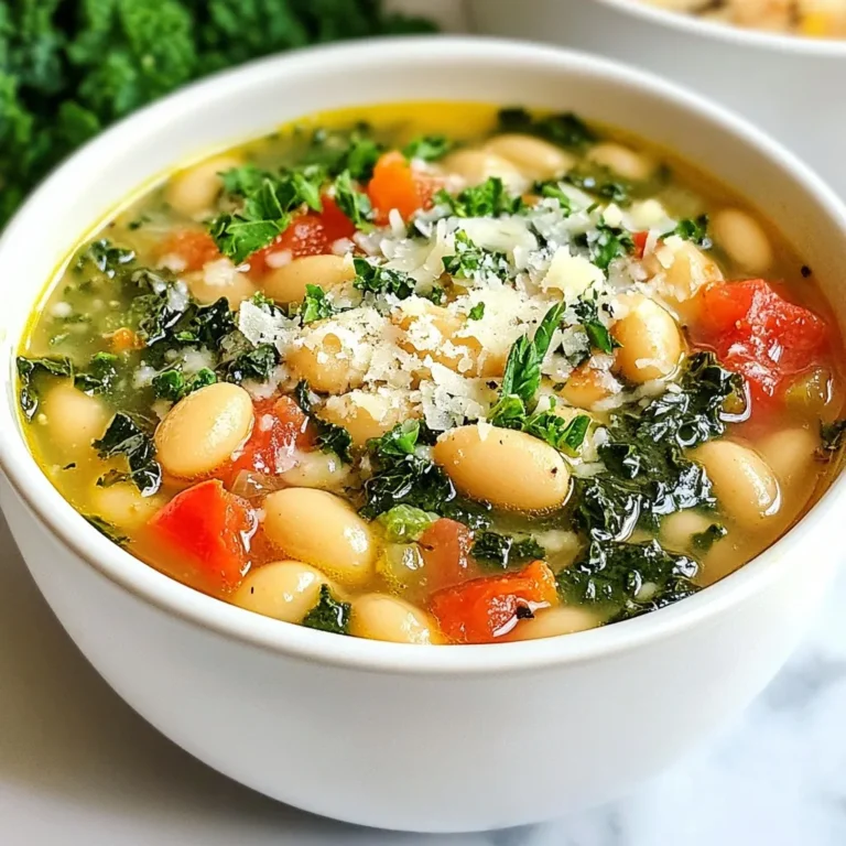 - 1 tablespoon olive oil - 1 medium onion, diced - 2 cloves garlic, minced - 2 carrots, diced - 2 celery stalks, diced - 1 teaspoon dried rosemary - 1 teaspoon dried thyme - 1 can (15 oz) cannellini beans, drained and rinsed - 4 cups vegetable broth - 1 can (14 oz) diced tomatoes, undrained - 2 cups kale, chopped - Salt and pepper to taste - Fresh parsley, chopped (for garnish) - Grated Parmesan cheese (optional, for serving) This soup needs simple yet tasty ingredients. The base starts with olive oil, onion, and garlic. These create a rich flavor. Carrots and celery add sweetness and crunch. Dried herbs like rosemary and thyme bring warmth to each bite. Cannellini beans make the soup hearty and filling. Vegetable broth adds depth, while diced tomatoes provide acidity. Kale offers a nutritional boost and a lovely green color. You can season your soup with salt and pepper to fit your taste. For a touch of freshness, top it with parsley. If you like cheese, grate some Parmesan on top for added flavor. Each ingredient works together to create a comforting dish. When you gather these items, you prepare for a delicious meal that warms the heart. {{ingredient_image_1}} 1. Sautéing the onion and garlic: Start by heating 1 tablespoon of olive oil in a large pot over medium heat. Add the diced onion and cook for about 5 minutes. You want the onion to turn soft and translucent. Then, stir in 2 cloves of minced garlic. Cook this mixture for 1 more minute. This step brings out the sweet flavors of onion and garlic. 2. Adding vegetables (carrots, celery): Next, add 2 diced carrots and 2 diced celery stalks to the pot. Cook these vegetables for another 5 minutes. They should soften and blend with the onion and garlic. This adds depth to your soup. 3. Incorporating dried herbs: Now, add 1 teaspoon of dried rosemary and 1 teaspoon of dried thyme. Stir well to mix. Cook for 1 minute. This helps release the aroma of the herbs, making your kitchen smell wonderful. 1. Adding the beans, broth, and tomatoes: It’s time to incorporate the main ingredients. Add 1 can of drained and rinsed cannellini beans, 4 cups of vegetable broth, and 1 can of undrained diced tomatoes. Bring this mixture to a boil. 2. Simmering the soup: Once boiling, reduce the heat to a simmer. Let the soup cook for about 20 minutes. This allows the flavors to meld nicely together. 3. Adding kale and seasoning: After 20 minutes, add 2 cups of chopped kale to the pot. Let it cook for another 5 minutes until the kale is tender. Season with salt and pepper to taste. This adds a fresh and vibrant touch to your soup. 1. Garnishing the soup: Once ready, ladle the soup into bowls. Garnish with some fresh chopped parsley. If you like, add a sprinkle of grated Parmesan cheese on top. This adds a nice creaminess. 2. Serving temperature tips: Serve the soup hot. It warms you up and brings out the best flavor. Enjoy it with some crusty bread for a complete meal. How do you sauté vegetables perfectly? Start by heating the olive oil in a large pot over medium heat. Add the onion first. Cook it for about five minutes until it’s soft and clear. Then, add the garlic, carrots, and celery. Stir them well and cook for another five minutes. This method helps bring out the sweet flavors in the veggies. What are the best techniques for seasoning? Always season in layers. Add salt and pepper when you sauté the veggies. This helps the flavors mix well. After adding the broth and beans, taste the soup. Adjust the seasoning if needed. Remember, you can always add more, but you can't take it out! What are some substitutions for canned beans? If you don't have cannellini beans, you can use navy beans or great northern beans. They have similar textures and flavors. If you want to use dried beans, soak them overnight and cook them until soft before adding them to the soup. How do you choose the right broth? For a rich flavor, use a high-quality vegetable broth. Look for low-sodium options to control the salt. If you like, you can make your own broth from leftover veggies. It adds a nice touch and is very fresh! What spices can you add for extra flavor? You can add a pinch of red pepper flakes for heat or a dash of smoked paprika for depth. Fresh herbs like basil or parsley can also brighten the soup. Just stir them in at the end of cooking for the best taste. What are some suggestions for homemade croutons? Homemade croutons are easy! Use stale bread, cut it into cubes, and toss it with olive oil, salt, and garlic powder. Bake them at 400°F until they’re golden and crunchy. They make a great topping for the soup! Pro Tips Use Fresh Herbs: Whenever possible, opt for fresh rosemary and thyme instead of dried. They provide a more vibrant flavor to the soup. Customize Your Greens: While kale is a great choice, feel free to substitute with Swiss chard or spinach for a different texture and taste. Make It Creamy: For a creamier consistency, blend a portion of the soup and then stir it back into the pot before serving. Serve with Bread: Pair the soup with crusty bread or a side salad for a complete meal that complements the flavors beautifully. {{image_2}} You can change the beans in this soup. Try using navy beans or great northern beans. Each type gives a different taste. You can also mix beans for a fun twist. Adding proteins is another great option. For a heartier meal, add cooked chicken or sausage. Cook the meat first, then add it when you combine the beans and broth. This adds flavor and makes the soup more filling. If you want a vegan or vegetarian soup, leave out any meat. The base is already full of flavor. Use vegetable broth instead of chicken broth, and you are set! For gluten-free options, make sure your broth is gluten-free. Most vegetable broths are, but check the label. You can also serve the soup with gluten-free bread. Want a spicier soup? Add red pepper flakes while you cook. This gives the soup a nice kick. You can also play with herbs and spices. Mix in some basil or oregano for a new flavor. A squeeze of lemon juice can brighten the taste too. Don't be afraid to experiment! To store leftovers, let the soup cool first. Place it in an airtight container. Glass or plastic containers work well. Ensure you keep the soup in the fridge. It can stay fresh for a few days. To freeze soup, use freezer-safe containers. Leave some space at the top for expansion. This soup can freeze well for up to three months. When ready to eat, thaw it in the fridge overnight. You can also use the microwave on the defrost setting. Reheat on the stove over low heat until hot. Tuscan White Bean Soup lasts about three to four days in the fridge. Always check for signs of spoilage. If you notice any off smells or mold, throw it away. Fresh soup should smell savory and inviting. Enjoying it within a few days keeps it tasting great. What is Tuscan White Bean Soup typically served with? Tuscan White Bean Soup pairs well with crusty bread. You can also serve it with a fresh salad. A sprinkle of grated Parmesan adds a nice touch too. Can I make this soup in a slow cooker? Yes, you can use a slow cooker. Add all ingredients and cook on low for 6-8 hours. This method will make the flavors richer. How to enhance the nutritional value of the soup? Add more veggies like spinach or zucchini. You can also toss in some quinoa or lentils for extra protein. Can I use fresh herbs instead of dried? Absolutely! Use about three times more fresh herbs than dried. Fresh rosemary and thyme will add great flavor. What type of vegetable broth is best for the soup? A low-sodium vegetable broth works best. This lets you control the salt in your recipe. How do I make the soup thicker? To thicken the soup, mash some beans with a fork. You can also add a bit of cornstarch mixed with water. What are the best storage practices for homemade soups? Store the soup in airtight containers. Let it cool before sealing. It keeps well in the fridge for up to 4 days. This blog post outlined the key ingredients and steps to create Tuscan White Bean Soup. We discussed preparation, cooking methods, and serving tips. I also shared tips for storing and enhancing the flavor of your soup. Try different beans or add proteins for variety, or customize to fit your diet. Remember, this soup is easy to make and delicious. Enjoy your cooking adventure, and savor every warm bowl!