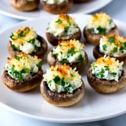 - 16 large cremini or button mushrooms - 1 cup cream cheese, softened - ½ cup grated Parmesan cheese - 3 cloves garlic, minced - 2 tablespoons fresh parsley, chopped - ½ teaspoon black pepper - ½ teaspoon salt - ½ teaspoon red pepper flakes (optional) - 1 tablespoon olive oil - 1 cup breadcrumbs (preferably panko) These ingredients create a savory treat that everyone loves. The mushrooms provide a perfect base. Cream cheese adds a rich, smooth texture. Parmesan gives a salty bite that makes each bite special. Garlic brings warmth and depth to the dish. Fresh parsley adds a pop of color and freshness. When preparing, use large cremini or button mushrooms. They hold the stuffing well. Softened cream cheese blends easily with the other flavors. Grated Parmesan adds a nice crust when baked. Minced garlic is key for that robust taste. Feel free to adjust the spices to your liking. If you enjoy heat, add red pepper flakes. The olive oil helps sauté the garlic and mushroom stems. Panko breadcrumbs give a delightful crunch on top. Gather these ingredients, and you’re on your way to a delicious snack! {{ingredient_image_1}} 1. Preheat your oven to 375°F (190°C). 2. Clean the mushrooms with a damp cloth. Remove the stems and set the caps aside. 3. Finely chop the mushroom stems and keep them for later. 4. In a skillet, heat one tablespoon of olive oil over medium heat. 5. Add the chopped stems, three cloves of minced garlic, and a pinch of salt. 6. Sauté for about 3-4 minutes until they smell wonderful and look tender. 1. In a mixing bowl, combine the sautéed stems and the following ingredients: - 1 cup cream cheese, softened - ½ cup grated Parmesan cheese - 2 tablespoons fresh parsley, chopped - ½ teaspoon black pepper - ½ teaspoon red pepper flakes (optional) 2. Mix everything until it is well blended and creamy. 3. Take a small spoon or your hands to stuff each mushroom cap with the cheese mixture. 4. Press gently to pack the filling inside each cap. 1. Arrange the stuffed mushrooms on a baking sheet lined with parchment paper. 2. Sprinkle the tops with 1 cup of breadcrumbs for a nice crunch. 3. Bake in the preheated oven for 20-25 minutes. 4. Look for tender mushrooms and golden brown tops as signs they are done. 5. Let them cool for a few minutes before serving. - Substitutions for cheese: You can swap cream cheese for ricotta or goat cheese. This change adds a unique flavor. If you want a stronger taste, try blue cheese. Mix and match cheeses to find your favorite. - Adding herbs and spices: Fresh herbs like thyme or oregano work well. You can even add a dash of lemon zest for brightness. A pinch of smoked paprika adds a nice depth too. - How to achieve maximum crunch: Use panko breadcrumbs for stuffing and topping. Panko gives a light, crispy texture. Bake until golden brown for the best crunch. - Storage options for leftovers: Store leftovers in an airtight container in the fridge. They last about three days. For longer storage, freeze them before baking. Wrap them tightly in plastic wrap. - Garnishing ideas for serving: Top with fresh parsley or a sprinkle of Parmesan. This adds color and flair. You can also drizzle a bit of balsamic glaze for an elegant touch. - Serving suggestions and pairing: Serve these mushrooms as appetizers or snacks. They pair well with a crisp salad or a glass of white wine. These bites also go great with a charcuterie board. Pro Tips Choose Fresh Mushrooms: Always select firm, unblemished mushrooms for the best flavor and texture. Customize the Filling: Feel free to add other ingredients like spinach or bacon for added complexity and flavor. Let Them Cool: Allow stuffed mushrooms to cool slightly before serving to enhance the flavors and make them easier to handle. Serving Suggestions: Pair with a tangy dipping sauce, like marinara or a garlic aioli, for an extra burst of flavor. {{image_2}} You can change the filling for stuffed mushrooms to suit your taste. Try adding meats like sausage or bacon for a savory twist. Just cook the meat first to get rid of excess fat. Then, mix it with the cheese and herbs. For a vegetarian option, use vegetable-based fillings. Chopped spinach or artichokes work great. You can also add nuts for crunch. This way, you keep the dish tasty and satisfying without meat. To add new layers of flavor, try different herbs like thyme or rosemary. These herbs give a fresh taste. They also pair well with garlic and cheese. Just mix them into your filling for a fragrant boost. You can also infuse flavors with spices. Adding a bit of smoked paprika or cumin can change the game. These spices add warmth and depth. Experiment with just a pinch at first to find your perfect balance. After cooking, let the Garlic Parmesan Stuffed Mushrooms cool down. Place them in a shallow dish. Cover the dish with plastic wrap or a tight lid. Store them in the fridge. They stay fresh for about 3 to 5 days. For long-term storage, you can freeze the stuffed mushrooms. First, let them cool completely. Then, arrange them on a baking sheet. Freeze them for about 1 hour. Once frozen, transfer them to a freezer bag. Remove as much air as possible. They will last for about 2 to 3 months in the freezer. To reheat your stuffed mushrooms, use the oven for best results. Preheat the oven to 350°F (175°C). Place the mushrooms on a baking sheet. Heat them for about 10-15 minutes, or until warm. This method helps keep the mushrooms soft and the topping crispy. You can also reheat them in the microwave. Place them on a microwave-safe plate. Heat in short bursts of 30 seconds. Check often to avoid overcooking. While you can serve them at room temperature, warm mushrooms taste best. The flavors pop when they are hot. You will know the stuffed mushrooms are done when they are golden brown. The tops should look crisp, and the mushrooms will be tender. Bake them for about 20-25 minutes at 375°F (190°C). Keep an eye on them near the end to avoid overcooking. I do not recommend using frozen mushrooms for this dish. Frozen mushrooms can become watery when cooked. Fresh mushrooms hold their shape and flavor better. Use large cremini or button mushrooms for the best results. These stuffed mushrooms pair well with many dishes. You can serve them as an appetizer or side. They go great with a fresh salad, roasted veggies, or pasta. For a fun touch, try them with a dipping sauce. To make this recipe gluten-free, use gluten-free breadcrumbs. You can find these at many grocery stores. Check the labels to ensure they meet your needs. The rest of the ingredients are naturally gluten-free, so enjoy! Garlic Parmesan stuffed mushrooms offer great flavor and texture. We covered the essential ingredients, step-by-step prep, and baking methods. Tips for customizing your dish and storing leftovers help you enjoy these treats longer. Remember, you can mix in meats or veggies for new twists. Serve them hot or cold based on your taste. With these insights, I hope you feel inspired to create a delicious appetizer. Dive into your kitchen and make this tasty dish today!