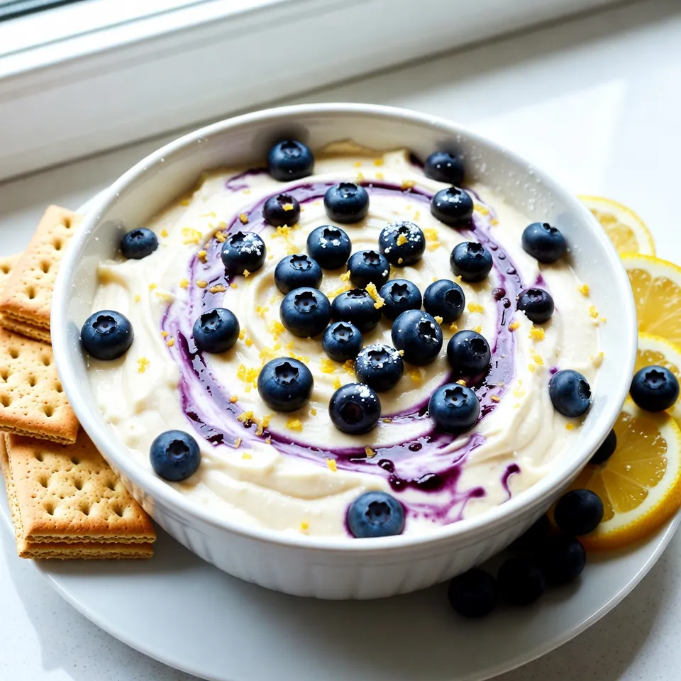 - 8 oz cream cheese, softened - 1/2 cup Greek yogurt or sour cream - 1/3 cup powdered sugar - 1 teaspoon vanilla extract - Zest of 1 lemon - 2 tablespoons fresh lemon juice - 1 cup fresh blueberries - 1/4 teaspoon sea salt - Graham crackers or fruit slices for serving To make this Lemon Blueberry Cheesecake Dip, you need simple, easy-to-find ingredients. Start with cream cheese for a rich base. Softened cream cheese blends smoothly, giving your dip a creamy texture. Next, choose between Greek yogurt or sour cream. Both add tangy flavor and creaminess. Powdered sugar sweetens the mix without any gritty texture. Vanilla extract enhances the dip with a lovely aroma. Don’t forget the lemon! You’ll need both zest and juice. The zest brings a fresh, bright flavor. The juice adds a tart kick. Fresh blueberries provide sweetness and color. They make the dip pop! Finally, a pinch of sea salt balances all the flavors. For serving, graham crackers or fruit slices work well. They add a nice crunch and contrast to the creamy dip. {{ingredient_image_1}} To start, gather your ingredients. In a large bowl, add 8 ounces of softened cream cheese, 1/2 cup of Greek yogurt, and 1/3 cup of powdered sugar. Grab your hand mixer and beat them together until the mix is smooth and creamy. Next, add 1 teaspoon of vanilla extract, the zest of 1 lemon, and 2 tablespoons of fresh lemon juice. Don't forget the 1/4 teaspoon of sea salt. Mix until everything blends well and no lumps remain. Now, it’s time to bring in the star of the show—fresh blueberries! Gently fold in 1 cup of fresh blueberries. Be careful not to crush them too much. You want to keep their shape and sweet flavor. A great tip is to reserve a few blueberries for the topping later. This will help create a lovely look. Once your dip is ready, transfer it to a nice serving bowl. Use a spatula to create swirls of cream cheese and blueberries for a marbled effect. This adds a fun touch! For the finishing touches, garnish the top with the reserved blueberries, a sprinkle of lemon zest, and a dusting of powdered sugar. This will make your dip look even more inviting. Serve it with graham crackers or fruit slices for a tasty treat! To get the best dip, start with softened cream cheese. This helps mix well and makes the dip smooth. If you forget to soften it, you may get lumps. You can also use Greek yogurt or sour cream. Both give a nice creaminess. Greek yogurt adds a tangy taste, while sour cream has a richer flavor. Each choice gives a unique twist to your dip. You can boost the taste with spices or extracts. A pinch of cinnamon or a splash of almond extract can surprise your taste buds. Feel free to mix in different fruits too. Try strawberries, raspberries, or even peaches for fun flavors. Each fruit brings its own sweetness and color. Experiment with what you love and make this dip your own! Pro Tips Use Room Temperature Ingredients: Allow your cream cheese and Greek yogurt to come to room temperature before mixing. This ensures a smoother and lump-free dip. Experiment with Sweetness: Adjust the amount of powdered sugar to your taste preference. If you prefer a tangier dip, you can reduce the sugar slightly. Fresh vs. Frozen Blueberries: While fresh blueberries are ideal for this recipe, you can use frozen blueberries if fresh ones aren’t available. Just be aware that they may release more juice. Chill Before Serving: For the best flavor and texture, let the dip chill in the refrigerator for at least 30 minutes before serving. This helps the flavors meld beautifully. {{image_2}} You can change up the lemon blueberry cheesecake dip to fit your taste. For berry variations, try using strawberries or raspberries. Both add a sweet and tart flavor that brightens the dip. For citrus alternatives, lime and orange offer a fresh twist. Lime adds a zesty kick, while orange gives a sweet touch. Just remember to adjust the sugar to balance the flavors. If you want to make this dip gluten-free, serve it with rice cakes or fruit slices. These options pair well and keep the dip safe for those with gluten issues. For vegan or dairy-free substitutions, swap cream cheese with a plant-based version. Use coconut yogurt instead of Greek yogurt or sour cream. These changes keep the taste creamy and delicious while meeting dietary needs. To keep your Lemon Blueberry Cheesecake Dip fresh, store it in the fridge. Use an airtight container to lock in flavor and moisture. Make sure the dip is cool before sealing the container. This dip stays fresh for up to three days. After that, the texture and taste may change. Yes, you can freeze the dip! Freezing helps preserve its taste, but the texture might change. To freeze, place the dip in a freezer-safe container. Leave some space at the top for expansion. When you want to eat it, take it out of the freezer. To thaw, move the dip to the fridge overnight. This keeps it cold and helps maintain the texture. Avoid thawing it in the microwave, as this can make it watery. Once thawed, stir the dip gently before serving. Enjoy your tasty treat! You can make this dip a day ahead. Just mix all the ingredients as the recipe says. Store it in an airtight container in the fridge. This allows all the flavors to blend well. When you are ready to serve, just stir it gently. You may want to add fresh blueberries on top again for a fresh look. Yes, you can use frozen blueberries. Just make sure to thaw them first. Drain any excess water before adding them to the dip. This helps keep the dip from getting too watery. Frozen blueberries may be softer, so handle them gently to keep their shape. You have many tasty options for serving! Here are some great pairings: - Graham crackers for a crunchy contrast - Fresh fruit slices like apples, pears, or strawberries - Pretzels for a sweet and salty mix - Vanilla wafers for added sweetness These snacks will match perfectly with the creamy dip. Try different combinations to find your favorite! This article shared a tasty recipe for Lemon Blueberry Cheesecake Dip. We covered key ingredients like cream cheese and fresh blueberries. I provided step-by-step instructions to help you mix smoothly and make it look great. Tips on texture and flavors can enhance your dip. We explored variations for different tastes and dietary needs, plus storage tips to keep it fresh. Enjoy making this dip. Experiment and share it with friends! You may just find a new favorite treat.