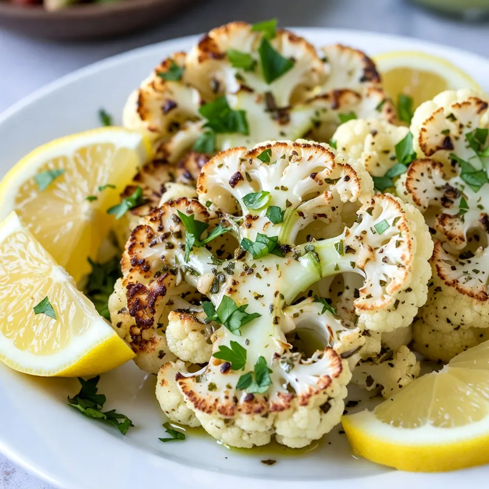 For these tasty cauliflower steaks, you will need: - 1 large head of cauliflower - 4 tablespoons olive oil - 4 cloves garlic, minced - 1 teaspoon dried thyme - 1 teaspoon dried rosemary - ½ teaspoon smoked paprika - Salt and pepper to taste These ingredients come together to create a flavorful dish. The cauliflower acts as the star, while the herbs and spices add depth. Olive oil keeps the steaks moist and enhances the flavors. You can elevate your cauliflower steaks with some simple garnishes. Here are my favorite options: - Fresh parsley, chopped for garnish - Lemon wedges for serving Fresh parsley adds a pop of color and freshness. The lemon wedges give a zesty kick that brightens the dish. A squeeze of lemon right before you take a bite is a game-changer. If you need to switch things up, there are easy substitutions. Here are some ideas: - Use avocado oil instead of olive oil for a different taste. - Try fresh herbs like rosemary and thyme if you have them. - If you want a spicy kick, add a pinch of cayenne pepper. These swaps can change the flavor profile while keeping it delicious. Don't be afraid to experiment and make it your own! {{ingredient_image_1}} To start, take a large head of cauliflower. Remove the outer leaves and trim the stem, but keep the core. This helps the cauliflower hold together. Next, slice the cauliflower into ¾-inch thick steaks. You should get about two to three good steaks from the center. Save any leftover florets for another dish. They are great for soups or stir-fries. In a small bowl, combine four tablespoons of olive oil with four minced garlic cloves. Add one teaspoon of dried thyme and one teaspoon of dried rosemary for a nice herbal touch. Mix in half a teaspoon of smoked paprika. Don’t forget to add salt and pepper to taste. Whisk it all together until well combined. This garlic herb oil will give your steaks amazing flavor. Preheat your oven to 425°F (220°C). Line a baking sheet with parchment paper for easy cleanup. Place the cauliflower steaks on the sheet. Brush both sides generously with your garlic herb oil mixture. Make sure each steak is well coated. Roast them in the oven for 20 to 25 minutes. Flip the steaks halfway through to ensure even cooking. They should turn golden brown and tender when ready. Once done, let them cool slightly on the baking sheet before serving. To cut cauliflower steaks, start by removing the outer leaves. Keep the core intact. This helps hold the steaks together. Slice the cauliflower head into ¾-inch thick pieces. Aim for 2-3 good steaks from the center. The remaining florets can be used later in soups or salads. Use a sharp knife for clean cuts. Roasting at 425°F (220°C) gives the best results. It creates a golden crust and keeps the inside tender. Brush both sides of the steaks with the garlic herb oil mixture. Don’t skip this step; it adds great flavor. Flip the steaks halfway through cooking. This helps both sides brown evenly. Roast for 20-25 minutes, checking for doneness. For added flavor, consider using other herbs like oregano or basil. A sprinkle of red pepper flakes can add heat. You could also try different oils, such as avocado oil. For a zesty twist, add lemon zest to the herb oil. This brightens the dish and pairs well with the cauliflower. A sprinkle of grated cheese before serving can also enhance the taste. Pro Tips Choose the Right Cauliflower: Look for a firm, heavy head of cauliflower with tightly packed florets for the best texture and flavor. Oil Application: Make sure to coat the cauliflower steaks evenly with the oil mixture to ensure they roast beautifully and don't dry out. Flipping Steaks: Flipping the steaks halfway through roasting helps achieve an even golden color and ensures they cook through without burning. Serving Suggestions: Pair these steaks with a tangy yogurt sauce or tahini dressing for an extra layer of flavor. {{image_2}} This dish is already vegan and gluten-free! The main ingredient, cauliflower, shines here. You can use any oil you prefer. Just ensure it’s plant-based, like avocado oil or grapeseed oil. You can also swap herbs to suit your taste. Feel free to mix up the herbs! Basil, oregano, or dill can add a new twist. You could also use fresh herbs instead of dried ones. Fresh herbs give a brighter flavor. For a kick, try adding cayenne pepper or chili flakes. This will add heat without changing the main dish. Want more depth? Add nutritional yeast to the garlic herb oil. This gives a cheesy flavor that's still vegan. You can also toss in capers or olives for a briny touch. For a sweet contrast, drizzle balsamic reduction over the steaks. Each of these add-ins brings its own unique flavor profile. Experiment and find your favorite mix! To keep leftover cauliflower steaks fresh, let them cool. Once cooled, place them in an airtight container. Store them in the fridge. They will stay good for about 3 to 5 days. If you want to enjoy them later, consider freezing instead. To reheat your cauliflower steaks, use an oven. Preheat it to 350°F (175°C). Place the steaks on a baking sheet. Cover them lightly with foil to keep them moist. Heat for about 10 to 15 minutes, or until warm. You can also use a microwave for quicker reheating. Just place the steaks on a microwave-safe plate. Heat them in short bursts to avoid sogginess. You can freeze cauliflower steaks for longer storage. First, let the cooked steaks cool completely. Then, wrap each steak in plastic wrap. Place them in a freezer-safe bag. Remove as much air as possible before sealing. They can stay in the freezer for up to 3 months. When you are ready to eat, thaw them overnight in the fridge. Reheat as described above for the best results. Yes, you can make garlic herb roasted cauliflower steaks ahead of time. Just prepare the steaks and store them in the fridge for up to two days. You can roast them just before serving. This way, you save time and still enjoy a fresh meal. You can roast many vegetables like carrots, zucchini, and bell peppers. They all work well with the same garlic herb oil mix. Just cut them into even pieces for the best roasting results. Each vegetable adds its own unique flavor to the dish. When the cauliflower steaks turn golden brown and feel tender, they are done. You can test tenderness by poking them with a fork. If the fork goes in easily, they are ready. Keep an eye on them to avoid overcooking. This blog post covered everything you need for garlic herb roasted cauliflower steaks. You learned about key ingredients, step-by-step cooking instructions, and useful tips. I shared variations to suit diets and preferences, plus storage methods to keep leftovers fresh. Remember, cooking is all about creativity and fun. Try new flavors and share your results with friends! Enjoy making this tasty dish again and again.