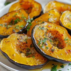 - 2 medium acorn squashes, halved and seeds removed - 4 cloves garlic, minced - 3 tablespoons olive oil - 1 teaspoon dried thyme - 1 teaspoon dried rosemary - 1 teaspoon smoked paprika - Salt and pepper to taste - 2 tablespoons fresh parsley, chopped (for garnish) Acorn squash is sweet and nutty. It has a rich orange flesh. Garlic adds a bold flavor and aroma. Olive oil gives a nice, smooth texture and helps with roasting. Thyme and rosemary bring warm, earthy notes. Smoked paprika adds a slight kick and depth. Salt and pepper enhance all the flavors. Fresh parsley adds color and freshness as a garnish. When picking acorn squash, look for firm skin. The color should be deep green or a mix of green and orange. Avoid squash with soft spots or blemishes. A heavy squash indicates ripeness. Finally, choose medium-sized squash for the best flavor and texture. {{ingredient_image_1}} Start by preheating your oven to 400°F (200°C). This helps the squash cook evenly. Next, grab two medium acorn squashes. Cut them in half and scoop out the seeds. This step is key. It allows the flavors to soak in. In a small bowl, mix together four cloves of minced garlic, three tablespoons of olive oil, one teaspoon of dried thyme, one teaspoon of dried rosemary, one teaspoon of smoked paprika, salt, and pepper. This mix brings out great taste. On a baking sheet lined with parchment paper, place the acorn squash halves cut side up. Brush the garlic herb mix generously on the insides of each squash half. This step adds flavor directly to the squash. Turn the acorn squash over so the cut side faces down. Roast in the oven for 25 to 30 minutes. You want them fork-tender. After that, carefully flip the squash halves back to cut side up. Roast for an extra 10 to 15 minutes. This creates a beautiful caramelization and golden brown color. To get the best texture, make sure your oven is hot before roasting. This helps the squash cook through. If you want a sweeter taste, try roasting a bit longer. Keep an eye on them. You don’t want them to burn. For added crunch, broil them for a minute at the end. This gives a nice crispy finish. Finally, sprinkle fresh parsley on top before serving. It adds color and flavor, making it even more delightful. To boost the flavor of garlic herb roasted acorn squash, use fresh garlic. Fresh garlic gives a bright taste. You can also swap the herbs. Try using fresh thyme or rosemary instead of dried ones. Fresh herbs add more depth. Another tip is to add a pinch of cayenne for heat. It enhances the sweet squash flavor. One common mistake is not preheating the oven. Always preheat to 400°F for even cooking. Another mistake is overcooking the squash. Check it at 25 minutes. You want it fork-tender but not mushy. Lastly, don’t skip the olive oil. It helps the squash caramelize and adds richness. You can serve garlic herb roasted acorn squash as a side dish. It pairs well with roasted meats or grilled chicken. You can also turn it into a main dish. Just add some quinoa or wild rice. Top it with nuts for crunch. For a lighter option, serve it with a fresh green salad. Pro Tips Choose the Right Squash: Select acorn squashes that are firm and heavy for their size, with a deep green color and minimal blemishes for the best flavor and texture. Adjust Seasoning to Taste: Feel free to modify the seasoning mix by adding spices like cumin or chili powder for an extra kick, or reducing salt for a lighter dish. Maximize Caramelization: For a deeper caramelization, roast the squash cut side down longer, ensuring they develop a rich, sweet flavor before flipping. Garnish for Freshness: Use fresh herbs like thyme or sage in addition to parsley for a more aromatic finish, enhancing both the visual appeal and taste of the dish. {{image_2}} You can change the taste of garlic herb roasted acorn squash easily. Try adding spices like cumin or nutmeg for warmth. Fresh herbs like basil or sage can give a bright touch. Want some heat? Add red pepper flakes to your garlic mix. You can even switch olive oil for flavored oils, like chili or garlic oil. Each option brings a new twist to your dish. This recipe is great for many diets. It’s naturally vegan and gluten-free. You can enjoy it without worry if you have these needs. If you want it richer, add some cheese or yogurt. A sprinkle of feta or a dollop of sour cream works well. Just check the cheese for gluten if you need it. Garlic herb roasted acorn squash shines as a side dish. It pairs well with roasted meats like chicken or pork. You can also serve it with grains like quinoa or rice. For a lighter meal, add it to a salad with greens and nuts. This makes a lovely main dish for lunch or dinner. The squash looks beautiful on the plate, adding color and interest. To keep your Garlic Herb Roasted Acorn Squash fresh, let it cool first. Place the leftovers in an airtight container. Store them in the fridge for up to four days. If you want to enjoy them later, storing is key. When you’re ready to eat the leftovers, you have a few options. The oven works great. Preheat it to 350°F (175°C). Place the squash on a baking sheet and warm it for about 10-15 minutes. You can also use the microwave. Heat in short bursts, checking often to avoid overcooking. Freezing acorn squash is easy and keeps it tasty. First, let the squash cool completely. Cut it into pieces if you prefer. Wrap each piece tightly in plastic wrap or foil. Then place them in a freezer-safe bag. They can stay frozen for up to three months. When you’re ready, thaw in the fridge overnight before reheating. Cooking acorn squash takes about 50 minutes in total. First, you roast it cut side down for 25 to 30 minutes. Then, flip it and roast it again for another 10 to 15 minutes. This method helps the squash become soft and caramelized. Yes, you can use fresh herbs! Fresh herbs often add a brighter flavor. Use three times more fresh herbs than dried. For this recipe, you can replace one teaspoon of dried thyme or rosemary with one tablespoon of fresh herbs. Eating acorn squash is great for your health. It is low in calories and high in fiber. It also contains vitamins A and C, which are good for your skin and eyes. Plus, the antioxidants in acorn squash can help your body fight disease. Enjoying this dish can be both tasty and healthy! In this article, we explored the key ingredients for roasting acorn squash. We detailed each ingredient and shared tips for picking fresh squash. You learned step-by-step instructions for preparation and roasting, plus tricks to get the best flavor. We discussed variations to suit different diets and storage methods for leftovers. By keeping these tips in mind, you can enjoy acorn squash in many delicious ways. I hope you feel inspired to experiment and taste the joy of this unique vegetable!