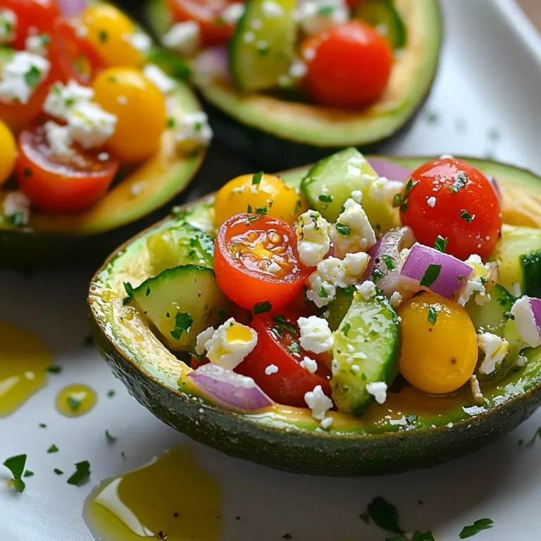 For the Greek Salad Stuffed Avocados, you will need: - 2 ripe avocados, halved and pitted - 1 cup cherry tomatoes, halved - 1 cucumber, diced - 1/2 red onion, finely chopped - 1/2 cup Kalamata olives, pitted and sliced - 1/3 cup feta cheese, crumbled - 2 tablespoons fresh parsley, chopped These ingredients bring fresh colors and flavors to your dish. The creamy avocado pairs well with crunchy veggies and salty feta. You might want to add some of these options: - Bell peppers, diced - Radishes, thinly sliced - Avocado oil instead of olive oil Feel free to mix and match based on what you like. Adding different vegetables can change the taste and texture. For a simple dressing, I recommend: - 1 tablespoon olive oil - 1 tablespoon lemon juice - Salt and pepper to taste You can also try adding herbs like oregano or dill. These will enhance the Mediterranean flavor. A splash of balsamic vinegar can also add a nice touch. {{ingredient_image_1}} To start, take two ripe avocados. Cut each one in half and remove the pit. Use a spoon to scoop out a little flesh from the center. This makes more space for the filling. Keep the scooped avocado for later use. This step adds nice flavor to your salad. In a mixing bowl, combine the following ingredients: - 1 cup cherry tomatoes, halved - 1 cucumber, diced - 1/2 red onion, finely chopped - 1/2 cup Kalamata olives, pitted and sliced - 1/3 cup feta cheese, crumbled - 2 tablespoons fresh parsley, chopped Next, in a small bowl, whisk together: - 1 tablespoon olive oil - 1 tablespoon lemon juice - Salt and pepper to taste Pour this dressing over the veggie and feta mix. Toss it gently to combine. Now, add the reserved avocado flesh, chopped, and fold it in carefully. Be gentle so you don't mash the avocado. Spoon the Greek salad mixture into the hollowed avocado halves. Pack it in nicely so it doesn't fall out. For an extra touch, drizzle a little more olive oil on top. You can also sprinkle some extra feta for added flavor. Serve the stuffed avocados on a colorful plate. Garnish with a sprinkle of fresh parsley and a few extra olives for a nice look. Enjoy this fresh and tasty dish! Pick avocados that feel firm but have a slight give when you press gently. A ripe avocado should not feel hard, as it won't be ready yet. If it feels too soft, it may be overripe. If you are unsure, you can check the stem. If it pops off easily and is green underneath, the avocado is ripe. To make your dish pop, use a colorful plate. Place the stuffed avocados in the center. Add fresh parsley and a few Kalamata olives on top for a nice touch. This makes the dish look fresh and inviting. You can also drizzle a little olive oil over the top for shine. If you have leftovers, store them in an airtight container. Keep them in the fridge to stay fresh. To prevent browning, sprinkle a little lemon juice on top of the filling. It's best to eat them within one day for the best taste and texture. Pro Tips Choose Ripe Avocados: Ensure your avocados are perfectly ripe for easy scooping and best flavor. They should yield slightly to gentle pressure. Customize Your Filling: Feel free to add other ingredients like bell peppers or chickpeas to the salad mixture for extra flavor and nutrition. Serve Immediately: These stuffed avocados are best served fresh to prevent browning and maintain their vibrant appearance. Garnish for Flair: A sprinkle of extra feta or a few sliced olives on top not only enhances flavor but also makes for a beautiful presentation. {{image_2}} You can make this dish vegetarian by using plant-based ingredients. Try adding roasted bell peppers or artichokes for extra flavor. You can also swap the feta cheese for a vegan cheese option. This keeps the dish fresh and tasty while catering to different diets. If you want extra protein, add cooked chicken or shrimp. Grilled chicken adds a nice smoky taste, while shrimp gives a seafood twist. Simply chop the protein into bite-sized pieces and mix it into the Greek salad filling. It makes the dish more filling and satisfying. To add more flavor, sprinkle in fresh herbs like dill or oregano. These herbs enhance the taste of the salad. You can also try a pinch of crushed red pepper for some heat. Experimenting with spices can create unique flavor profiles that keep your taste buds excited. Each serving of Greek Salad Stuffed Avocados has about 300 calories. This number may vary based on the size of the avocados and the amount of feta cheese used. Avocados are rich in healthy fats, which contribute to the calorie count. - Avocados: These fruits are high in healthy fats. They are good for your heart and provide fiber. - Cherry Tomatoes: Rich in vitamins A and C, they help boost your immune system. - Cucumbers: Low in calories and high in water, cucumbers keep you hydrated. - Red Onion: This adds flavor and contains antioxidants, which are great for health. - Kalamata Olives: These olives provide healthy fats and are rich in iron. - Feta Cheese: This cheese adds protein and calcium, helping with bone health. - Parsley: A great source of vitamins K and C, it also adds a fresh taste. This dish is gluten-free, making it a great choice for those with gluten allergies. The recipe can also fit into low-carb diets due to the low carbohydrate content of avocados and vegetables. However, it contains dairy from feta cheese, which may not suit those who are lactose intolerant. You can simply skip the cheese or use a dairy-free alternative. Yes, you can use different cheeses in this recipe. Some great options are goat cheese or mozzarella. Each cheese adds its own taste. Goat cheese is creamy and tangy, while mozzarella is mild and stretchy. Feel free to mix and match to find your favorite flavor. You can store stuffed avocados in the fridge for one day. Keep them in an airtight container to prevent browning. The avocado flesh can turn brown quickly, so enjoy them fresh. If you want to save some filling, store it separately and fill the avocados when ready to eat. This dish pairs well with many sides. You can serve a warm pita bread or a light soup. A fresh fruit salad also works nicely. If you want something heartier, try grilled chicken or quinoa salad. These sides balance the meal and add more flavors. In this article, we explored making Greek salad stuffed avocados. We covered main and optional ingredients and suggested dressings. Step-by-step instructions made the process easy. I shared tips on choosing ripe avocados and the best storage methods. You can also customize with variations like proteins and flavor twists. Remember, this dish is healthy and fun to make. Use your creativity and enjoy!
