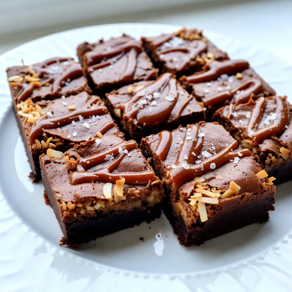 - 1 cup unsweetened cocoa powder - 1 cup all-purpose flour - 1 teaspoon baking powder - ½ teaspoon salt - 1 cup granulated sugar - ½ cup brown sugar, packed - 1 cup unsalted butter, melted - 4 large eggs - 1 teaspoon vanilla extract - 1 cup shredded sweetened coconut - 1 cup caramel sauce (store-bought or homemade) - Flaky sea salt, for garnish To create my Caramel Coconut Brownies, I start with some key ingredients. The unsweetened cocoa powder gives these brownies a rich chocolate flavor. I use both granulated and brown sugars for the perfect sweetness and moisture. Next, I mix in the flour, baking powder, and salt. This mix helps the brownies rise and stay fluffy. Unsalted butter is melted to blend smoothly into the batter. Eggs add richness and help bind everything together. Vanilla extract enhances the flavor, while shredded coconut brings a chewy texture and a tropical twist. The caramel sauce adds a sweet, gooey layer. Finally, I finish with a sprinkle of flaky sea salt. This contrast makes every bite special. Each ingredient plays a role in making these brownies delicious. Together, they create a dessert that is hard to resist. {{ingredient_image_1}} 1. Preheat the oven and prepare the baking pan Start by preheating your oven to 350°F (175°C). I like to grease a 9x13 inch baking pan or line it with parchment paper. This makes it easy to lift the brownies out later. 2. Mixing the dry ingredients In a medium bowl, whisk together 1 cup of unsweetened cocoa powder, 1 cup of all-purpose flour, 1 teaspoon of baking powder, and ½ teaspoon of salt. Make sure everything is well combined. Set this bowl aside for now. 3. Combining wet ingredients with sugars In a large bowl, mix 1 cup of melted unsalted butter with 1 cup of granulated sugar and ½ cup of packed brown sugar. Stir until it looks smooth. Add 4 large eggs one at a time, mixing well after each. Finally, stir in 1 teaspoon of vanilla extract for that lovely flavor. 1. Adding dry ingredients to the wet mixture Gradually add the dry ingredient mix to the wet mixture. Use a spatula to fold it in gently. Be careful not to over-mix, or your brownies will be tough. 2. Incorporating shredded coconut Now, add 1 cup of shredded sweetened coconut to the batter. Fold it in until it’s evenly spread. The coconut adds a nice chewiness. 3. Layering brownie batter and caramel sauce Pour half of the brownie batter into the prepared pan. Smooth it out with a spatula. Drizzle half of the caramel sauce over this layer. Use a knife to swirl the caramel into the batter. Pour the rest of the batter on top, smooth it out, and drizzle the remaining caramel sauce. Swirl it again for a beautiful finish. 1. Baking time and doneness test Bake in the oven for 25-30 minutes. To check if they’re done, insert a toothpick into the center. If it comes out with a few moist crumbs, they are ready. 2. Cooling and garnishing Remove the pan from the oven and let it cool for at least 15 minutes. Once cooled, sprinkle flaky sea salt on top. This adds a nice touch! Cut into squares and enjoy your delicious brownies warm or at room temperature. To make sure your brownies have the right texture, you need to mix well but not too much. Over-mixing can make them tough. Here are some tips: - Mix dry ingredients first: This will help them combine evenly. - Fold wet and dry ingredients gently: Use a spatula to combine them. Stop mixing as soon as you see no dry flour. If you want gooey brownies, bake them for the shorter time. If you like cakey brownies, leave them in a bit longer. Remember, toothpicks should come out with a few moist crumbs for gooey, and clean for cakey. Choosing the right caramel sauce can make a big difference. You can use store-bought sauce for convenience. It saves time and tastes great. If you're up for it, homemade caramel sauce can add a special touch. It brings a rich flavor that enhances your brownies. Consider adding toppings to boost the flavor more. Here are some ideas: - Chopped nuts: Walnuts or pecans add crunch. - Extra coconut: More shredded coconut can give a tropical taste. - Chocolate chips: Dark or milk chocolate chips can deepen the chocolate flavor. These simple tips and tricks will help you create the most delicious caramel coconut brownies. Enjoy the process and taste the joy! Pro Tips Use Quality Cocoa Powder: The flavor of your brownies largely depends on the cocoa powder. Choose a high-quality unsweetened cocoa for a richer chocolate taste. Don't Overmix the Batter: When combining the wet and dry ingredients, mix just until combined. Overmixing can result in tough brownies. Let Them Cool: Allow your brownies to cool in the pan for at least 15 minutes before cutting. This helps them set and makes for cleaner cuts. Experiment with Toppings: Feel free to add nuts, chocolate chips, or even a drizzle of additional caramel on top before baking for extra texture and flavor. {{image_2}} You can easily adjust the recipe to meet your needs. For a gluten-free option, use almond flour or coconut flour instead of all-purpose flour. These alternatives work well and keep the brownies moist. Remember, you may need to adjust the amount since these flours absorb more liquid. When it comes to coconut, you have choices too! You can use unsweetened shredded coconut if you prefer less sugar. Toasted coconut adds a nice crunch and deep flavor. Just make sure to keep an eye on it while toasting to avoid burning. To make your brownies even more exciting, consider adding nuts or chocolate chips. Walnuts or pecans add a great crunch and nutty taste. If you love extra chocolate, toss in some dark or milk chocolate chips. They melt beautifully and create pockets of gooey goodness. Another fun twist is to swap the caramel sauce for chocolate ganache. This rich chocolate layer can deepen the flavor and add a silky texture. To make ganache, simply heat equal parts cream and chocolate until melted and smooth. Let it cool slightly before layering it in the brownies. Enjoy experimenting with these variations! To keep your caramel coconut brownies fresh, use an airtight container. A glass or plastic container works well. Line the container with parchment paper to avoid sticking. Store the brownies at room temperature for up to four days. If you live in a warm area, it is best to refrigerate them. This will help them stay moist and tasty. You can freeze brownies to enjoy later. First, let them cool completely. Then, cut them into squares. Wrap each square in plastic wrap. After that, place the wrapped brownies in a freezer-safe bag or container. They will stay fresh for up to three months. When you want to eat them, take the brownies out of the freezer. Let them thaw in the fridge overnight for the best texture. If you're in a hurry, you can leave them at room temperature for a couple of hours. Enjoy the same delicious flavor as when they were fresh! Can I make these brownies ahead of time? Yes, you can make these brownies ahead of time. Bake them a day or two before you need them. Once they cool, store them in an airtight container. They will stay fresh and tasty. How do I know when the brownies are done baking? To check if the brownies are done, insert a toothpick in the center. If it comes out with a few moist crumbs, they are ready. Over-baking can make them dry, so keep an eye on them. Can I substitute eggs in the recipe? Yes, you can substitute eggs. Use a mix of ground flaxseed and water. For one egg, mix one tablespoon of flaxseed with three tablespoons of water. Let it sit for a few minutes until it thickens. This works well in brownies and keeps them moist. In this post, we explored how to make delicious caramel coconut brownies. We covered each ingredient and provided step-by-step instructions to help you succeed. I shared tips on achieving the perfect texture and enhancing flavors, plus variations to try. Remember, storage and freezing can keep your brownies fresh. With these methods, you will impress anyone with your baking skills. So grab your ingredients and start baking. Enjoy every gooey, sweet bite of these treats!