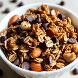 - 3 cups old-fashioned rolled oats - 1 cup honey or maple syrup - 1 cup creamy peanut butter - 1/2 cup brown sugar - 1 teaspoon vanilla extract - 1/2 teaspoon salt - 1/2 teaspoon cinnamon - 1 cup chocolate chips (semi-sweet or dark) - 1/2 cup chopped nuts (such as almonds or walnuts) - 1/2 cup shredded coconut (optional) You need simple, tasty ingredients for this granola. Old-fashioned rolled oats give it a hearty base. Honey or maple syrup adds sweetness. Creamy peanut butter gives a rich flavor. Brown sugar adds depth. Vanilla extract brings warmth. Salt enhances all the flavors. Cinnamon adds a warm spice. You can choose semi-sweet or dark chocolate chips based on your taste. Nuts add crunch and protein. If you like coconut, sprinkle in some shredded coconut for fun. Gather these ingredients, and you're ready to make this delicious treat. Each component plays a role in creating the perfect balance of taste and texture. {{ingredient_image_1}} - First, preheat your oven to 350°F (175°C). - Line a large baking sheet with parchment paper. - Gather these tools: a medium saucepan, a large mixing bowl, and a spatula. - You will also need these ingredients: - 3 cups old-fashioned rolled oats - 1 cup honey or maple syrup - 1 cup creamy peanut butter - 1/2 cup brown sugar - 1 teaspoon vanilla extract - 1/2 teaspoon salt - 1/2 teaspoon cinnamon - 1 cup chocolate chips - 1/2 cup chopped nuts - 1/2 cup shredded coconut (optional) - In a medium saucepan, heat honey (or maple syrup) and peanut butter over low heat. - Stir the mix until it melts and becomes smooth. - Remove the saucepan from heat. - Stir in brown sugar, vanilla extract, salt, and cinnamon until well combined. - In a large mixing bowl, combine rolled oats, chocolate chips, chopped nuts, and shredded coconut (if using). - Pour the warm peanut butter mixture over the dry ingredients. - Stir until all the dry items are well coated. - Spread the granola mixture evenly on the prepared baking sheet. - Bake in the oven for 20-25 minutes. Stir halfway to ensure even browning. - Keep an eye on it; it can burn quickly. - Once golden brown and fragrant, take it out and let it cool completely on the baking sheet. - When cool, break the granola into clusters. - Store in an airtight container for freshness. To get the right texture for your granola, focus on the oats. Use old-fashioned rolled oats for the best bite. They hold together well and give a nice chew. When mixing, ensure every oat is coated with the peanut butter mixture. This helps them toast evenly. To avoid burning, keep an eye on the oven. Granola can go from perfect to burnt in minutes. Stir it halfway through baking. This helps it brown evenly and keeps it from getting too dark. If you see it changing color quickly, reduce the time or lower the oven temperature slightly. You can enjoy your granola in many fun ways. Try it in yogurt for a tasty breakfast. It also works great as a topping on ice cream. Another idea is to mix it into a smoothie for added crunch. For a great presentation, serve the granola in a mason jar. This gives a rustic look that is appealing. You can also sprinkle some extra chocolate chips and nuts on top before serving. It makes your dish look even more inviting! Pro Tips Use Natural Sweeteners: Instead of brown sugar, you can experiment with coconut sugar or agave syrup for a healthier twist. Mix and Match Nuts: Feel free to use any combination of nuts you love, such as pecans or hazelnuts, to personalize your granola. Adjust the Bake Time: Keep a close eye on the granola as it bakes; different ovens may require slight adjustments to the baking time. Store Properly: To maintain freshness, store your granola in an airtight container in a cool, dry place, or in the fridge for longer shelf life. {{image_2}} You can easily change the taste of your granola. Here are some fun add-ins: - Dried fruits like cranberries or raisins add sweetness. - Seeds such as pumpkin or sunflower seeds add crunch. - Spices like nutmeg or ginger can give a warm flavor. If you want a different sweetener, you can swap honey or maple syrup. Use agave nectar or coconut sugar for a new twist. Want a gluten-free granola? Just use gluten-free oats. They work just as well. For a vegan version, replace honey with maple syrup. This keeps it sweet and plant-based. You can also use dairy-free chocolate chips to stay vegan. These changes let everyone enjoy this tasty treat. To keep your peanut butter chocolate chip granola fresh, store it in an airtight container. Glass jars or plastic containers work well. If you want to keep out moisture, use a container with a tight seal. You can also add a food-safe desiccant packet to absorb moisture. This helps maintain crunchiness. Avoid storing granola in warm areas like near the stove. A cool, dry place is best. Granola can last up to two weeks if stored correctly. If you keep it in the fridge, it may last a little longer. Check for signs of staleness. If it smells off or feels soft, it’s time to toss it. Another sign is a lack of crunch. Fresh granola should be crispy. If it loses that crunch, it may not taste great. Always trust your senses to judge freshness! Can I use crunchy peanut butter instead of creamy? Yes, you can use crunchy peanut butter. It adds a fun texture. The granola will have a nice crunch from the peanut chunks. Is granola healthy? Granola can be healthy. It has oats, which are good for you. However, check the sugar content. Too much sugar can make it less healthy. How can I make my granola less sugary? To make granola less sugary, use less honey or maple syrup. You can also replace them with mashed bananas or unsweetened applesauce. This keeps the taste while cutting sugar. Can I freeze peanut butter granola? Yes, you can freeze peanut butter granola. Just put it in an airtight bag. It will stay fresh for up to three months. When ready to eat, let it thaw in the fridge. You learned how to make tasty peanut butter chocolate chip granola. We covered the key ingredients, step-by-step instructions, and useful tips. You can customize flavors and adjust for diets too. Proper storage keeps your granola fresh longer. Enjoy your homemade treat as a snack, breakfast, or topping. Don’t hesitate to try different mixes and find your favorite! Now, get in the kitchen and create something delicious!