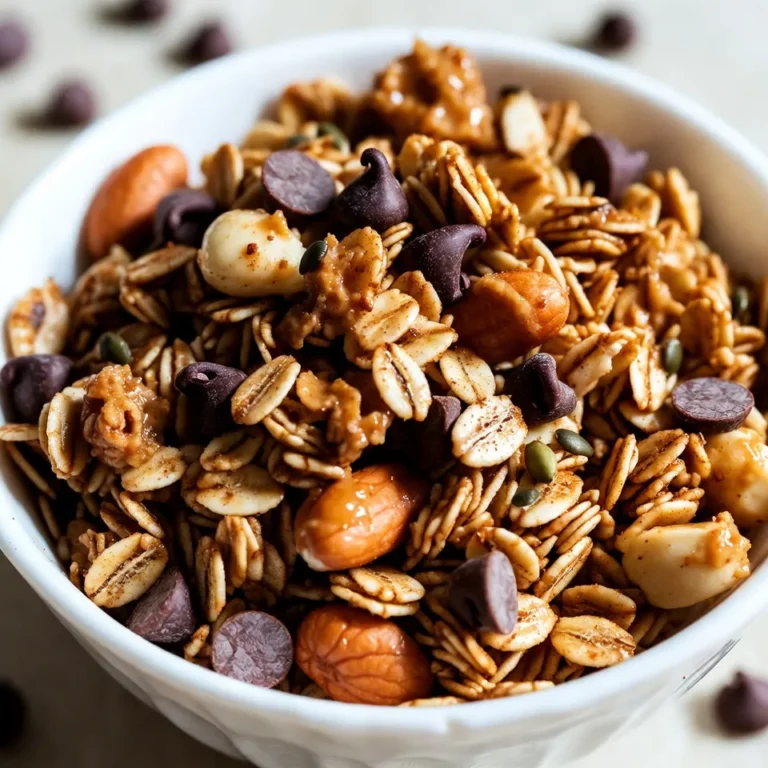 - 3 cups old-fashioned rolled oats - 1 cup honey or maple syrup - 1 cup creamy peanut butter - 1/2 cup brown sugar - 1 teaspoon vanilla extract - 1/2 teaspoon salt - 1/2 teaspoon cinnamon - 1 cup chocolate chips (semi-sweet or dark) - 1/2 cup chopped nuts (such as almonds or walnuts) - 1/2 cup shredded coconut (optional) You need simple, tasty ingredients for this granola. Old-fashioned rolled oats give it a hearty base. Honey or maple syrup adds sweetness. Creamy peanut butter gives a rich flavor. Brown sugar adds depth. Vanilla extract brings warmth. Salt enhances all the flavors. Cinnamon adds a warm spice. You can choose semi-sweet or dark chocolate chips based on your taste. Nuts add crunch and protein. If you like coconut, sprinkle in some shredded coconut for fun. Gather these ingredients, and you're ready to make this delicious treat. Each component plays a role in creating the perfect balance of taste and texture. {{ingredient_image_1}} - First, preheat your oven to 350°F (175°C). - Line a large baking sheet with parchment paper. - Gather these tools: a medium saucepan, a large mixing bowl, and a spatula. - You will also need these ingredients: - 3 cups old-fashioned rolled oats - 1 cup honey or maple syrup - 1 cup creamy peanut butter - 1/2 cup brown sugar - 1 teaspoon vanilla extract - 1/2 teaspoon salt - 1/2 teaspoon cinnamon - 1 cup chocolate chips - 1/2 cup chopped nuts - 1/2 cup shredded coconut (optional) - In a medium saucepan, heat honey (or maple syrup) and peanut butter over low heat. - Stir the mix until it melts and becomes smooth. - Remove the saucepan from heat. - Stir in brown sugar, vanilla extract, salt, and cinnamon until well combined. - In a large mixing bowl, combine rolled oats, chocolate chips, chopped nuts, and shredded coconut (if using). - Pour the warm peanut butter mixture over the dry ingredients. - Stir until all the dry items are well coated. - Spread the granola mixture evenly on the prepared baking sheet. - Bake in the oven for 20-25 minutes. Stir halfway to ensure even browning. - Keep an eye on it; it can burn quickly. - Once golden brown and fragrant, take it out and let it cool completely on the baking sheet. - When cool, break the granola into clusters. - Store in an airtight container for freshness. To get the right texture for your granola, focus on the oats. Use old-fashioned rolled oats for the best bite. They hold together well and give a nice chew. When mixing, ensure every oat is coated with the peanut butter mixture. This helps them toast evenly. To avoid burning, keep an eye on the oven. Granola can go from perfect to burnt in minutes. Stir it halfway through baking. This helps it brown evenly and keeps it from getting too dark. If you see it changing color quickly, reduce the time or lower the oven temperature slightly. You can enjoy your granola in many fun ways. Try it in yogurt for a tasty breakfast. It also works great as a topping on ice cream. Another idea is to mix it into a smoothie for added crunch. For a great presentation, serve the granola in a mason jar. This gives a rustic look that is appealing. You can also sprinkle some extra chocolate chips and nuts on top before serving. It makes your dish look even more inviting! Pro Tips Use Natural Sweeteners: Instead of brown sugar, you can experiment with coconut sugar or agave syrup for a healthier twist. Mix and Match Nuts: Feel free to use any combination of nuts you love, such as pecans or hazelnuts, to personalize your granola. Adjust the Bake Time: Keep a close eye on the granola as it bakes; different ovens may require slight adjustments to the baking time. Store Properly: To maintain freshness, store your granola in an airtight container in a cool, dry place, or in the fridge for longer shelf life. {{image_2}} You can easily change the taste of your granola. Here are some fun add-ins: - Dried fruits like cranberries or raisins add sweetness. - Seeds such as pumpkin or sunflower seeds add crunch. - Spices like nutmeg or ginger can give a warm flavor. If you want a different sweetener, you can swap honey or maple syrup. Use agave nectar or coconut sugar for a new twist. Want a gluten-free granola? Just use gluten-free oats. They work just as well. For a vegan version, replace honey with maple syrup. This keeps it sweet and plant-based. You can also use dairy-free chocolate chips to stay vegan. These changes let everyone enjoy this tasty treat. To keep your peanut butter chocolate chip granola fresh, store it in an airtight container. Glass jars or plastic containers work well. If you want to keep out moisture, use a container with a tight seal. You can also add a food-safe desiccant packet to absorb moisture. This helps maintain crunchiness. Avoid storing granola in warm areas like near the stove. A cool, dry place is best. Granola can last up to two weeks if stored correctly. If you keep it in the fridge, it may last a little longer. Check for signs of staleness. If it smells off or feels soft, it’s time to toss it. Another sign is a lack of crunch. Fresh granola should be crispy. If it loses that crunch, it may not taste great. Always trust your senses to judge freshness! Can I use crunchy peanut butter instead of creamy? Yes, you can use crunchy peanut butter. It adds a fun texture. The granola will have a nice crunch from the peanut chunks. Is granola healthy? Granola can be healthy. It has oats, which are good for you. However, check the sugar content. Too much sugar can make it less healthy. How can I make my granola less sugary? To make granola less sugary, use less honey or maple syrup. You can also replace them with mashed bananas or unsweetened applesauce. This keeps the taste while cutting sugar. Can I freeze peanut butter granola? Yes, you can freeze peanut butter granola. Just put it in an airtight bag. It will stay fresh for up to three months. When ready to eat, let it thaw in the fridge. You learned how to make tasty peanut butter chocolate chip granola. We covered the key ingredients, step-by-step instructions, and useful tips. You can customize flavors and adjust for diets too. Proper storage keeps your granola fresh longer. Enjoy your homemade treat as a snack, breakfast, or topping. Don’t hesitate to try different mixes and find your favorite! Now, get in the kitchen and create something delicious!