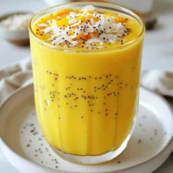 - 1 ripe mango, peeled and diced - 1 cup coconut milk (canned or carton) - 2 tablespoons chia seeds - 1 banana, sliced Mango is the star of this smoothie. Choose a ripe mango for the best taste. It should feel slightly soft when you press it. The sweetness of the mango blends well with the creamy coconut milk. Coconut milk gives a rich flavor and smooth texture. You can use canned or carton coconut milk based on what you have. Chia seeds are small but mighty. They add fiber and omega-3s. They also help thicken your smoothie. Finally, the banana adds natural sweetness and creaminess. It makes the drink more filling. - 1 tablespoon honey or maple syrup - 1/2 cup ice cubes - 1/4 teaspoon vanilla extract - Toasted coconut flakes for garnish You can add sweetness with honey or maple syrup if you like. Just one tablespoon will do. Ice cubes give your smoothie a nice chill. They make it refreshing, especially on hot days. Adding a little vanilla extract boosts the flavor. It adds warmth and depth. For a crunchy finish, sprinkle toasted coconut flakes on top. They add texture and enhance the coconut flavor. {{ingredient_image_1}} 1. Combine ingredients in a blender: Start by placing the diced mango, coconut milk, chia seeds, sliced banana, ice cubes, and vanilla extract into your blender. If you want it sweeter, add honey or maple syrup here. 2. Blend until smooth: Blend on high speed until the mixture looks creamy. You want to ensure that the chia seeds mix well with the other ingredients. This step is key to a nice texture. 3. Allow chia seeds to expand: After blending, let the smoothie sit for about five minutes. This waiting time helps the chia seeds soak up some liquid. They will expand and thicken the smoothie, giving it a delightful texture. 1. Blend for desired consistency: If you want a creamier smoothie, blend it again briefly. Check if it is to your liking. You can add more coconut milk if it’s too thick. 2. Pour into glasses and garnish: Finally, pour the smoothie into your favorite glasses. Top with toasted coconut flakes for a nice crunch and extra flavor. Enjoy your refreshing Mango Coconut Chia Smoothie! To get the best texture for your Mango Coconut Chia Smoothie, start by adding the chia seeds properly. I recommend mixing them with the other ingredients right away. This helps them blend smoothly. When you blend, make sure to do it on high speed. Blend until the mix is smooth and creamy, which should only take a minute or two. After blending, let the smoothie sit for about five minutes. This time allows the chia seeds to expand. You might notice the smoothie thickening. If it seems too thick, blend it again briefly. Adjust the blending time to get your perfect creaminess. If you want to adjust the sweetness, there are great options. Natural sweeteners like honey or maple syrup work well. You can add one tablespoon if you like it sweeter. If you prefer less sweetness, skip the sweeteners entirely. Balancing flavors is key. The ripe mango should give you a nice sweetness. The banana adds creaminess and a touch of sweetness too. If it tastes too sweet, add a splash of coconut milk to tone it down. Adjust these flavors until your smoothie is just right for your taste buds. Pro Tips Choose Ripe Mangoes: Make sure your mango is perfectly ripe for the best flavor. Look for a fruit that is slightly soft to the touch and has a sweet aroma. Adjust Sweetness: Depending on the ripeness of your fruits, you may want to adjust the sweetness. Taste the smoothie before adding honey or maple syrup. Chill Your Ingredients: For an extra refreshing smoothie, chill your coconut milk and fruits beforehand. This will help keep the smoothie cool without needing too much ice. Experiment with Add-Ins: Feel free to add other ingredients like spinach, protein powder, or nut butter for added nutrition and flavor variation. {{image_2}} You can change the taste of your Mango Coconut Chia Smoothie easily. Adding other fruits is a fun way to do it. For example, toss in some pineapple for a tropical twist. You can also use berries if you want a tart note. Blueberries or strawberries blend well with mango. They add color and taste, making your smoothie even better. You can also try different plant-based milks. Almond milk can add a nutty flavor. Oat milk gives it a creamy texture. Each milk choice makes the smoothie unique. You can mix and match flavors to find your favorite. Boosting the nutrition of your smoothie is simple too. Adding spinach or kale can give you more vitamins. These greens blend well and won't change the taste much. They add a nice green color and are good for you. You can also incorporate protein powder. This makes your smoothie a great meal option. Protein helps keep you full longer. Choose a flavor you like, like vanilla or chocolate. Mix it in with your other ingredients for a tasty treat. After you make your mango coconut chia smoothie, store any leftovers in the fridge. Use an airtight container to keep it fresh. It stays good for one to two days. The chia seeds will soak up more liquid and thicken over time. If this happens, just stir it well before drinking. You can freeze the smoothie for later enjoyment. Pour it into freezer-safe bags or containers. Leave some space at the top, as liquids expand when frozen. The smoothie keeps well for up to three months. To thaw, place it in the fridge overnight. For a quick option, run warm water over the bag. After thawing, blend it again to make it creamy. You may also add a splash of coconut milk to refresh the texture. Enjoy your tasty treat anytime! Yes, you can use fresh mango. Just peel and dice it. Fresh mango gives the smoothie a bright flavor. Frozen mango makes it cold and thick. You can choose based on your taste or what you have. Yes, this smoothie is vegan-friendly. Use coconut milk and skip honey. Instead, use maple syrup for sweetness if you like. This keeps the smoothie tasty and plant-based. To make it thicker, add more chia seeds or banana. Let the smoothie sit for a few minutes after blending. For a thinner smoothie, add more coconut milk or water. Blend again to mix it well. You can prepare it in advance. Blend all the ingredients and store the smoothie in the fridge. It stays good for up to a day. Just give it a shake before drinking. This blog covered how to make a delicious smoothie. You learned about the main ingredients like ripe mango, coconut milk, chia seeds, and banana. Optional touches like honey or toasted coconut can enhance flavor. Following the steps, you can blend and customize it with tips for texture and sweetness. I believe you can try variations and add extra nutrition too. With these simple techniques, you can create smoothies that fit your taste. Enjoy experimenting!