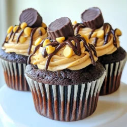 - 1 cup all-purpose flour - 1 cup granulated sugar - 1/2 cup unsweetened cocoa powder - 1 teaspoon baking powder - 1/2 teaspoon baking soda - 1/4 teaspoon salt - 1/2 cup unsalted butter, melted - 2 large eggs - 1/2 cup whole milk - 1 teaspoon vanilla extract - 1/2 cup creamy peanut butter - 1/4 cup semi-sweet chocolate chips To make these chocolate peanut butter cupcakes, you need some basic staples. Start with one cup of all-purpose flour and one cup of granulated sugar. Half a cup of cocoa powder gives it that rich chocolate flavor. For the leavening, use one teaspoon of baking powder and half a teaspoon of baking soda. A pinch of salt, about a quarter teaspoon, brings out the sweetness. You’ll also need half a cup of melted unsalted butter for moistness. Two large eggs add structure and richness. Use half a cup of whole milk to keep the batter smooth. A teaspoon of vanilla extract rounds out the flavors. Finally, fold in half a cup of creamy peanut butter and a quarter cup of semi-sweet chocolate chips for extra delight. - 1/2 cup creamy peanut butter - 1/2 cup powdered sugar For the frosting, you need just two key ingredients. Half a cup of creamy peanut butter gives it that smooth, rich taste. Mix in half a cup of powdered sugar to make it sweet and creamy. This simple frosting pairs perfectly with the cupcakes. - Melted chocolate drizzle - Mini peanut butter cups To make these cupcakes even more special, consider adding some optional toppings. A drizzle of melted chocolate adds a lovely touch. Mini peanut butter cups on top give a fun and tasty bite. These small details make your cupcakes look and taste amazing! {{ingredient_image_1}} Preheating the Oven First, set your oven to 350°F (175°C). This helps the cupcakes bake evenly. Next, line a cupcake pan with paper liners. This makes it easy to remove the cupcakes later. Mixing Dry Ingredients In a large bowl, whisk together these dry items: - 1 cup all-purpose flour - 1 cup granulated sugar - 1/2 cup unsweetened cocoa powder - 1 teaspoon baking powder - 1/2 teaspoon baking soda - 1/4 teaspoon salt Mixing these well ensures each cupcake tastes great. Combining Wet Ingredients In another bowl, mix the wet ingredients: - 1/2 cup unsalted butter, melted - 2 large eggs - 1/2 cup whole milk - 1 teaspoon vanilla extract Whisk these until smooth. This helps blend the flavors nicely. Filling the Liners Now, slowly add the wet mix to the dry bowl. Stir gently until just combined. Don’t overmix! Then, fold in 1/4 cup semi-sweet chocolate chips. Fill each cupcake liner about 2/3 full with this batter. Baking Time and Toothpick Test Place the pan in the oven and bake for 18-20 minutes. To check if they are done, insert a toothpick into the center. If it comes out clean, the cupcakes are ready! Mixing Method While the cupcakes bake, prepare the frosting. In a bowl, mix 1/2 cup creamy peanut butter with 1/2 cup powdered sugar. Stir until smooth and creamy. This frosting adds a rich flavor to the cupcakes. Cooling and Frosting the Cupcakes Once the cupcakes are baked, let them cool in the pan for 5 minutes. After that, move them to a wire rack to cool completely. When the cupcakes are cool, top each one with the peanut butter frosting. For extra fun, drizzle some melted chocolate on top! Avoiding Overmixing Mix the batter gently. Overmixing causes tough cupcakes. Stir until just combined. You want a light and airy texture. This step helps the cupcakes rise well. Ensuring Proper Oven Temperature Always preheat your oven to 350°F (175°C). An oven thermometer can help you check the temp. If it’s too hot, the cupcakes can burn. If it’s too cool, they may not rise. Achieving the Right Consistency For the perfect peanut butter frosting, mix creamy peanut butter with powdered sugar. Aim for a smooth and thick texture. If it’s too thick, add a touch of milk. If it’s too thin, add more sugar. Decorative Suggestions Top your cupcakes with a generous swirl of frosting. For a fun touch, add mini chocolate chips on top. You can also place a mini peanut butter cup for extra flair. Ingredient Substitutions Stick to the ingredients in the recipe. Changing flour or sugar types can alter the texture. If you need to substitute, be cautious. Some swaps may lead to dry or dense cupcakes. Baking Time Errors Set a timer for 18-20 minutes. Check with a toothpick. Insert it in the center; it should come out clean. If it needs more time, check every minute until done. Overbaking can dry out your cupcakes. Pro Tips Use Room Temperature Ingredients: Ensure your butter, eggs, and milk are at room temperature for a smoother batter and better rise. Don't Overmix the Batter: Mix until just combined to keep the cupcakes light and fluffy; overmixing can lead to dense cupcakes. Check for Doneness Early: Start checking your cupcakes a couple of minutes before the recommended baking time to avoid overbaking. Customize Your Toppings: Feel free to get creative with toppings; crushed peanuts or chocolate sprinkles can add a nice crunch! {{image_2}} Adding Mint or Coffee Flavor You can add a twist to your cupcakes. For mint, mix in a few drops of mint extract. This gives a fresh, cool taste. If you love coffee, add a teaspoon of instant coffee to the dry mix. It brings out the chocolate flavor nicely. Using Dark Chocolate instead of Semi-Sweet For a richer taste, try dark chocolate chips. They add a bold flavor that pairs well with peanut butter. You can replace semi-sweet chips with dark chips in equal amounts. This change makes the cupcakes taste even more decadent. Gluten-Free Options You can make this recipe gluten-free. Use almond flour or coconut flour instead of all-purpose flour. Adjust the amount to keep the right texture. Add a little extra baking powder to help the cupcakes rise. Vegan Substitutes If you want a vegan version, swap the eggs with flax eggs. Mix one tablespoon of flaxseed meal with three tablespoons of water for one egg. Use almond milk or soy milk instead of whole milk. For the butter, try using coconut oil or vegan butter. Unique Serving Ideas Serve the cupcakes on a fun platter. You can place them on a tiered stand for a party. This makes them look fancy and inviting. You could also arrange them in a cupcake box for gifts. Decorative Toppings Get creative with toppings! Try adding crushed peanuts on the frosting for crunch. You can also sprinkle cocoa powder or drizzle melted chocolate on top. Use mini peanut butter cups as a cute and tasty garnish. To keep your chocolate peanut butter cupcakes fresh, follow these best practices for preservation: - Cool completely: Let the cupcakes cool down to room temperature. - Use an airtight container: Place them in a container that seals tightly. - Layer with parchment paper: If stacking, use parchment paper to avoid sticking. The ideal temperature for storage is a cool room, away from sunlight. If it’s warm, keep them in the fridge. To properly freeze your cupcakes: - Wrap each cupcake: Use plastic wrap or aluminum foil. - Place in a freezer-safe bag: This helps prevent freezer burn. - Label with the date: This way, you know how long they’ve been stored. For thawing tips: - Leave at room temperature: Take them out and let them sit for about an hour. - Avoid using a microwave: Microwaving can make them dry or tough. The freshness timeline for your cupcakes is as follows: - At room temperature: They last for about 2-3 days. - In the fridge: They can stay fresh for about a week. - In the freezer: They remain good for up to 3 months. Signs of spoilage include: - Visible mold: If you see any mold, throw them away. - Unpleasant smell: A sour or off smell means they are no longer good. - Dry texture: If they feel hard, it’s best to discard them. Chocolate peanut butter cupcakes can last for about 3 to 4 days. Store them in an airtight container at room temperature. If you want them to last longer, you can refrigerate them. Just remember, the frosting might change a bit in texture. Yes, you can use natural peanut butter for frosting. Just keep in mind that it may be a bit runnier than creamy peanut butter. If you want a thicker frosting, add a bit more powdered sugar until you reach the desired consistency. You can use applesauce or mashed bananas as egg substitutes. Use 1/4 cup of applesauce or mashed banana for each egg. This keeps the cupcakes moist and adds a slight sweetness. To make the frosting creamier, beat it longer until it’s smooth. You can also add a splash of milk or cream if it’s too thick. This helps achieve that perfect creamy texture. Yes, you can use a different type of flour. Almond flour or whole wheat flour can work well. Just note that this may change the texture and taste of the cupcakes. The blog post covers how to make delicious chocolate peanut butter cupcakes. You learned about the key ingredients needed, from flour and sugar to the creamy peanut butter frosting. I shared tips to avoid common mistakes and ways to mix up flavors and dietary needs. Storing your cupcakes correctly is also crucial for longer freshness. Now it’s time to get baking! These cupcakes are sure to impress everyone. Enjoy your sweet creations and share the joy!