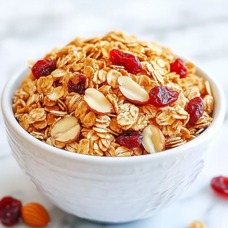 To make delicious vanilla almond granola, you'll need a few basic ingredients: - 3 cups rolled oats - 1 cup sliced almonds - 1/2 cup honey or maple syrup - 1/4 cup coconut oil, melted - 1 teaspoon vanilla extract - 1/2 teaspoon cinnamon - 1/4 teaspoon salt These core ingredients create a perfect balance of taste and texture. The oats provide a chewy base, while almonds add crunch. Honey or maple syrup gives sweetness, and coconut oil helps everything stick together. You can easily customize your granola with a few optional ingredients: - 1 cup dried cranberries or raisins Adding dried fruit gives a sweet burst in each bite. You can also mix in nuts, seeds, or even coconut flakes. Experimenting with flavors makes this granola truly yours. This recipe serves about ten people. Each serving offers a good amount of fiber and healthy fats. The oats and nuts help keep you full and energized. - Calories: Approximately 200 per serving - Protein: 4 grams - Fiber: 3 grams - Sugar: 9 grams (if using honey) Always check the labels if you use different sweeteners or add-ins. This granola is a wholesome choice for breakfast or a snack. It is tasty, filling, and easy to make! {{ingredient_image_1}} To start, gather your ingredients. You will need: - 3 cups rolled oats - 1 cup sliced almonds - 1/2 cup honey or maple syrup - 1/4 cup coconut oil, melted - 1 teaspoon vanilla extract - 1/2 teaspoon cinnamon - 1/4 teaspoon salt - 1 cup dried cranberries or raisins (optional) First, preheat your oven to 300°F (150°C). This low heat helps the granola become crunchy. Next, line a large baking sheet with parchment paper. This step makes cleanup easy. In a big bowl, mix the rolled oats, sliced almonds, cinnamon, and salt. Stir well to blend these dry ingredients. This mix gives your granola a great base. Now, let’s create the wet mix. In a small saucepan, combine honey (or maple syrup), melted coconut oil, and vanilla extract. Heat it on low, stirring until smooth. This mixture adds sweetness and flavor. Pour the wet mix over the dry ingredients. Stir until everything is coated. This step is key for even flavor. Spread the granola mix evenly on your lined baking sheet. Bake it in the preheated oven for 25-30 minutes. Make sure to stir halfway through. This ensures even baking and a lovely golden color. Once your granola is golden brown, take it out of the oven. Let it cool completely on the baking sheet. This cooling step helps it become crunchy. If you want to add dried cranberries or raisins, do that now. Mix them in well. Finally, store your granola in an airtight container. It will stay fresh at room temperature for up to two weeks. Enjoy your tasty snack! To make crunchy granola, focus on the baking time and temperature. Bake at 300°F (150°C) for about 25 to 30 minutes. Stir halfway through to ensure even browning. Watch closely for a golden color. If you want it crunchier, leave it in the oven a bit longer. Just be careful not to burn it! You can swap ingredients to suit your needs. If you have a nut allergy, try seeds like sunflower or pumpkin. Use agave syrup or brown rice syrup instead of honey for a vegan option. If you dislike coconut oil, olive oil or butter works well too. Feel free to adjust ingredients based on what you like! Want to jazz up your granola? Add fun flavors! Try mixing in dark chocolate chips after baking for a sweet treat. You can also add spices like nutmeg or ginger for a kick. Fresh fruits like banana chips or apple pieces mix in nicely too. Experiment to find your favorite blend! Pro Tips Use Fresh Ingredients: Always use fresh rolled oats and nuts to enhance the flavor and crunchiness of your granola. Customize Your Sweetener: Feel free to substitute honey with maple syrup or agave nectar for a vegan option or to tweak the sweetness to your preference. Don’t Skip the Stirring: Stir the granola halfway through baking. This prevents burning and ensures even browning for a perfect crunch. Store Properly: Keep your granola in an airtight container to maintain freshness and prevent it from becoming soggy. {{image_2}} You can change the nuts in this granola. Try walnuts, pecans, or hazelnuts. Each nut adds its own flavor and crunch. Seeds are also a great choice. Use pumpkin seeds or sunflower seeds for extra nutrients. Mixing different nuts and seeds keeps your snacks fun and tasty. Want to spice up your granola? You can add different flavors easily. Try using almond extract instead of vanilla for a nutty twist. You can also mix in cocoa powder for a chocolate flavor. Add orange or lemon zest for a fresh taste. Each flavor will give your granola a new life. You can boost the nutrition of your granola with simple add-ins. Mixing in protein powder helps keep you full. Superfoods like chia seeds or flaxseeds give extra fiber and omega-3s. Adding dried fruits can increase vitamins and sweetness too. These small changes make your granola not just tasty but healthy as well. To keep your vanilla almond granola fresh, store it in an airtight container. Choose a container that seals well to keep air out. Glass jars or plastic bins work great. Make sure to place it in a cool, dry place. Avoid direct sunlight to prevent moisture. To extend the shelf life of your granola, consider freezing it. Place portions in freezer-safe bags. Remove as much air as possible before sealing. When you want to eat some, just thaw it at room temperature. This method can keep it fresh for up to three months. Check your granola for signs of staleness. If it feels soft or loses its crunch, it’s time to toss it. Also, look for any off smells or unusual colors. If you see any mold, discard it immediately. Keeping your granola fresh helps you enjoy every bite! Yes, you can use quick oats. However, the texture will change. Quick oats cook faster and can become mushy. Rolled oats keep a nice crunch. I recommend using rolled oats for the best result. Homemade granola lasts up to two weeks. Store it in an airtight container. Keep it at room temperature. After two weeks, check for freshness. If it smells stale, it's time to toss it. This granola can be gluten-free. Use certified gluten-free oats. Check labels on all ingredients. Honey, coconut oil, and nuts are gluten-free. This way, you can enjoy it safely! You can serve this granola in many ways. Try it with yogurt and fresh fruit. It also works well as a topping for smoothie bowls. You can even eat it as a snack by itself. You learned about vanilla almond granola from ingredients to storage. You can customize it to your taste and diet needs. Paying attention to texture and flavor helps make your granola just right. Store it well to keep it fresh. With these tips, you can create a healthy snack you'll enjoy. Try different options to make it your own. Now, it's time to make your first batch and savor every bite!
