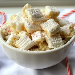 To make peppermint white chocolate muddy buddies, you will need: - 9 cups rice cereal (like Chex) - 1 cup white chocolate chips - ½ cup creamy peanut butter - ¼ cup unsalted butter - 1 teaspoon peppermint extract - 1 cup powdered sugar - ½ cup crushed peppermint candies (or candy canes) - Additional crushed peppermint for garnish If you need to swap something, here are some ideas: - Use almond butter instead of peanut butter for a nut-free version. - Swap white chocolate chips for butterscotch or milk chocolate chips if you prefer. - Use coconut oil in place of unsalted butter for a dairy-free option. - If you can’t find peppermint extract, use vanilla extract for a different flavor. For this recipe, gather these tools: - Large mixing bowl - Microwave-safe bowl - Measuring cups and spoons - Resealable plastic bag - Baking sheet - Parchment paper These tools will help you mix, melt, and chill your muddy buddies with ease. Enjoy making this festive treat! {{ingredient_image_1}} First, grab a large mixing bowl. Measure out 9 cups of rice cereal, like Chex. This cereal will give your muddy buddies a nice crunch. Once measured, set it aside. Make sure you have enough space to mix later. Next, take a microwave-safe bowl. Add 1 cup of white chocolate chips, ½ cup of creamy peanut butter, and ¼ cup of unsalted butter. Microwave this mix in 30-second intervals. Stir between each round until the mixture is smooth and fully melted. This blend gives your muddy buddies a sweet and creamy taste. After melting, stir in 1 teaspoon of peppermint extract. This step adds a fresh holiday flavor. Now, pour the melted mixture over the rice cereal. Gently fold the cereal to coat every piece. You want each piece to be covered without breaking it apart. Once coated, take a large resealable plastic bag. Add 1 cup of powdered sugar to the bag. Then, add the coated rice cereal. Seal the bag tightly. Shake it gently until the cereal is fully coated in powdered sugar. This step makes the muddy buddies sweet and helps the peppermint stick. Finally, open the bag and add ½ cup of crushed peppermint candies. Seal and shake again to mix. Now, your muddy buddies are ready to chill! To melt the white chocolate, I use a microwave-safe bowl. Add the white chocolate chips, creamy peanut butter, and unsalted butter. Microwave in 30-second bursts. Stir after each burst until the mix is smooth. This method helps prevent burning. If you do not have a microwave, use a double boiler on low heat. When mixing the cereal with the melted chocolate, be gentle. Pour the melted mixture over the rice cereal. Use a spatula to fold it in slowly. This keeps the cereal from breaking. Focus on getting every piece coated. You can also use two bowls to mix if it gets crowded. After mixing, spread the muddy buddies on a parchment-lined baking sheet. Let them cool at room temperature for about 30 minutes. This helps them set properly. If you want to speed up the process, place them in the fridge for about 15 minutes. Just don’t leave them too long or they may harden. Pro Tips Use High-Quality Chocolate: Opt for premium white chocolate chips for a smoother and richer flavor. Customize Your Peppermint: Adjust the amount of peppermint extract to suit your taste; start with less if you're unsure. Storage Tips: Store in an airtight container to keep your muddy buddies fresh and crunchy for longer. Festive Presentation: Enhance the holiday spirit by using colored sprinkles or edible glitter along with crushed peppermint for garnish. {{image_2}} You can change the flavor of your muddy buddies easily. Try using dark chocolate chips or milk chocolate chips instead of white chocolate. This will give your treat a deeper taste. You can also swap peppermint extract for other extracts, like vanilla or almond, for a unique twist. Mix-ins can add fun textures and flavors. Consider adding mini marshmallows for a chewy bite. You can also toss in chopped nuts like almonds or pecans for crunch. Dried fruits, like cranberries or cherries, add a sweet and tart flavor. Get creative and see what you like best! For each holiday, you can change the look and taste of your muddy buddies. For Halloween, add orange and black sprinkles. For Valentine’s Day, use pink candy melts and heart-shaped sprinkles. During Christmas, try adding colored chocolate drizzle on top for a festive touch. These changes make your treat special for any occasion! Keep your Peppermint White Chocolate Muddy Buddies in an airtight container. This helps keep them fresh and crunchy. You can use a glass jar or a plastic container with a good seal. Avoid storing them in warm places, as heat can melt the chocolate. When stored properly, these treats can last for about two weeks. If you want them to last longer, you can freeze them. Just make sure they are in an airtight container. When you are ready to enjoy them, let them thaw at room temperature. These muddy buddies make great gifts! Package them in festive paper cones or clear jars. Tie a pretty ribbon around the jar for a nice touch. You can also add a label with a sweet note. This adds a personal feel to your gift. Sharing these treats is a fun way to spread holiday cheer! Yes, you can mix it up! Use any cereal you like. Corn Chex or Rice Krispies work well. They will give a nice crunch. Just make sure the cereal is light and airy. This will help it soak up the white chocolate. To make this treat dairy-free, swap white chocolate chips for dairy-free ones. You can find many brands that taste great. Use coconut oil instead of butter for a smooth texture. Make sure your peanut butter is also dairy-free. This way, everyone can enjoy the treat! Crushing peppermint candies is easy! Place them in a zip-top bag. Use a rolling pin or a heavy pan to crush them. You can also pulse them in a food processor. Just make sure to not turn them into powder. You want nice, crunchy bits for your muddy buddies! You now know how to make tasty Muddy Buddies. We covered the key ingredients, tools, and step-by-step directions. I shared tips to perfect your recipe and added fun variations for every season. Remember, storing them right keeps them fresh longer. Whether for snacking or gifting, these treats are sure to please. Enjoy making them your way, and don’t shy away from getting creative!