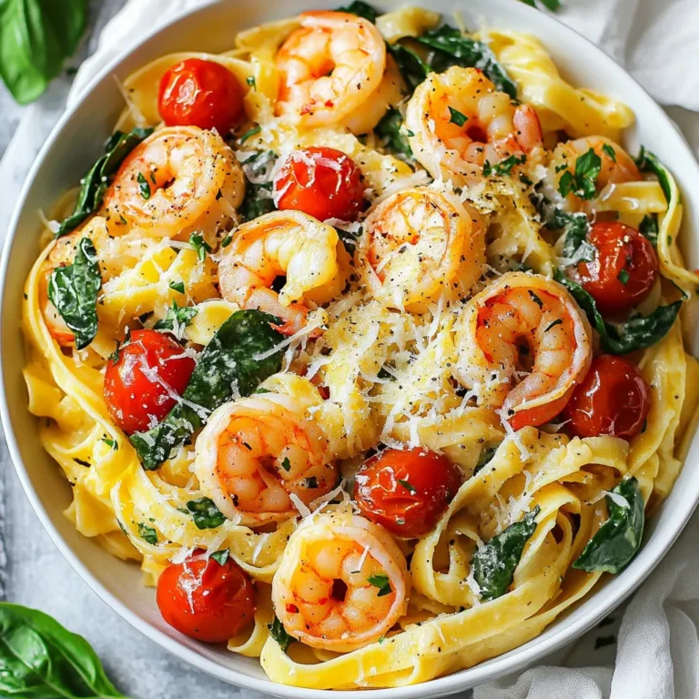 - 12 oz fettuccine pasta - 1 lb large shrimp, peeled and deveined - 1 cup heavy cream - 2 cups spinach, fresh - 3 cloves garlic, minced - 1/2 cup sun-dried tomatoes, chopped - 1 teaspoon Italian seasoning - 1/2 teaspoon red pepper flakes (optional) - 1/4 cup grated Parmesan cheese - Fresh basil leaves - Olive oil for drizzling When I make Tuscan shrimp pasta, I focus on fresh, quality ingredients. I love using fettuccine because it holds the creamy sauce well. The large shrimp should be peeled and deveined for easy cooking. Heavy cream creates a rich base that brings everything together. Fresh spinach adds a pop of color and a healthy touch. For flavor, I use garlic, which adds depth. Sun-dried tomatoes bring sweetness and a bit of tang. Italian seasoning gives a classic taste, and red pepper flakes can add heat, but it's optional. Finally, I finish the dish with grated Parmesan cheese, fresh basil, and a drizzle of olive oil. These garnishes elevate the dish and give it a beautiful look. Each ingredient plays a role in making this recipe a hearty delight. {{ingredient_image_1}} To boil pasta al dente, fill a large pot with water. Add salt to the water until it tastes like the sea. Bring the water to a boil. Add the fettuccine and cook it according to the package instructions. This usually takes about 10-12 minutes. You want the pasta to be firm, not soft. Tips for reserving pasta water: Before you drain the pasta, scoop out 1/2 cup of the water. This starchy water helps the sauce stick to the pasta later. Set it aside before draining the fettuccine. For perfect seasoning, add salt, black pepper, and Italian seasoning to your shrimp. Heat 2 tablespoons of olive oil in a large skillet over medium heat. Add the shrimp and cook for 2-3 minutes on each side. They should turn pink and opaque when done. How to know when shrimp are done: The shrimp are ready when they curl up slightly and lose their translucent look. Remove them from the skillet and set aside. In the same skillet, add 3 minced garlic cloves and, if you like spice, 1/2 teaspoon of red pepper flakes. Sauté for about 30 seconds until you smell the garlic. Next, add 1 cup of halved cherry tomatoes and 1/2 cup of chopped sun-dried tomatoes. Cook until the tomatoes soften, about 3-4 minutes. How to achieve the right creamy consistency: Lower the heat and stir in 1 cup of heavy cream. Let it simmer for 2 minutes. If the sauce seems too thick, add a splash of your reserved pasta water. Add 2 cups of fresh spinach to the skillet. Stir until the spinach wilts, then return the cooked shrimp to the skillet. Toss everything together until well mixed. Finally, add the drained fettuccine and mix again for even distribution. Tips for ensuring even mixing: Use tongs or a pasta fork to gently mix the ingredients without breaking the pasta. To plate the pasta attractively, use a large pasta bowl. Create a nest of fettuccine in the center. Adding finishing touches for visual appeal: Top with 1/4 cup of grated Parmesan cheese and a sprinkle of fresh basil leaves. A drizzle of high-quality olive oil adds a nice shine and flavor. - Avoid overcooking shrimp: Cook shrimp just until pink and opaque. This takes about 2-3 minutes per side. Overcooked shrimp become rubbery and tough. - Choosing the right size shrimp: Use large shrimp for this dish. They hold up well in the sauce and offer a nice bite. Smaller shrimp may overcook more easily. - Alternative creams to use: If you want a lighter sauce, try using half-and-half or a non-dairy cream. These options can still add richness. - Adding herbs for extra flavor: Fresh herbs like basil or parsley enhance the sauce. Toss them in right before serving for the best taste. - Best wines to serve with Tuscan Shrimp Pasta: A crisp white wine, like Pinot Grigio, works well. It complements the creaminess and shrimp flavor. - Complementary side dishes: A light salad or garlic bread pairs nicely. They add freshness and crunch to balance the rich pasta. Pro Tips Use Fresh Shrimp: Fresh shrimp will enhance the flavor of your dish significantly. If using frozen shrimp, make sure to thaw them completely before cooking. Customize the Spice: Adjust the amount of red pepper flakes according to your heat preference. For a milder dish, reduce the amount or omit it altogether. Perfectly Cooked Pasta: Ensure your fettuccine is cooked al dente, as it will continue to cook slightly when combined with the sauce. Garnish for Flavor: Don't skip the fresh basil and Parmesan cheese on top. They add a wonderful burst of flavor and make the dish visually appealing! {{image_2}} For a vegetarian twist, you can swap shrimp for mushrooms or tofu. Both options soak up flavor well. Use heavy cream or try coconut cream for a dairy-free choice. Adding veggies like bell peppers, zucchini, or asparagus can boost nutrition and color. To spice up your dish, add more red pepper flakes or diced jalapeños. You can also add hot sauce to the creamy sauce. If you like it really spicy, let the sauce simmer longer with these ingredients. This brings out their heat and flavor. If you need a gluten-free meal, use gluten-free pasta like brown rice or chickpea pasta. Check labels to avoid cross-contamination with gluten. Cook it in the same way as regular pasta for a delicious and safe meal. To keep your Tuscan shrimp pasta fresh, place it in an airtight container. This will help lock in flavors and moisture. Store it in the fridge right after it cools down. Cooked pasta lasts about three to five days in the fridge. If you want to keep it longer, consider freezing it. It can last up to three months in the freezer. You can reheat your pasta in two main ways: the microwave or stovetop. For the microwave, place the pasta in a bowl and add a splash of water. Cover it with a damp paper towel. Heat it in short bursts, stirring in between until warm. For stovetop, add a bit of olive oil to a pan over medium heat. Toss in the pasta and stir until heated through. To keep the pasta from becoming dry, always add a little water or cream while reheating. This will help maintain that creamy texture we love. Yes, you can use frozen shrimp. First, thaw the shrimp. Place them in a bowl of cold water for about 15-20 minutes. Change the water halfway through. Once thawed, drain and pat them dry with a towel. This helps them cook evenly. Cook the shrimp as directed in the recipe. If you want a lighter option, consider using half-and-half or whole milk mixed with a bit of flour. You can also try coconut milk for a dairy-free choice. Each option will change the flavor a bit, but they work well. Adjust the seasoning if needed to balance the taste. To save time, you can prepare the shrimp and sauce in advance. Cook the shrimp but don’t add them to the pasta yet. Store them in the fridge. Make the sauce just before serving. Cook the pasta when you’re ready to eat. This keeps everything fresh and tasty. This blog post covered how to make a delicious Tuscan shrimp pasta. You learned about key ingredients, cooking steps, and serving tips. We explored variations, storage tips, and answered common questions. Use this knowledge to create a tasty meal. Enjoy cooking and try different twists on the recipe. Making this dish can impress guests and satisfy your cravings. Happy cooking!
