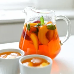 - 4 cups water - 4 black tea bags - 1 ripe peach, pitted and sliced - 1 tablespoon fresh ginger, grated - 1/4 cup honey or sugar (adjust to taste) - Ice cubes - Fresh peach slices and mint leaves for garnish These ingredients make a tasty drink. The water forms the base. Black tea gives it a rich flavor. Peaches add sweetness and freshness. Ginger gives a spicy kick. Honey or sugar helps balance the taste. Ice cubes keep the drink cool. The garnish makes it pretty. - Lemon slices - Fresh mint leaves - A splash of orange juice Adding lemon can brighten the drink. Mint leaves give a fresh aroma. Orange juice adds a new flavor twist. - Water: Keeps you hydrated. - Black tea: Packed with antioxidants. - Peach: Full of vitamins A and C. - Ginger: May help with digestion. - Honey: Offers natural sweetness and can soothe throats. - Ice cubes: Help cool down your drink. Each ingredient not only adds flavor but also brings health benefits. This drink is tasty and good for you! {{ingredient_image_1}} To make Ginger Peach Iced Tea, start with 4 cups of water. Bring the water to a boil in a medium saucepan. Once boiling, take it off the heat. Add 4 black tea bags and 1 tablespoon of grated ginger. Let these steep for about 5-7 minutes. The longer you steep, the stronger the tea will taste. After steeping, remove the tea bags. Stir in 1/4 cup of honey or sugar until it dissolves completely. Allow the tea to cool down to room temperature. Next, strain the tea into a pitcher. Add the sliced peach to the tea for extra flavor. Refrigerate it for at least 1 hour. This waiting time helps the flavors mix well. For the best taste, follow the steeping time closely. If you steep for too long, the tea can become bitter. You can also experiment with different types of tea. For a lighter flavor, try green tea. If you want more spice, consider chai tea. Remember, the ginger adds warmth, so adjust the amount to suit your taste. After chilling, it's time to serve! Fill your glasses with ice cubes. Pour the chilled tea over the ice. This keeps the tea cold and refreshing. For a nice touch, garnish each glass with fresh peach slices and mint leaves. This not only looks pretty but also adds a burst of flavor. Enjoy your delicious Ginger Peach Iced Tea on a hot summer day! To get the best flavor from your Ginger Peach Iced Tea, start with fresh ingredients. Use ripe peaches for a sweet taste. Grate fresh ginger, as it adds a spicy kick. Boil the water first, then steep the tea bags and ginger. Steep for 5-7 minutes for a strong flavor. If you want a lighter taste, steep for less time. Always taste as you go to find your perfect flavor. Sweetness is key in this drink. You can add honey or sugar based on your taste. Start with 1/4 cup and adjust from there. Mix well until it dissolves completely. If your peaches are very sweet, you may need less sugar. For a healthier option, try using agave or stevia. Taste the tea after sweetening to see if it fits your liking. Serving Ginger Peach Iced Tea is fun and easy. Fill each glass with ice cubes before pouring in the tea. For a lovely touch, garnish with fresh peach slices and mint leaves. This adds color and a fresh aroma. Try using tall glasses for a fancy look. You can also offer a slice of lemon or lime on the rim for an extra zing. Enjoy your refreshing drink on a warm day! Pro Tips Adjust Sweetness: Depending on the ripeness of the peach, you may want to adjust the amount of honey or sugar to suit your taste. Chill for Flavor: Allowing the tea to chill for at least an hour enhances the flavor as the peach and ginger infuse into the tea. Fresh Ingredients: Using fresh ginger and ripe peaches will give your iced tea a more vibrant and refreshing flavor. Tea Variety: Feel free to experiment with different types of tea, such as green or herbal, for a unique twist on this recipe. {{image_2}} You can make Ginger Peach Iced Tea even more unique by adding herbs. Mint works great. It gives a fresh taste. Basil is another option. It adds a sweet and spicy kick. Just add a few leaves while steeping the tea. You’ll get a burst of flavor! If you want a different sweet taste, try using agave syrup. It melts fast and has a mild flavor. You can also use stevia. It’s sweet but has no calories. Adjust the amount to fit your taste. This way, you can enjoy your tea without the extra sugar. Adding more fruit can make your tea even tastier. Berries like strawberries or raspberries pair nicely with peach. Citrus slices like lemon or lime add a zesty twist. Just toss them in the pitcher with the tea. Each sip will surprise you with new flavors! To store leftover ginger peach iced tea, pour it into a clean pitcher. Seal it well with a lid. You want to keep air out. This helps the tea stay fresh and flavorful. If you have a glass jar, that works too. Just make sure it’s tight. Keep the iced tea in the fridge. It’s best to drink it within a few days. Avoid adding ice directly to the pitcher. Ice will melt and water down the tea. Instead, add ice to your glass when serving. This keeps the tea strong and tasty. If stored properly, ginger peach iced tea lasts about 3 to 5 days. After that, the taste may fade. The peach slices can also get mushy. If you notice any off smells or flavors, it’s best to toss it. Always trust your senses when it comes to food safety. Yes, you can use fresh peaches. Fresh peaches taste vibrant and sweet. They add a nice texture to the tea. Just slice one ripe peach and add it to your tea mix. Make sure the peach is juicy for the best flavor. To make a caffeine-free version, swap black tea for herbal tea. Rooibos or chamomile work well. These teas add a light flavor and keep the drink caffeine-free. Follow the same steps in the recipe for steeping. You can find pre-made Ginger Peach Iced Tea at many grocery stores. Look in the beverage aisle or the tea section. Some cafes and tea shops also sell it. Check local markets for fresh, homemade options. If you want to substitute honey, try maple syrup or agave syrup. Both add sweetness without altering the flavor too much. You can also use sugar or a sugar substitute to fit your taste. Ginger peach iced tea is a refreshing drink you can easily make at home. We explored essential ingredients and preparation steps, ensuring you craft the perfect brew. I shared tips for flavor and sweetness, plus variations to suit your taste. Learn how to store leftovers and answered common questions. Enjoy this delightful drink anytime. You can customize it and make it your own!