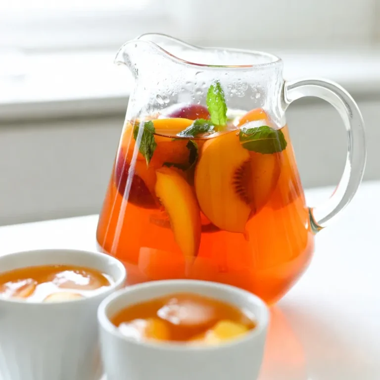 - 4 cups water - 4 black tea bags - 1 ripe peach, pitted and sliced - 1 tablespoon fresh ginger, grated - 1/4 cup honey or sugar (adjust to taste) - Ice cubes - Fresh peach slices and mint leaves for garnish These ingredients make a tasty drink. The water forms the base. Black tea gives it a rich flavor. Peaches add sweetness and freshness. Ginger gives a spicy kick. Honey or sugar helps balance the taste. Ice cubes keep the drink cool. The garnish makes it pretty. - Lemon slices - Fresh mint leaves - A splash of orange juice Adding lemon can brighten the drink. Mint leaves give a fresh aroma. Orange juice adds a new flavor twist. - Water: Keeps you hydrated. - Black tea: Packed with antioxidants. - Peach: Full of vitamins A and C. - Ginger: May help with digestion. - Honey: Offers natural sweetness and can soothe throats. - Ice cubes: Help cool down your drink. Each ingredient not only adds flavor but also brings health benefits. This drink is tasty and good for you! {{ingredient_image_1}} To make Ginger Peach Iced Tea, start with 4 cups of water. Bring the water to a boil in a medium saucepan. Once boiling, take it off the heat. Add 4 black tea bags and 1 tablespoon of grated ginger. Let these steep for about 5-7 minutes. The longer you steep, the stronger the tea will taste. After steeping, remove the tea bags. Stir in 1/4 cup of honey or sugar until it dissolves completely. Allow the tea to cool down to room temperature. Next, strain the tea into a pitcher. Add the sliced peach to the tea for extra flavor. Refrigerate it for at least 1 hour. This waiting time helps the flavors mix well. For the best taste, follow the steeping time closely. If you steep for too long, the tea can become bitter. You can also experiment with different types of tea. For a lighter flavor, try green tea. If you want more spice, consider chai tea. Remember, the ginger adds warmth, so adjust the amount to suit your taste. After chilling, it's time to serve! Fill your glasses with ice cubes. Pour the chilled tea over the ice. This keeps the tea cold and refreshing. For a nice touch, garnish each glass with fresh peach slices and mint leaves. This not only looks pretty but also adds a burst of flavor. Enjoy your delicious Ginger Peach Iced Tea on a hot summer day! To get the best flavor from your Ginger Peach Iced Tea, start with fresh ingredients. Use ripe peaches for a sweet taste. Grate fresh ginger, as it adds a spicy kick. Boil the water first, then steep the tea bags and ginger. Steep for 5-7 minutes for a strong flavor. If you want a lighter taste, steep for less time. Always taste as you go to find your perfect flavor. Sweetness is key in this drink. You can add honey or sugar based on your taste. Start with 1/4 cup and adjust from there. Mix well until it dissolves completely. If your peaches are very sweet, you may need less sugar. For a healthier option, try using agave or stevia. Taste the tea after sweetening to see if it fits your liking. Serving Ginger Peach Iced Tea is fun and easy. Fill each glass with ice cubes before pouring in the tea. For a lovely touch, garnish with fresh peach slices and mint leaves. This adds color and a fresh aroma. Try using tall glasses for a fancy look. You can also offer a slice of lemon or lime on the rim for an extra zing. Enjoy your refreshing drink on a warm day! Pro Tips Adjust Sweetness: Depending on the ripeness of the peach, you may want to adjust the amount of honey or sugar to suit your taste. Chill for Flavor: Allowing the tea to chill for at least an hour enhances the flavor as the peach and ginger infuse into the tea. Fresh Ingredients: Using fresh ginger and ripe peaches will give your iced tea a more vibrant and refreshing flavor. Tea Variety: Feel free to experiment with different types of tea, such as green or herbal, for a unique twist on this recipe. {{image_2}} You can make Ginger Peach Iced Tea even more unique by adding herbs. Mint works great. It gives a fresh taste. Basil is another option. It adds a sweet and spicy kick. Just add a few leaves while steeping the tea. You’ll get a burst of flavor! If you want a different sweet taste, try using agave syrup. It melts fast and has a mild flavor. You can also use stevia. It’s sweet but has no calories. Adjust the amount to fit your taste. This way, you can enjoy your tea without the extra sugar. Adding more fruit can make your tea even tastier. Berries like strawberries or raspberries pair nicely with peach. Citrus slices like lemon or lime add a zesty twist. Just toss them in the pitcher with the tea. Each sip will surprise you with new flavors! To store leftover ginger peach iced tea, pour it into a clean pitcher. Seal it well with a lid. You want to keep air out. This helps the tea stay fresh and flavorful. If you have a glass jar, that works too. Just make sure it’s tight. Keep the iced tea in the fridge. It’s best to drink it within a few days. Avoid adding ice directly to the pitcher. Ice will melt and water down the tea. Instead, add ice to your glass when serving. This keeps the tea strong and tasty. If stored properly, ginger peach iced tea lasts about 3 to 5 days. After that, the taste may fade. The peach slices can also get mushy. If you notice any off smells or flavors, it’s best to toss it. Always trust your senses when it comes to food safety. Yes, you can use fresh peaches. Fresh peaches taste vibrant and sweet. They add a nice texture to the tea. Just slice one ripe peach and add it to your tea mix. Make sure the peach is juicy for the best flavor. To make a caffeine-free version, swap black tea for herbal tea. Rooibos or chamomile work well. These teas add a light flavor and keep the drink caffeine-free. Follow the same steps in the recipe for steeping. You can find pre-made Ginger Peach Iced Tea at many grocery stores. Look in the beverage aisle or the tea section. Some cafes and tea shops also sell it. Check local markets for fresh, homemade options. If you want to substitute honey, try maple syrup or agave syrup. Both add sweetness without altering the flavor too much. You can also use sugar or a sugar substitute to fit your taste. Ginger peach iced tea is a refreshing drink you can easily make at home. We explored essential ingredients and preparation steps, ensuring you craft the perfect brew. I shared tips for flavor and sweetness, plus variations to suit your taste. Learn how to store leftovers and answered common questions. Enjoy this delightful drink anytime. You can customize it and make it your own!