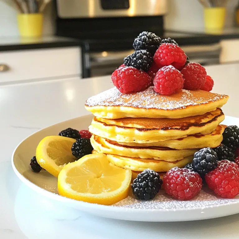 To make these lemon ricotta pancakes, gather the following ingredients: - 1 cup ricotta cheese - 2 large eggs - 1/4 cup granulated sugar - Zest of 1 lemon - 1 tablespoon lemon juice - 1 cup all-purpose flour - 1 teaspoon baking powder - 1/2 teaspoon baking soda - 1/4 teaspoon salt - 1/2 cup milk (more as needed) - Butter or oil for cooking - Powdered sugar and fresh berries for serving Each ingredient plays a key role in creating fluffy and tasty pancakes. The ricotta cheese gives a creamy texture. Eggs add structure and help with rising. Sugar brings sweetness, while lemon zest and juice add a bright flavor. All-purpose flour is the base for the batter. Baking powder and baking soda help the pancakes rise. A touch of salt enhances all the flavors. Milk adjusts the batter's thickness, making it pourable. Finally, cooking fat ensures a nice golden crust. For serving, powdered sugar and fresh berries add a sweet finish. These ingredients come together to create a delightful breakfast treat that’s hard to resist! {{ingredient_image_1}} Start by taking a large bowl. In this bowl, add the ricotta cheese, eggs, granulated sugar, lemon zest, and lemon juice. Use a whisk to mix everything well. Make sure the ingredients are combined nicely. The mixture should be smooth and creamy. This step is crucial for flavor. The lemon zest adds a bright touch, while the ricotta gives richness. Now, grab another bowl and mix the dry ingredients. Combine the all-purpose flour, baking powder, baking soda, and salt. Use a whisk to break up any lumps in the flour. This helps the pancakes rise well. Mixing these dry ingredients ensures even distribution of the baking powder and soda. Next, it’s time to make the batter. Gradually add the dry mix to the ricotta mixture. Alternate this with the milk. Start with a little dry mix, then add some milk. Keep mixing until just combined. Avoid overmixing; this keeps the pancakes fluffy. If the batter seems too thick, add more milk. You want a pourable consistency that flows easily. Heat a skillet or griddle over medium heat. Add a small amount of butter or oil. Once the skillet is hot, pour 1/4 cup of batter for each pancake. Cook for about 2-3 minutes. Look for bubbles forming on the surface. When the edges look slightly set, it’s time to flip. Cook for another 2-3 minutes until golden brown. Repeat this with the remaining batter, adding more butter or oil as needed. Serve your pancakes warm, topped with powdered sugar and fresh berries for a delightful breakfast. To make great pancakes, you must not overmix the batter. Overmixing makes pancakes tough. Instead, mix just until the dry and wet ingredients blend. You want lumps in the batter; they help keep it fluffy. If your batter seems thick, add a little more milk. The right thickness should allow the batter to pour easily but not run off too fast. The right skillet temperature is key. You want your skillet hot but not smoking. A medium heat works best. To check, sprinkle a bit of water onto the skillet. If it sizzles and dances, it’s ready. Choosing between butter and oil depends on your taste. Butter gives a rich flavor, while oil helps the pancakes brown nicely. You can even mix the two for the best of both worlds. Lemon ricotta pancakes shine with simple toppings. Dust them with powdered sugar for a sweet touch. Fresh berries like strawberries or blueberries add a burst of flavor and color. For a complete breakfast, serve these pancakes with crispy bacon or a side of yogurt. This mix gives you a balance of sweet and savory. Pro Tips Use Fresh Ingredients: Always opt for fresh lemons and quality ricotta for the best flavor in your pancakes. Don't Overmix: Gently combine the wet and dry ingredients to keep the pancakes light and fluffy. Temperature Control: Ensure your skillet is at the right temperature; too hot will burn the pancakes while too cool will make them soggy. Customize Toppings: Feel free to add chocolate chips, nuts, or your favorite fruits to the batter for an extra twist. {{image_2}} You can switch things up with different flavors. Try other citrus fruits like lime or orange. These fruits add a unique twist. You can also add fresh herbs. Basil or mint can bring fresh notes to your pancakes. If you need a gluten-free option, use almond or coconut flour instead of all-purpose flour. These choices keep the pancakes light and fluffy. For those who want a dairy-free version, look for plant-based ricotta. These options still taste great and keep the pancakes moist. Toppings can change the whole meal. Instead of just berries, try sliced bananas or roasted apples. You can also drizzle maple syrup, honey, or chocolate sauce on top. These toppings make each bite even better and more exciting. To store leftover pancakes, place them in a single layer. Use a plate to avoid sticking. If you want to stack them, add parchment paper between each pancake. Wrap them tightly with plastic wrap or place them in an airtight container. This keeps them fresh and tasty. The best containers for storage are glass or BPA-free plastic. These containers seal well and help keep moisture out. You can also use a resealable plastic bag. Just make sure to remove as much air as you can before sealing. To freeze your pancakes, let them cool completely first. Then, stack them with parchment paper between each pancake. This prevents them from sticking together. Place the stack in a freezer-safe bag or container. For reheating, you can use the microwave or toaster oven. In the microwave, heat for about 30 seconds to one minute. In a toaster oven, bake at 350°F for about 5-10 minutes. These pancakes can last in the freezer for up to two months. Just remember to label the bag or container with the date. This way, you know when to use them for the best flavor. Yes, you can make Lemon Ricotta Pancakes ahead of time. You can store the cooked pancakes in the fridge for up to three days. Just place them in an airtight container. When you are ready to eat, warm them in a skillet or microwave. This saves time on busy mornings. To keep your pancakes fluffy, do not overmix the batter. Mix until just combined. If your batter is too thick, add a bit more milk. This helps create air pockets that make the pancakes light. Also, make sure your baking powder and baking soda are fresh. This gives the pancakes a good rise. If you don’t have ricotta cheese, you can use cottage cheese. Just blend it until smooth. Cream cheese is another option, but it will change the taste. Greek yogurt is a good choice too; it adds creaminess and tang. Each substitute will give a different flavor and texture. Yes, these pancakes are great for meal prep. You can make a big batch and freeze them. Just stack them with parchment paper between each pancake. When you want some, pop them in the toaster or microwave. This makes breakfast quick and easy during the week. In this blog post, I shared how to make delicious Lemon Ricotta Pancakes. We covered the key ingredients, step-by-step instructions, and helpful tips for perfect pancakes. I also included variations and storage tips to keep your pancakes fresh. With these skills, you can enjoy tasty pancakes any day. Try different flavors or toppings to customize your meal. Making Lemon Ricotta Pancakes is easy and fun for everyone! Enjoy your cooking adventure!