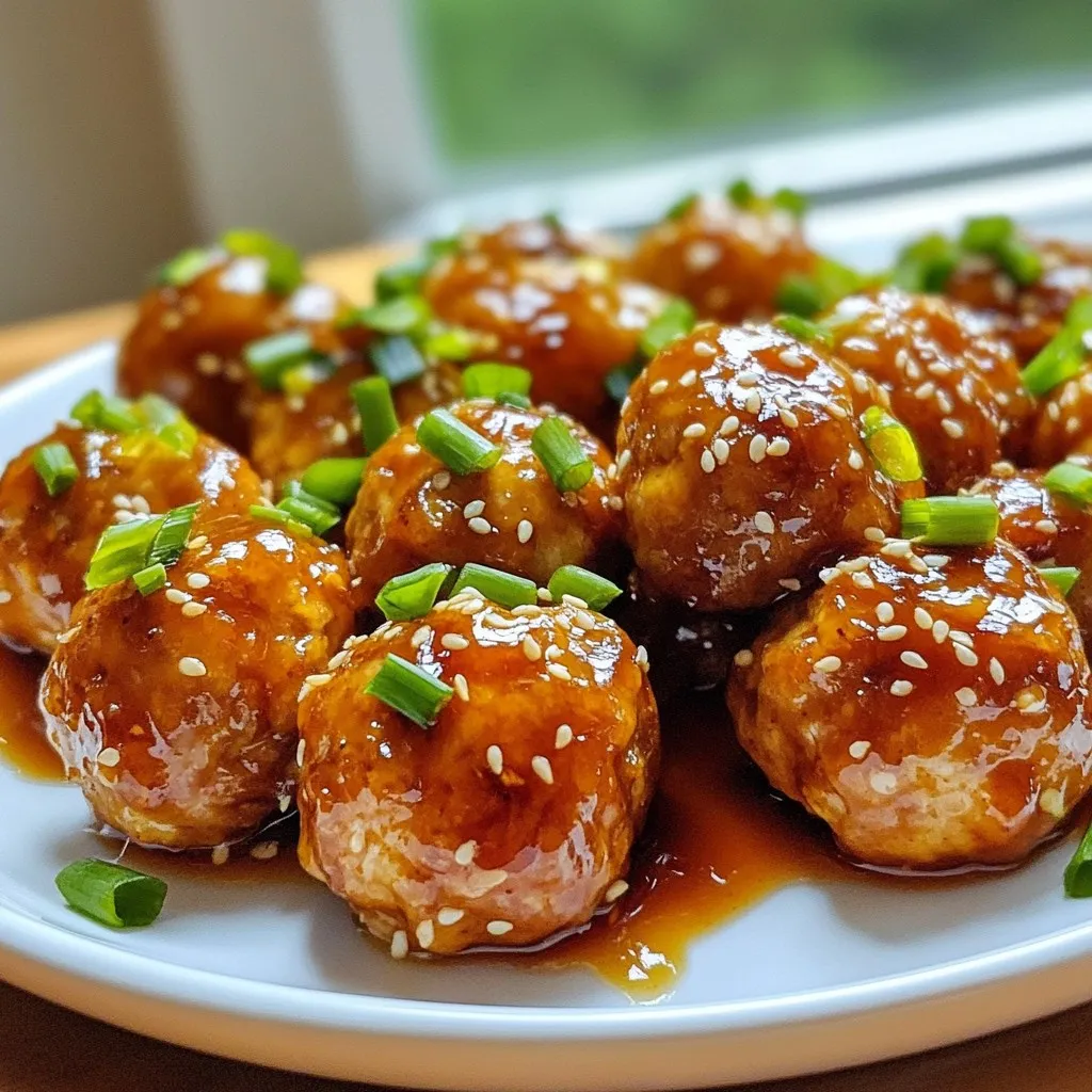 - 1 lb ground chicken - 1/2 cup breadcrumbs - 1/4 cup grated Parmesan cheese - 1 large egg - 2 cloves garlic, minced - 1 tablespoon soy sauce - 1 teaspoon onion powder - 1 teaspoon garlic powder - Salt and pepper to taste - 1/2 cup honey - 3 tablespoons soy sauce (for glaze) - 1 tablespoon rice vinegar - 1 teaspoon sesame oil - Garnishing options: chopped green onions, sesame seeds The main ingredients in this recipe form a strong base. Ground chicken gives the meatballs their protein. Breadcrumbs help bind them, while Parmesan adds a nice cheesy flavor. The egg acts as a binder, keeping everything together. The seasonings really elevate the dish. Freshly minced garlic brings a bold taste. Soy sauce adds a savory depth, while onion powder and garlic powder enhance the overall flavor. Don’t forget to season with salt and pepper to balance everything. The honey garlic glaze is what makes these meatballs shine. Honey provides sweetness that pairs perfectly with the savory soy sauce. Rice vinegar adds a touch of acidity, and sesame oil gives a nutty aroma. For the final touch, garnish with green onions and sesame seeds for a bright, fresh finish. This combination of ingredients creates a flavor explosion. Each bite is a mix of sweet, savory, and umami. You can easily adjust the glaze to fit your taste. If you like it sweeter, add more honey. For more depth, increase the soy sauce. Enjoy crafting these delicious meatballs! {{ingredient_image_1}} 1. Preheat the oven and line the baking sheet: Start by setting your oven to 400°F (200°C). This temperature helps the meatballs cook evenly and get golden brown. Line your baking sheet with parchment paper. This will keep the meatballs from sticking. 2. Mixing meatball ingredients: In a large bowl, combine the following ingredients: - 1 lb ground chicken - 1/2 cup breadcrumbs - 1/4 cup grated Parmesan cheese - 1 large egg - 2 cloves garlic, minced - 1 tablespoon soy sauce - 1 teaspoon onion powder - 1 teaspoon garlic powder - Salt and pepper to taste Mix these ingredients well. You want a smooth blend that holds together. 1. Forming meatballs and placing them on the baking sheet: With your hands, shape the mixture into small meatballs, about 1 inch wide. Place them evenly on the baking sheet. Leave some space between them to allow for even cooking. 2. Baking meatballs to desired doneness: Bake the meatballs in the oven for about 20 minutes. They should be cooked through and golden on the outside. To check doneness, you can cut one open. It should be no longer pink inside. 1. Combining ingredients in a saucepan: While the meatballs are baking, you can make the glaze. In a small saucepan over medium heat, mix the following: - 1/2 cup honey - 3 tablespoons soy sauce - 1 tablespoon rice vinegar - 1 teaspoon sesame oil Stir this mixture occasionally to avoid sticking. 2. Simmering and thickening the glaze: Let the mixture come to a simmer. Lower the heat and let it simmer for 5 to 7 minutes. The glaze will begin to thicken. Stir it to keep it smooth. After the meatballs are done, transfer them to the saucepan with the glaze. Toss them gently to coat each meatball in the sweet, sticky sauce. Let them simmer for a few more minutes to soak up all that flavor. To make tasty meatballs, mix all ingredients well. Use your hands to ensure even flavor. Ground chicken, breadcrumbs, and cheese blend nicely when mixed thoroughly. Aim for meatballs about 1 inch wide. This size helps them cook evenly in 20 minutes. If they are too big, they may not cook through. Always check with a meat thermometer. They should reach 165°F for safe eating. When glazing meatballs, timing is key. Coat them right after baking for maximum flavor. Gently toss each meatball in the glaze. This helps the sauce stick better. Adjust the sweetness by adding more honey or soy sauce. If you want a tangy kick, add a bit more rice vinegar. Taste the glaze before using it. This ensures it fits your preference. For a beautiful presentation, use a nice platter. Place the meatballs in a circle and sprinkle chopped green onions and sesame seeds on top. This adds color and flair. Serve with steamed rice or in lettuce cups. Lettuce cups let everyone make their own wraps. You can also pair them with a tangy dipping sauce for extra flavor. Enjoy! Pro Tips Use Fresh Ingredients: Fresh garlic and high-quality ground chicken will enhance the flavor of your meatballs significantly. Don’t Overmix: Mix the meatball ingredients just until combined to keep them tender and avoid a tough texture. Adjust the Glaze: Feel free to tweak the honey and soy sauce ratio in the glaze to suit your taste preference for sweetness or saltiness. Experiment with Garnishes: Try adding crushed red pepper flakes or chopped cilantro for an extra flavor kick and visual appeal. {{image_2}} You can swap ground chicken for ground turkey or beef. Both options work well and add different tastes. If you prefer a healthier choice, use ground turkey. For a richer flavor, beef is great. Instead of breadcrumbs, try oats or quinoa as binders. They add texture and nutrients. Oats give a nutty flavor, while quinoa makes the meatballs light and fluffy. Want a kick? Make spicy honey garlic meatballs! Add red pepper flakes or chopped jalapeños to the mix. This gives your dish a fun twist. For an Asian flair, mix in ginger or chili paste. These ingredients boost the flavor and add depth. They blend perfectly with the honey and garlic. These meatballs shine in many dishes. Serve them in wraps for a quick lunch. Place them over rice for a hearty dinner. You can also use them as appetizers at parties. Just add toothpicks and watch them disappear! To store leftover meatballs, place them in an airtight container. Make sure they cool first. This helps keep them fresh for up to three days. To prevent drying, add a bit of glaze over the meatballs before sealing the container. This extra moisture keeps them tasty. To freeze meatballs, allow them to cool completely. Lay them out on a baking sheet in a single layer first. Once frozen, transfer them to a freezer bag. This method helps prevent sticking. For the glaze, store it in a separate container. When you're ready to eat, thaw the meatballs overnight in the fridge. Reheat them in the oven at 350°F (175°C) until hot, about 15 minutes. You can also microwave them for a quick meal. Just be careful not to overcook! If you need a swap for breadcrumbs, try these options: - Crushed cornflakes work well for a crunchy texture. - Oats can bind the meatballs and add some fiber. - Ground almonds or almond flour are good for a nutty flavor. - You can use gluten-free breadcrumbs for a gluten-free dish. Each option gives a unique taste and texture, so choose what you like best. To know if your meatballs are done, check their internal temperature. Use a meat thermometer and aim for 165°F (75°C). This ensures they are fully cooked and safe to eat. If you don’t have a thermometer, cut one open. The meat should be white with no pink inside. Yes, you can make these meatballs ahead of time! Here’s how: - Prepare the meatballs and place them on a baking sheet. - Cover and refrigerate them for up to 24 hours. - You can also freeze cooked meatballs. Store them in an airtight container. - To reheat, place them in the oven until warm. This makes meal prep easy and quick! This blog post covered making delicious honey garlic meatballs from scratch. You learned about the main ingredients like ground chicken, breadcrumbs, and seasonings. I shared step-by-step instructions for cooking and glazing the meatballs. You also discovered tips for perfecting both the meatballs and the glaze. Incorporating various swaps and flavors can keep this dish exciting. Plus, proper storage methods ensure you enjoy them later. I hope you feel ready to try this easy recipe in your kitchen!