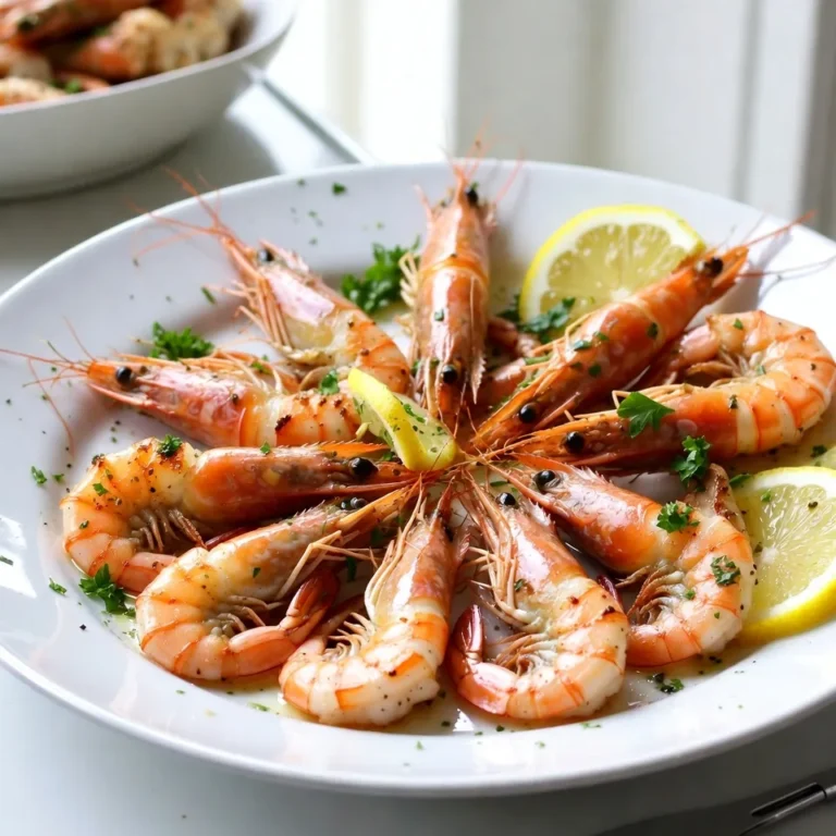 - 1 pound large shrimp, peeled and deveined - 4 tablespoons olive oil - 4 cloves garlic, minced - Zest and juice of 1 lemon - 1 teaspoon red pepper flakes - Salt and black pepper to taste - Fresh parsley, chopped (for garnish) - Lemon slices (for garnish) For this lemon garlic roasted shrimp, you need fresh shrimp. Choose large shrimp for the best texture. Look for shrimp that are pink and firm. You will also need olive oil, which adds richness. Fresh garlic brings a strong aroma. The lemon zest and juice give a bright note. Red pepper flakes add a mild kick. Adjust the amount based on your taste. Don't forget salt and black pepper. They enhance all the other flavors. Finally, fresh parsley and lemon slices make the dish look pretty. These garnishes add color and freshness when serving. Having all the ingredients ready makes cooking easier. Measure everything before you start. This way, you can focus on mixing and roasting. Trust me; it makes the process smooth and fun! {{ingredient_image_1}} First, I preheat the oven to 400°F (200°C). This helps the shrimp cook evenly. Next, I grab a large mixing bowl. I pour in 4 tablespoons of olive oil. Then, I add 4 cloves of minced garlic. I zest one lemon and squeeze in its juice. I sprinkle in 1 teaspoon of red pepper flakes, along with salt and black pepper. I mix everything well to make a nice marinade. Now it’s time for the shrimp. I take 1 pound of large shrimp, peeled and deveined. I add the shrimp to the bowl. I toss them in the marinade until they are well coated. I let them marinate for about 15-20 minutes. This waiting time helps all those flavors blend together. While the shrimp marinates, I line a baking sheet with parchment paper. This makes cleanup easy later. After marinating, I spread the shrimp evenly on the baking sheet in a single layer. I put the baking sheet in the oven and roast the shrimp. I set a timer for 8-10 minutes. I check them to see if they are pink and opaque. If they are, they are done! I make sure not to overcook them. Overcooked shrimp can get tough and chewy. Once the shrimp are out of the oven, I garnish them for a nice look. I sprinkle freshly chopped parsley on top. I also add lemon slices for a fresh touch. For serving, I like to use a large platter. I place the roasted shrimp on it with lemon wedges. For gatherings, I serve them in individual bowls with toothpicks. This makes it easy for guests to enjoy! To cook shrimp perfectly, timing is key. I suggest roasting shrimp for 8-10 minutes at 400°F (200°C). Watch closely for color changes. The shrimp should turn pink and opaque when done. To avoid overcooking, start checking at the 8-minute mark. Remove them as soon as they look right. Overcooked shrimp can become rubbery and tough. If you’re unsure, take one out and check. If it's tender and juicy, you're good to go! You can add extra spices or herbs to boost flavor. Try using paprika for a smoky touch. Fresh herbs like basil or cilantro can also brighten the dish. Different citrus fruits can add unique flavors. Substitute lemon with lime or orange for a twist. Each fruit brings its own taste and aroma, making this dish even more exciting. Experiment to find your favorite! Pro Tips Marinate for Flavor: Allow the shrimp to marinate for at least 15-20 minutes. This step enhances the flavor, making the dish more vibrant and delicious. Don't Overcook: Keep a close eye on the shrimp while roasting. They only need 8-10 minutes in the oven; overcooking can lead to a rubbery texture. Fresh Ingredients Matter: Use fresh garlic and lemon for the best flavor. Fresh ingredients elevate the dish and provide a bright, zesty taste. Perfect Presentation: Serve the shrimp on a large platter garnished with parsley and lemon slices. This not only looks appealing but also invites guests to dig in! {{image_2}} You can swap shrimp for other seafood. Fish like scallops or salmon works great. They soak up the lemon and garlic flavor well. Just keep an eye on the cooking time. For a vegan option, try using mushrooms or firm tofu. They can soak up the marinade, too. You might want to grill or bake them for a nice texture. You can grill or bake shrimp. Grilling adds a smoky touch that many love. Just be sure to oil the grill grates. This helps prevent sticking. Baking is simple and keeps all the juices in. Spread the shrimp on a baking sheet and roast until pink. Pan-searing shrimp is another option. Heat oil in a pan over medium-high heat. Cook the shrimp for about 2-3 minutes on each side. This method gives a nice crust and flavor. Experiment with these ways to enjoy lemon garlic roasted shrimp! To keep your lemon garlic roasted shrimp fresh, refrigerate them right away. Place the shrimp in an airtight container. This helps them stay juicy and flavorful. Use the shrimp within 2-3 days for the best taste. If you want to save shrimp for a longer time, freezing is a good option. First, let the shrimp cool completely. Then, place them in a single layer on a baking sheet. Freeze them for about 1 hour. Once frozen, transfer the shrimp to a freezer-safe bag. Remove as much air as possible before sealing. You can keep the shrimp in the freezer for up to 3 months. When you are ready to eat your leftovers, reheating gently is key. You can use the oven, microwave, or stovetop. If you use the oven, preheat it to 300°F (150°C). Spread the shrimp on a baking sheet and warm for about 5-7 minutes. This keeps them from becoming tough. If you choose the microwave, place the shrimp on a microwave-safe plate. Heat in 30-second intervals to avoid overcooking. Check frequently to see if they are warm enough. For the stovetop, heat a skillet over medium-low heat. Add a bit of olive oil and then the shrimp. Stir gently for a few minutes until heated through. This method helps maintain the flavor. Enjoy your delicious leftovers just as much as the first time! How much shrimp per person should I serve? I suggest ¼ pound of shrimp per person. This amount gives a good serving size. For four people, one pound of shrimp works great. Can I marinate the shrimp overnight? Yes, you can marinate shrimp overnight. It helps the flavors soak in well. Just remember to keep it in the fridge. Over-marinating can make the shrimp too soft. What sides pair well with roasted shrimp? Roasted shrimp goes well with many sides. Here are a few ideas: - Garlic bread - Steamed vegetables - Rice or quinoa - Salad with lemon vinaigrette These sides add color and balance to your meal. Enjoy mixing and matching! We covered how to make lemon garlic roasted shrimp. You learned about the key ingredients and step-by-step cooking tips. We shared ways to enhance flavor and suggested variations for other diets. Proper storage and reheating methods ensure leftovers remain tasty. Remember, cooking shrimp is easy with practice. Enjoy creating this dish at home and impress your family or friends. Simple and delicious, it's a perfect meal for any occasion.